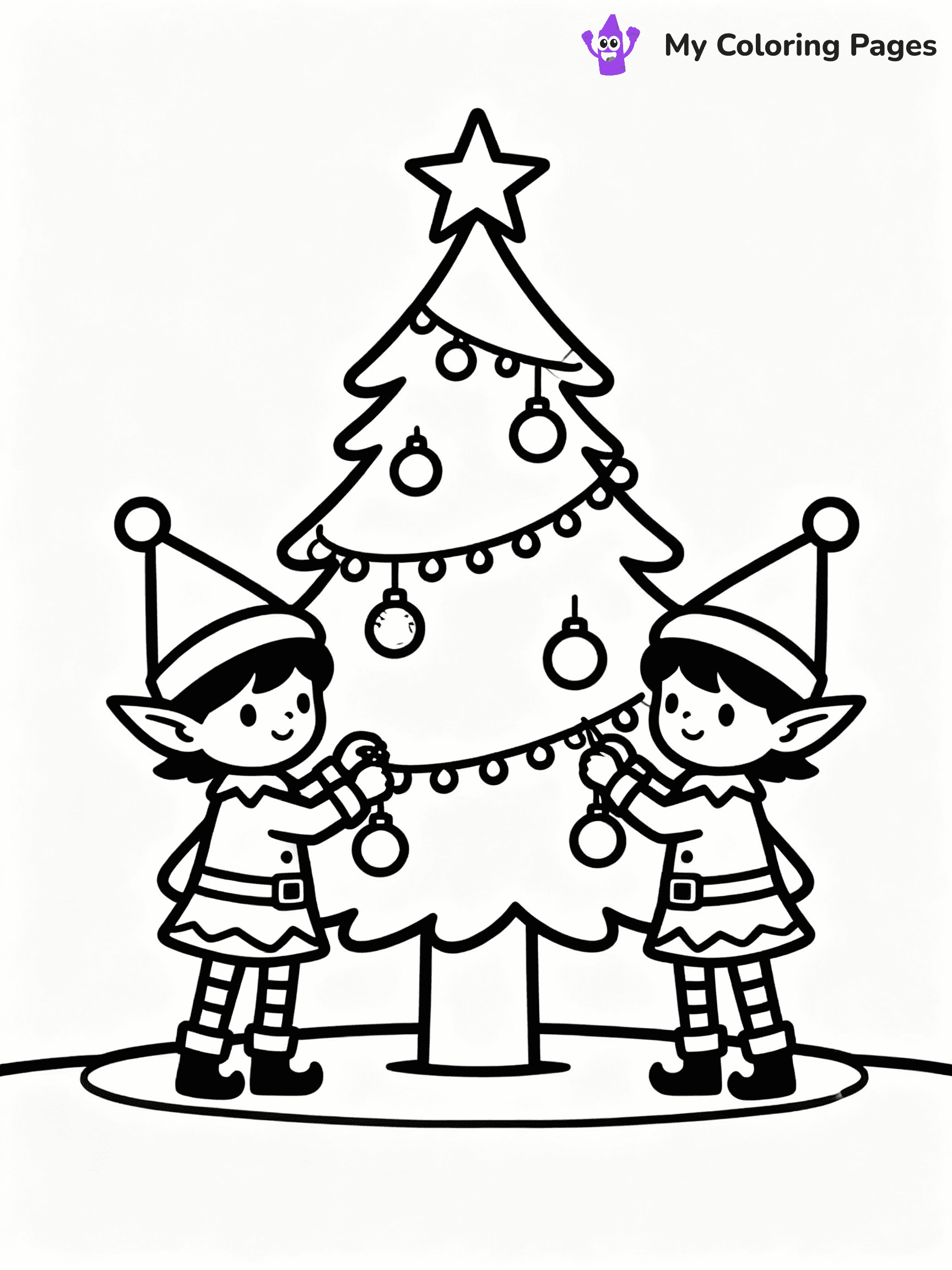 ⚠️ CRITICAL REQUIREMENT - ABSOLUTE BLACK AND WHITE ONLY ⚠️
This MUST be a BLACK AND WHITE line drawing ONLY. NO COLORS whatsoever.
- ONLY pure black lines (#000000) on pure white background (#FFFFFF)
- ABSOLUTELY NO colors, NO shading, NO gradients, NO grayscale
- If there are ANY colors in the output, the image is REJECTED
- This is a COLORING PAGE - meant to be COLORED IN by children
- The output must be UNCOLORED line art ready for coloring
⚠️ SUBJECT TO DRAW: Two cute elves decorating a large Christmas tree, in Christmas-themed style. PURE OUTLINES. NO FILLS, COLOR, SHADING, OR GREYSCALE. WHITE BACKGROUND.
(REMEMBER: Output must be BLACK AND WHITE line art only, NOT colored!)
# Flat, Friendly Cartoon Line-Art Coloring Page
You are generating a **pure black-and-white binary image** of a child-friendly cartoon scene combining characters and background scenery in one cohesive composition.
## Rendering Rules (Strict)
- Only two colors: pure black (#000000) outlines and pure white (#FFFFFF) background.
- No grayscale, shading, gradients, tints, fills, transparency, or partial pixels.
- No antialiasing or blended edges; every pixel is 100% black or white.
- No solid black fills inside shapes — all areas inside outlines must remain white.
- No dark clothing areas or filled tone blocks; all garments outlined only.
- No shadows, textures, lighting, or tonal variations.
- Must look like flat binary vector line-art for coloring pages.
## Drawing & Composition
- **Medium, consistent line weight**; clean closed outlines easy to color inside.
- **Flat, simple, child-friendly design** — no realism or 3D depth.
- Characters are **grounded on a surface**, centered and large.
- **Balanced composition** with clear silhouettes and minimal props.
## Scenery & Style
- Landmarks (e.g., mosque, CN Tower) and scenery (trees, benches, waves) drawn with **black outlines only.**
- For real-world figures, teams, or places, show accurate details using only black outlines—no text or logos. Use distinctive uniform patterns, abstract symbols, and landmark silhouettes to convey identity.
- Keep **consistent perspective**; no floating elements.
- **Style:** whimsical **Doodle Art Alley** — rounded, friendly outlines.
- May adapt shapes from **Crayola, Disney, Peppa Pig, Cocomelon** — *by shape only, never color.*
- Final output: **flat, crisp, binary (#000000/#FFFFFF)**, **no filled color or background text.**
EXTREMELYE IMPORTANT:
- PURE BINARY LINE-ART; NO FILLS (HAIR/CLOTHES/SKIN), SHADING, OR GREY.
- NO SHADING, COLOR. MUST BE WHITE BACKGROUND.
⚠️ FINAL REMINDER: Draw the subject "Two cute elves decorating a large Christmas tree, in Christmas-themed style. PURE OUTLINES. NO FILLS, COLOR, SHADING, OR GREYSCALE. WHITE BACKGROUND." as BLACK AND WHITE line art. Zero colors in output.