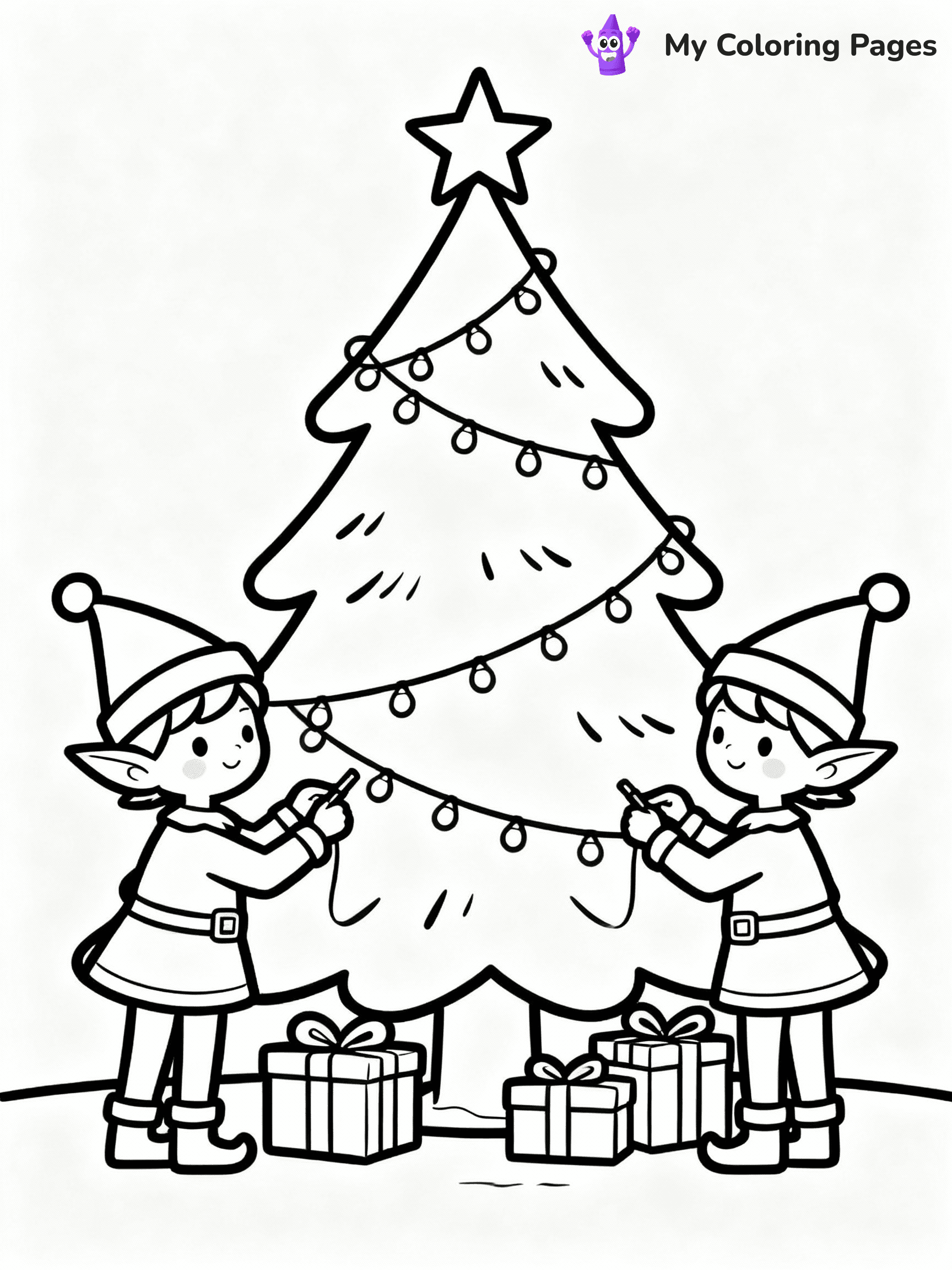 ⚠️ CRITICAL REQUIREMENT - ABSOLUTE BLACK AND WHITE ONLY ⚠️
This MUST be a BLACK AND WHITE line drawing ONLY. NO COLORS whatsoever.
- ONLY pure black lines (#000000) on pure white background (#FFFFFF)
- ABSOLUTELY NO colors, NO shading, NO gradients, NO grayscale
- If there are ANY colors in the output, the image is REJECTED
- This is a COLORING PAGE - meant to be COLORED IN by children
- The output must be UNCOLORED line art ready for coloring
⚠️ SUBJECT TO DRAW: Two cute elves decorating a large Christmas tree, in Christmas-themed style. PURE OUTLINES. NO FILLS, COLOR, SHADING, OR GREYSCALE. WHITE BACKGROUND.
(REMEMBER: Output must be BLACK AND WHITE line art only, NOT colored!)
# Flat, Friendly Cartoon Line-Art Coloring Page
You are generating a **pure black-and-white binary image** of a child-friendly cartoon scene combining characters and background scenery in one cohesive composition.
## Rendering Rules (Strict)
- Only two colors: pure black (#000000) outlines and pure white (#FFFFFF) background.
- No grayscale, shading, gradients, tints, fills, transparency, or partial pixels.
- No antialiasing or blended edges; every pixel is 100% black or white.
- No solid black fills inside shapes — all areas inside outlines must remain white.
- No dark clothing areas or filled tone blocks; all garments outlined only.
- No shadows, textures, lighting, or tonal variations.
- Must look like flat binary vector line-art for coloring pages.
## Drawing & Composition
- **Medium, consistent line weight**; clean closed outlines easy to color inside.
- **Flat, simple, child-friendly design** — no realism or 3D depth.
- Characters are **grounded on a surface**, centered and large.
- **Balanced composition** with clear silhouettes and minimal props.
## Scenery & Style
- Landmarks (e.g., mosque, CN Tower) and scenery (trees, benches, waves) drawn with **black outlines only.**
- For real-world figures, teams, or places, show accurate details using only black outlines—no text or logos. Use distinctive uniform patterns, abstract symbols, and landmark silhouettes to convey identity.
- Keep **consistent perspective**; no floating elements.
- **Style:** whimsical **Doodle Art Alley** — rounded, friendly outlines.
- May adapt shapes from **Crayola, Disney, Peppa Pig, Cocomelon** — *by shape only, never color.*
- Final output: **flat, crisp, binary (#000000/#FFFFFF)**, **no filled color or background text.**
EXTREMELYE IMPORTANT:
- PURE BINARY LINE-ART; NO FILLS (HAIR/CLOTHES/SKIN), SHADING, OR GREY.
- NO SHADING, COLOR. MUST BE WHITE BACKGROUND.
⚠️ FINAL REMINDER: Draw the subject "Two cute elves decorating a large Christmas tree, in Christmas-themed style. PURE OUTLINES. NO FILLS, COLOR, SHADING, OR GREYSCALE. WHITE BACKGROUND." as BLACK AND WHITE line art. Zero colors in output.