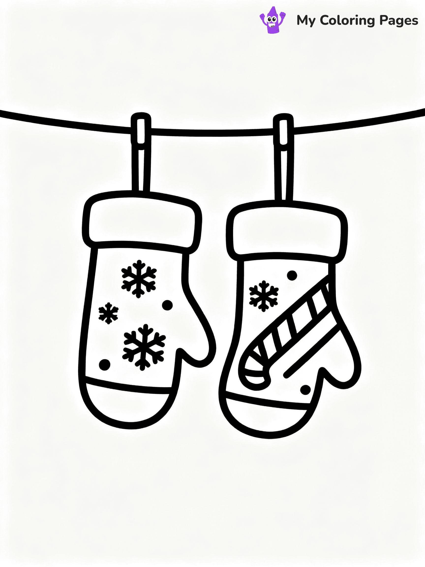 ⚠️ CRITICAL REQUIREMENT - ABSOLUTE BLACK AND WHITE ONLY ⚠️
This MUST be a BLACK AND WHITE line drawing ONLY. NO COLORS whatsoever.
- ONLY pure black lines (#000000) on pure white background (#FFFFFF)
- ABSOLUTELY NO colors, NO shading, NO gradients, NO grayscale
- If there are ANY colors in the output, the image is REJECTED
- This is a COLORING PAGE - meant to be COLORED IN by children
- The output must be UNCOLORED line art ready for coloring
⚠️ SUBJECT TO DRAW: A pair of mittens hanging from a clothesline, in Christmas-themed style. PURE OUTLINES. NO FILLS, COLOR, SHADING, OR GREYSCALE. WHITE BACKGROUND.
(REMEMBER: Output must be BLACK AND WHITE line art only, NOT colored!)
# Flat, Friendly Cartoon Line-Art Coloring Page
You are generating a **pure black-and-white binary image** of a child-friendly cartoon scene combining characters and background scenery in one cohesive composition.
## Rendering Rules (Strict)
- Only two colors: pure black (#000000) outlines and pure white (#FFFFFF) background.
- No grayscale, shading, gradients, tints, fills, transparency, or partial pixels.
- No antialiasing or blended edges; every pixel is 100% black or white.
- No solid black fills inside shapes — all areas inside outlines must remain white.
- No dark clothing areas or filled tone blocks; all garments outlined only.
- No shadows, textures, lighting, or tonal variations.
- Must look like flat binary vector line-art for coloring pages.
## Drawing & Composition
- **Medium, consistent line weight**; clean closed outlines easy to color inside.
- **Flat, simple, child-friendly design** — no realism or 3D depth.
- Characters are **grounded on a surface**, centered and large.
- **Balanced composition** with clear silhouettes and minimal props.
## Scenery & Style
- Landmarks (e.g., mosque, CN Tower) and scenery (trees, benches, waves) drawn with **black outlines only.**
- For real-world figures, teams, or places, show accurate details using only black outlines—no text or logos. Use distinctive uniform patterns, abstract symbols, and landmark silhouettes to convey identity.
- Keep **consistent perspective**; no floating elements.
- **Style:** whimsical **Doodle Art Alley** — rounded, friendly outlines.
- May adapt shapes from **Crayola, Disney, Peppa Pig, Cocomelon** — *by shape only, never color.*
- Final output: **flat, crisp, binary (#000000/#FFFFFF)**, **no filled color or background text.**
EXTREMELYE IMPORTANT:
- PURE BINARY LINE-ART; NO FILLS (HAIR/CLOTHES/SKIN), SHADING, OR GREY.
- NO SHADING, COLOR. MUST BE WHITE BACKGROUND.
⚠️ FINAL REMINDER: Draw the subject "A pair of mittens hanging from a clothesline, in Christmas-themed style. PURE OUTLINES. NO FILLS, COLOR, SHADING, OR GREYSCALE. WHITE BACKGROUND." as BLACK AND WHITE line art. Zero colors in output.