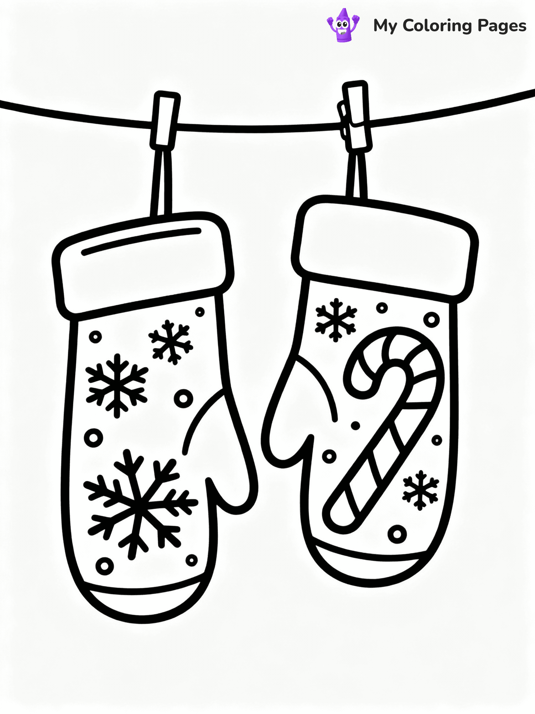 ⚠️ CRITICAL REQUIREMENT - ABSOLUTE BLACK AND WHITE ONLY ⚠️
This MUST be a BLACK AND WHITE line drawing ONLY. NO COLORS whatsoever.
- ONLY pure black lines (#000000) on pure white background (#FFFFFF)
- ABSOLUTELY NO colors, NO shading, NO gradients, NO grayscale
- If there are ANY colors in the output, the image is REJECTED
- This is a COLORING PAGE - meant to be COLORED IN by children
- The output must be UNCOLORED line art ready for coloring
⚠️ SUBJECT TO DRAW: A pair of mittens hanging from a clothesline, in Christmas-themed style. PURE OUTLINES. NO FILLS, COLOR, SHADING, OR GREYSCALE. WHITE BACKGROUND.
(REMEMBER: Output must be BLACK AND WHITE line art only, NOT colored!)
# Flat, Friendly Cartoon Line-Art Coloring Page
You are generating a **pure black-and-white binary image** of a child-friendly cartoon scene combining characters and background scenery in one cohesive composition.
## Rendering Rules (Strict)
- Only two colors: pure black (#000000) outlines and pure white (#FFFFFF) background.
- No grayscale, shading, gradients, tints, fills, transparency, or partial pixels.
- No antialiasing or blended edges; every pixel is 100% black or white.
- No solid black fills inside shapes — all areas inside outlines must remain white.
- No dark clothing areas or filled tone blocks; all garments outlined only.
- No shadows, textures, lighting, or tonal variations.
- Must look like flat binary vector line-art for coloring pages.
## Drawing & Composition
- **Medium, consistent line weight**; clean closed outlines easy to color inside.
- **Flat, simple, child-friendly design** — no realism or 3D depth.
- Characters are **grounded on a surface**, centered and large.
- **Balanced composition** with clear silhouettes and minimal props.
## Scenery & Style
- Landmarks (e.g., mosque, CN Tower) and scenery (trees, benches, waves) drawn with **black outlines only.**
- For real-world figures, teams, or places, show accurate details using only black outlines—no text or logos. Use distinctive uniform patterns, abstract symbols, and landmark silhouettes to convey identity.
- Keep **consistent perspective**; no floating elements.
- **Style:** whimsical **Doodle Art Alley** — rounded, friendly outlines.
- May adapt shapes from **Crayola, Disney, Peppa Pig, Cocomelon** — *by shape only, never color.*
- Final output: **flat, crisp, binary (#000000/#FFFFFF)**, **no filled color or background text.**
EXTREMELYE IMPORTANT:
- PURE BINARY LINE-ART; NO FILLS (HAIR/CLOTHES/SKIN), SHADING, OR GREY.
- NO SHADING, COLOR. MUST BE WHITE BACKGROUND.
⚠️ FINAL REMINDER: Draw the subject "A pair of mittens hanging from a clothesline, in Christmas-themed style. PURE OUTLINES. NO FILLS, COLOR, SHADING, OR GREYSCALE. WHITE BACKGROUND." as BLACK AND WHITE line art. Zero colors in output.