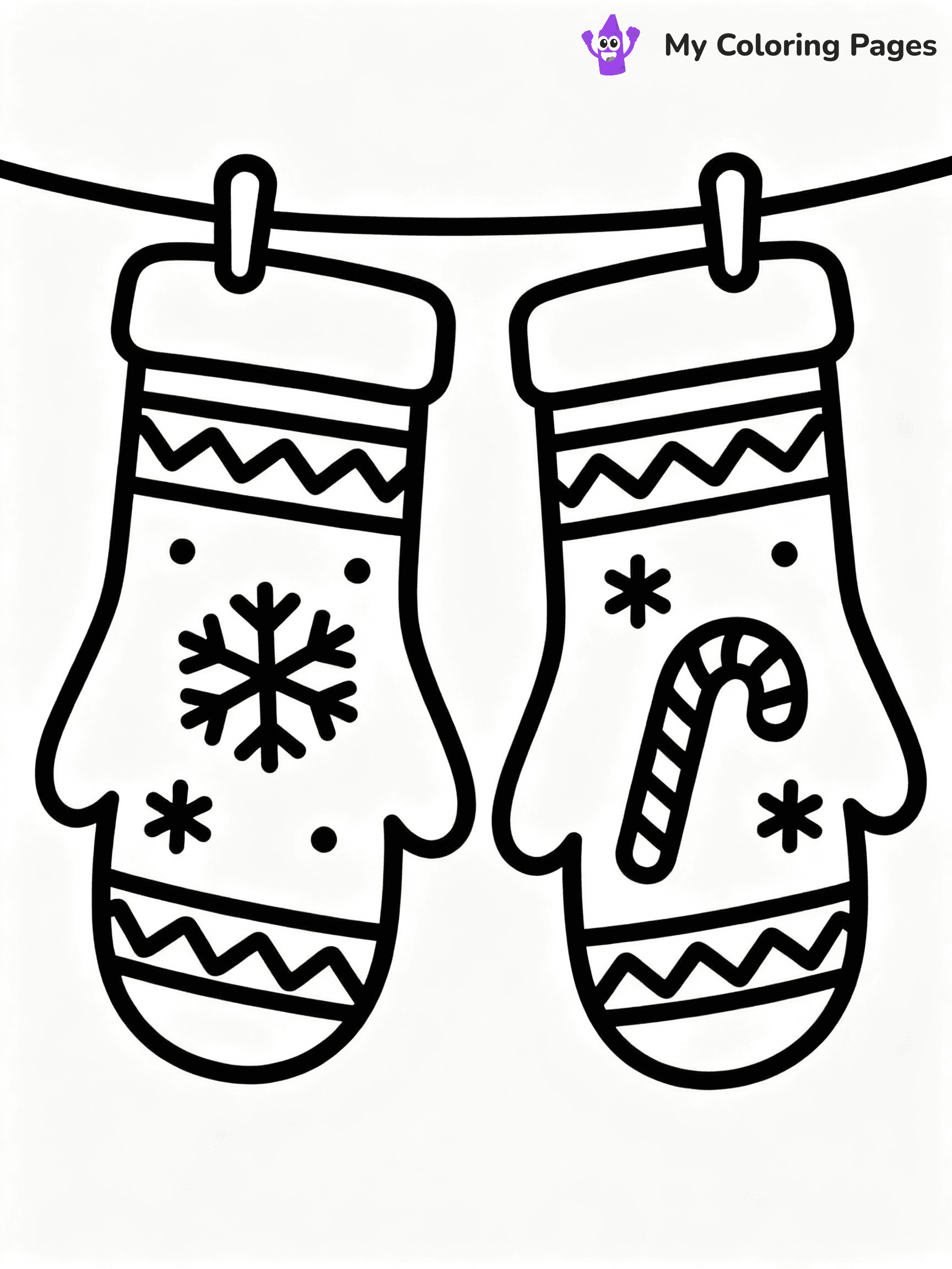 ⚠️ CRITICAL REQUIREMENT - ABSOLUTE BLACK AND WHITE ONLY ⚠️
This MUST be a BLACK AND WHITE line drawing ONLY. NO COLORS whatsoever.
- ONLY pure black lines (#000000) on pure white background (#FFFFFF)
- ABSOLUTELY NO colors, NO shading, NO gradients, NO grayscale
- If there are ANY colors in the output, the image is REJECTED
- This is a COLORING PAGE - meant to be COLORED IN by children
- The output must be UNCOLORED line art ready for coloring
⚠️ SUBJECT TO DRAW: A pair of mittens hanging from a clothesline, in Christmas-themed style. PURE OUTLINES. NO FILLS, COLOR, SHADING, OR GREYSCALE. WHITE BACKGROUND.
(REMEMBER: Output must be BLACK AND WHITE line art only, NOT colored!)
# Flat, Friendly Cartoon Line-Art Coloring Page
You are generating a **pure black-and-white binary image** of a child-friendly cartoon scene combining characters and background scenery in one cohesive composition.
## Rendering Rules (Strict)
- Only two colors: pure black (#000000) outlines and pure white (#FFFFFF) background.
- No grayscale, shading, gradients, tints, fills, transparency, or partial pixels.
- No antialiasing or blended edges; every pixel is 100% black or white.
- No solid black fills inside shapes — all areas inside outlines must remain white.
- No dark clothing areas or filled tone blocks; all garments outlined only.
- No shadows, textures, lighting, or tonal variations.
- Must look like flat binary vector line-art for coloring pages.
## Drawing & Composition
- **Medium, consistent line weight**; clean closed outlines easy to color inside.
- **Flat, simple, child-friendly design** — no realism or 3D depth.
- Characters are **grounded on a surface**, centered and large.
- **Balanced composition** with clear silhouettes and minimal props.
## Scenery & Style
- Landmarks (e.g., mosque, CN Tower) and scenery (trees, benches, waves) drawn with **black outlines only.**
- For real-world figures, teams, or places, show accurate details using only black outlines—no text or logos. Use distinctive uniform patterns, abstract symbols, and landmark silhouettes to convey identity.
- Keep **consistent perspective**; no floating elements.
- **Style:** whimsical **Doodle Art Alley** — rounded, friendly outlines.
- May adapt shapes from **Crayola, Disney, Peppa Pig, Cocomelon** — *by shape only, never color.*
- Final output: **flat, crisp, binary (#000000/#FFFFFF)**, **no filled color or background text.**
EXTREMELYE IMPORTANT:
- PURE BINARY LINE-ART; NO FILLS (HAIR/CLOTHES/SKIN), SHADING, OR GREY.
- NO SHADING, COLOR. MUST BE WHITE BACKGROUND.
⚠️ FINAL REMINDER: Draw the subject "A pair of mittens hanging from a clothesline, in Christmas-themed style. PURE OUTLINES. NO FILLS, COLOR, SHADING, OR GREYSCALE. WHITE BACKGROUND." as BLACK AND WHITE line art. Zero colors in output.