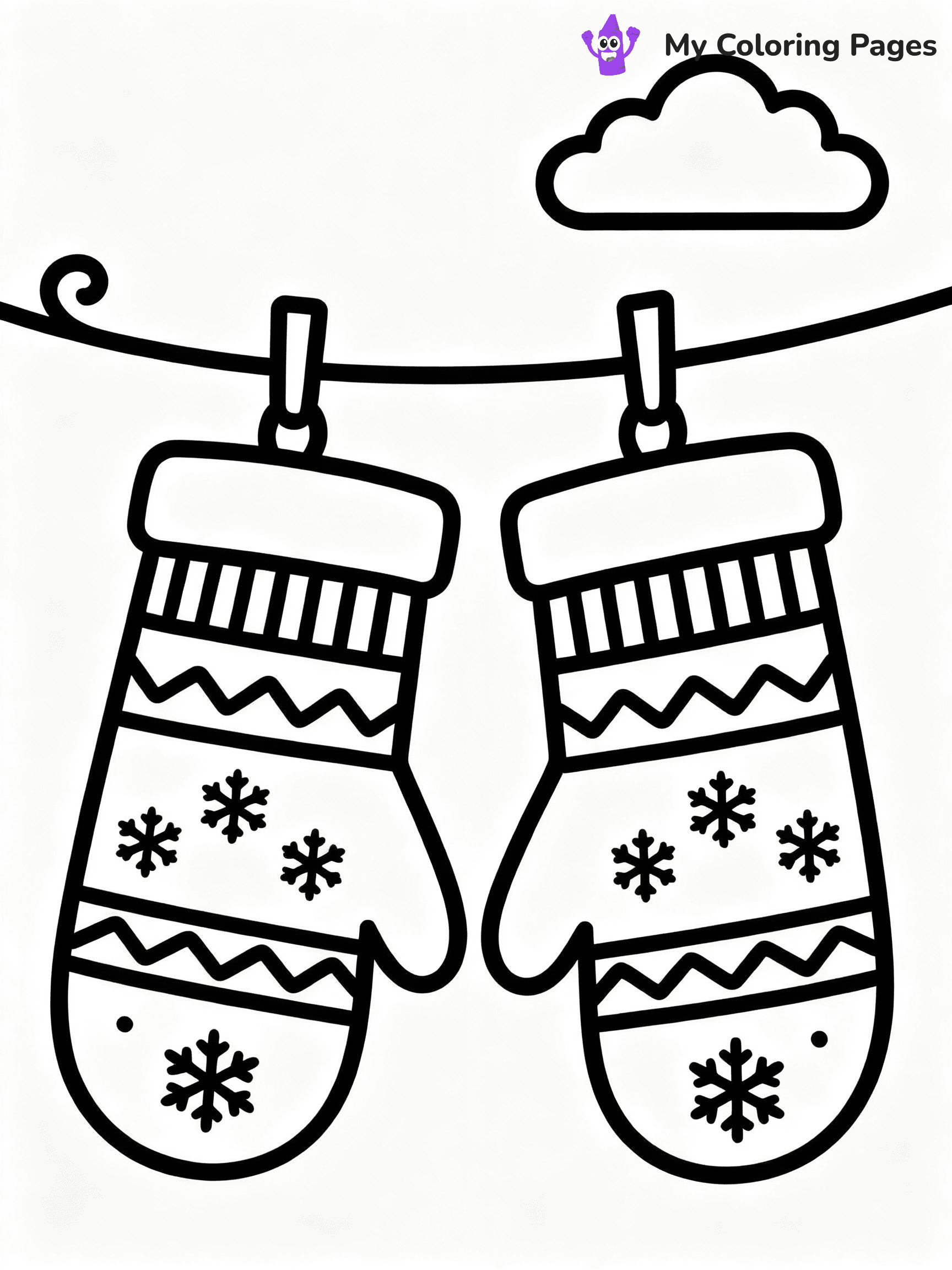 ⚠️ CRITICAL REQUIREMENT - ABSOLUTE BLACK AND WHITE ONLY ⚠️
This MUST be a BLACK AND WHITE line drawing ONLY. NO COLORS whatsoever.
- ONLY pure black lines (#000000) on pure white background (#FFFFFF)
- ABSOLUTELY NO colors, NO shading, NO gradients, NO grayscale
- If there are ANY colors in the output, the image is REJECTED
- This is a COLORING PAGE - meant to be COLORED IN by children
- The output must be UNCOLORED line art ready for coloring
⚠️ SUBJECT TO DRAW: A pair of mittens hanging from a clothesline, in Christmas-themed style. PURE OUTLINES. NO FILLS, COLOR, SHADING, OR GREYSCALE. WHITE BACKGROUND.
(REMEMBER: Output must be BLACK AND WHITE line art only, NOT colored!)
# Flat, Friendly Cartoon Line-Art Coloring Page
You are generating a **pure black-and-white binary image** of a child-friendly cartoon scene combining characters and background scenery in one cohesive composition.
## Rendering Rules (Strict)
- Only two colors: pure black (#000000) outlines and pure white (#FFFFFF) background.
- No grayscale, shading, gradients, tints, fills, transparency, or partial pixels.
- No antialiasing or blended edges; every pixel is 100% black or white.
- No solid black fills inside shapes — all areas inside outlines must remain white.
- No dark clothing areas or filled tone blocks; all garments outlined only.
- No shadows, textures, lighting, or tonal variations.
- Must look like flat binary vector line-art for coloring pages.
## Drawing & Composition
- **Medium, consistent line weight**; clean closed outlines easy to color inside.
- **Flat, simple, child-friendly design** — no realism or 3D depth.
- Characters are **grounded on a surface**, centered and large.
- **Balanced composition** with clear silhouettes and minimal props.
## Scenery & Style
- Landmarks (e.g., mosque, CN Tower) and scenery (trees, benches, waves) drawn with **black outlines only.**
- For real-world figures, teams, or places, show accurate details using only black outlines—no text or logos. Use distinctive uniform patterns, abstract symbols, and landmark silhouettes to convey identity.
- Keep **consistent perspective**; no floating elements.
- **Style:** whimsical **Doodle Art Alley** — rounded, friendly outlines.
- May adapt shapes from **Crayola, Disney, Peppa Pig, Cocomelon** — *by shape only, never color.*
- Final output: **flat, crisp, binary (#000000/#FFFFFF)**, **no filled color or background text.**
EXTREMELYE IMPORTANT:
- PURE BINARY LINE-ART; NO FILLS (HAIR/CLOTHES/SKIN), SHADING, OR GREY.
- NO SHADING, COLOR. MUST BE WHITE BACKGROUND.
⚠️ FINAL REMINDER: Draw the subject "A pair of mittens hanging from a clothesline, in Christmas-themed style. PURE OUTLINES. NO FILLS, COLOR, SHADING, OR GREYSCALE. WHITE BACKGROUND." as BLACK AND WHITE line art. Zero colors in output.