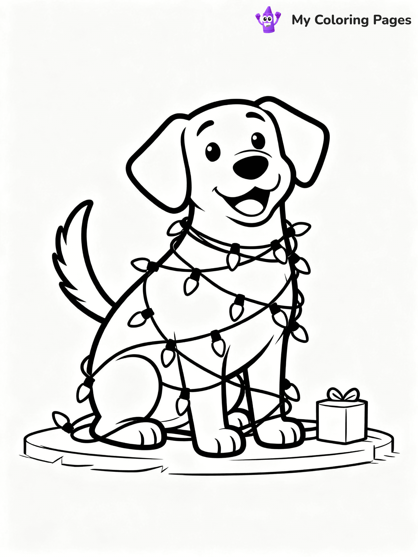 ⚠️ CRITICAL REQUIREMENT - ABSOLUTE BLACK AND WHITE ONLY ⚠️
This MUST be a BLACK AND WHITE line drawing ONLY. NO COLORS whatsoever.
- ONLY pure black lines (#000000) on pure white background (#FFFFFF)
- ABSOLUTELY NO colors, NO shading, NO gradients, NO grayscale
- If there are ANY colors in the output, the image is REJECTED
- This is a COLORING PAGE - meant to be COLORED IN by children
- The output must be UNCOLORED line art ready for coloring
⚠️ SUBJECT TO DRAW: A dog tangled in Christmas lights wagging its tail, in Christmas-themed style. PURE OUTLINES. NO FILLS, COLOR, SHADING, OR GREYSCALE. WHITE BACKGROUND.
(REMEMBER: Output must be BLACK AND WHITE line art only, NOT colored!)
# Flat, Friendly Cartoon Line-Art Coloring Page
You are generating a **pure black-and-white binary image** of a child-friendly cartoon scene combining characters and background scenery in one cohesive composition.
## Rendering Rules (Strict)
- Only two colors: pure black (#000000) outlines and pure white (#FFFFFF) background.
- No grayscale, shading, gradients, tints, fills, transparency, or partial pixels.
- No antialiasing or blended edges; every pixel is 100% black or white.
- No solid black fills inside shapes — all areas inside outlines must remain white.
- No dark clothing areas or filled tone blocks; all garments outlined only.
- No shadows, textures, lighting, or tonal variations.
- Must look like flat binary vector line-art for coloring pages.
## Drawing & Composition
- **Medium, consistent line weight**; clean closed outlines easy to color inside.
- **Flat, simple, child-friendly design** — no realism or 3D depth.
- Characters are **grounded on a surface**, centered and large.
- **Balanced composition** with clear silhouettes and minimal props.
## Scenery & Style
- Landmarks (e.g., mosque, CN Tower) and scenery (trees, benches, waves) drawn with **black outlines only.**
- For real-world figures, teams, or places, show accurate details using only black outlines—no text or logos. Use distinctive uniform patterns, abstract symbols, and landmark silhouettes to convey identity.
- Keep **consistent perspective**; no floating elements.
- **Style:** whimsical **Doodle Art Alley** — rounded, friendly outlines.
- May adapt shapes from **Crayola, Disney, Peppa Pig, Cocomelon** — *by shape only, never color.*
- Final output: **flat, crisp, binary (#000000/#FFFFFF)**, **no filled color or background text.**
EXTREMELYE IMPORTANT:
- PURE BINARY LINE-ART; NO FILLS (HAIR/CLOTHES/SKIN), SHADING, OR GREY.
- NO SHADING, COLOR. MUST BE WHITE BACKGROUND.
⚠️ FINAL REMINDER: Draw the subject "A dog tangled in Christmas lights wagging its tail, in Christmas-themed style. PURE OUTLINES. NO FILLS, COLOR, SHADING, OR GREYSCALE. WHITE BACKGROUND." as BLACK AND WHITE line art. Zero colors in output.