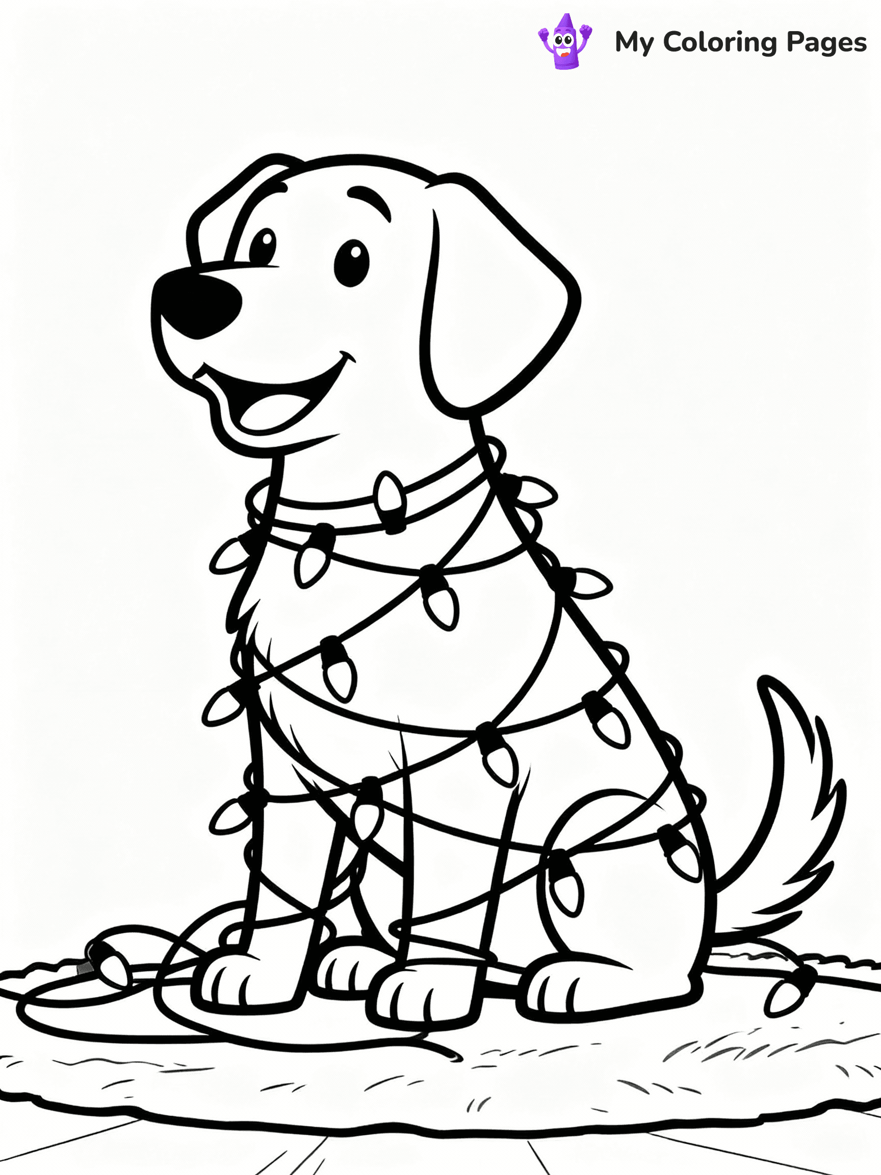 ⚠️ CRITICAL REQUIREMENT - ABSOLUTE BLACK AND WHITE ONLY ⚠️
This MUST be a BLACK AND WHITE line drawing ONLY. NO COLORS whatsoever.
- ONLY pure black lines (#000000) on pure white background (#FFFFFF)
- ABSOLUTELY NO colors, NO shading, NO gradients, NO grayscale
- If there are ANY colors in the output, the image is REJECTED
- This is a COLORING PAGE - meant to be COLORED IN by children
- The output must be UNCOLORED line art ready for coloring
⚠️ SUBJECT TO DRAW: A dog tangled in Christmas lights wagging its tail, in Christmas-themed style. PURE OUTLINES. NO FILLS, COLOR, SHADING, OR GREYSCALE. WHITE BACKGROUND.
(REMEMBER: Output must be BLACK AND WHITE line art only, NOT colored!)
# Flat, Friendly Cartoon Line-Art Coloring Page
You are generating a **pure black-and-white binary image** of a child-friendly cartoon scene combining characters and background scenery in one cohesive composition.
## Rendering Rules (Strict)
- Only two colors: pure black (#000000) outlines and pure white (#FFFFFF) background.
- No grayscale, shading, gradients, tints, fills, transparency, or partial pixels.
- No antialiasing or blended edges; every pixel is 100% black or white.
- No solid black fills inside shapes — all areas inside outlines must remain white.
- No dark clothing areas or filled tone blocks; all garments outlined only.
- No shadows, textures, lighting, or tonal variations.
- Must look like flat binary vector line-art for coloring pages.
## Drawing & Composition
- **Medium, consistent line weight**; clean closed outlines easy to color inside.
- **Flat, simple, child-friendly design** — no realism or 3D depth.
- Characters are **grounded on a surface**, centered and large.
- **Balanced composition** with clear silhouettes and minimal props.
## Scenery & Style
- Landmarks (e.g., mosque, CN Tower) and scenery (trees, benches, waves) drawn with **black outlines only.**
- For real-world figures, teams, or places, show accurate details using only black outlines—no text or logos. Use distinctive uniform patterns, abstract symbols, and landmark silhouettes to convey identity.
- Keep **consistent perspective**; no floating elements.
- **Style:** whimsical **Doodle Art Alley** — rounded, friendly outlines.
- May adapt shapes from **Crayola, Disney, Peppa Pig, Cocomelon** — *by shape only, never color.*
- Final output: **flat, crisp, binary (#000000/#FFFFFF)**, **no filled color or background text.**
EXTREMELYE IMPORTANT:
- PURE BINARY LINE-ART; NO FILLS (HAIR/CLOTHES/SKIN), SHADING, OR GREY.
- NO SHADING, COLOR. MUST BE WHITE BACKGROUND.
⚠️ FINAL REMINDER: Draw the subject "A dog tangled in Christmas lights wagging its tail, in Christmas-themed style. PURE OUTLINES. NO FILLS, COLOR, SHADING, OR GREYSCALE. WHITE BACKGROUND." as BLACK AND WHITE line art. Zero colors in output.