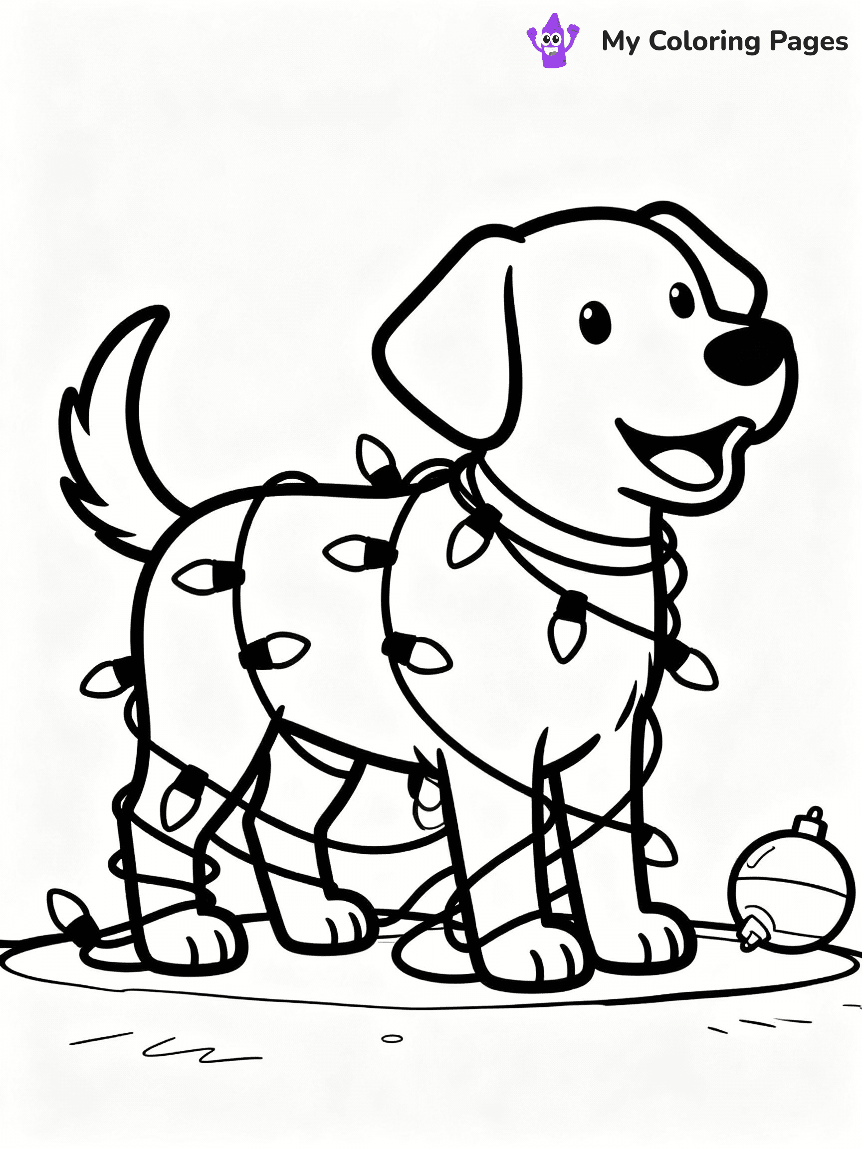 ⚠️ CRITICAL REQUIREMENT - ABSOLUTE BLACK AND WHITE ONLY ⚠️
This MUST be a BLACK AND WHITE line drawing ONLY. NO COLORS whatsoever.
- ONLY pure black lines (#000000) on pure white background (#FFFFFF)
- ABSOLUTELY NO colors, NO shading, NO gradients, NO grayscale
- If there are ANY colors in the output, the image is REJECTED
- This is a COLORING PAGE - meant to be COLORED IN by children
- The output must be UNCOLORED line art ready for coloring
⚠️ SUBJECT TO DRAW: A dog tangled in Christmas lights wagging its tail, in Christmas-themed style. PURE OUTLINES. NO FILLS, COLOR, SHADING, OR GREYSCALE. WHITE BACKGROUND.
(REMEMBER: Output must be BLACK AND WHITE line art only, NOT colored!)
# Flat, Friendly Cartoon Line-Art Coloring Page
You are generating a **pure black-and-white binary image** of a child-friendly cartoon scene combining characters and background scenery in one cohesive composition.
## Rendering Rules (Strict)
- Only two colors: pure black (#000000) outlines and pure white (#FFFFFF) background.
- No grayscale, shading, gradients, tints, fills, transparency, or partial pixels.
- No antialiasing or blended edges; every pixel is 100% black or white.
- No solid black fills inside shapes — all areas inside outlines must remain white.
- No dark clothing areas or filled tone blocks; all garments outlined only.
- No shadows, textures, lighting, or tonal variations.
- Must look like flat binary vector line-art for coloring pages.
## Drawing & Composition
- **Medium, consistent line weight**; clean closed outlines easy to color inside.
- **Flat, simple, child-friendly design** — no realism or 3D depth.
- Characters are **grounded on a surface**, centered and large.
- **Balanced composition** with clear silhouettes and minimal props.
## Scenery & Style
- Landmarks (e.g., mosque, CN Tower) and scenery (trees, benches, waves) drawn with **black outlines only.**
- For real-world figures, teams, or places, show accurate details using only black outlines—no text or logos. Use distinctive uniform patterns, abstract symbols, and landmark silhouettes to convey identity.
- Keep **consistent perspective**; no floating elements.
- **Style:** whimsical **Doodle Art Alley** — rounded, friendly outlines.
- May adapt shapes from **Crayola, Disney, Peppa Pig, Cocomelon** — *by shape only, never color.*
- Final output: **flat, crisp, binary (#000000/#FFFFFF)**, **no filled color or background text.**
EXTREMELYE IMPORTANT:
- PURE BINARY LINE-ART; NO FILLS (HAIR/CLOTHES/SKIN), SHADING, OR GREY.
- NO SHADING, COLOR. MUST BE WHITE BACKGROUND.
⚠️ FINAL REMINDER: Draw the subject "A dog tangled in Christmas lights wagging its tail, in Christmas-themed style. PURE OUTLINES. NO FILLS, COLOR, SHADING, OR GREYSCALE. WHITE BACKGROUND." as BLACK AND WHITE line art. Zero colors in output.