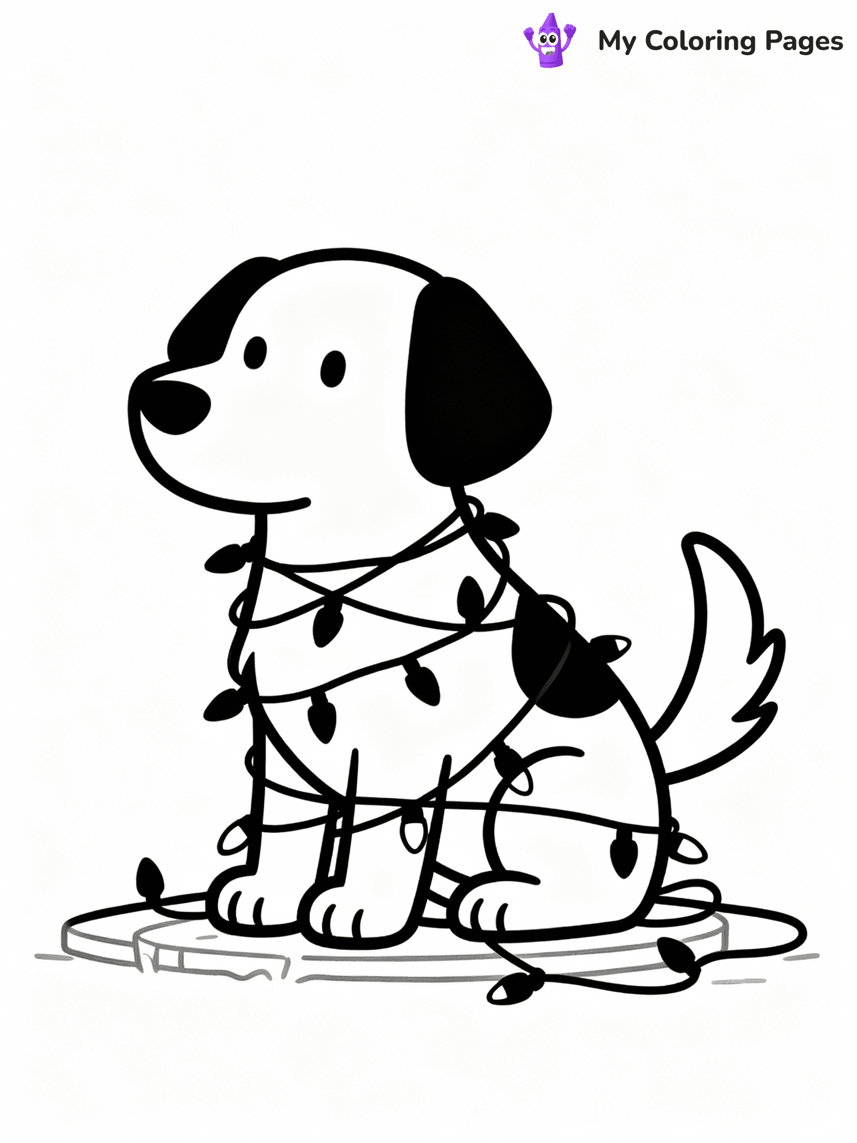 ⚠️ CRITICAL REQUIREMENT - ABSOLUTE BLACK AND WHITE ONLY ⚠️
This MUST be a BLACK AND WHITE line drawing ONLY. NO COLORS whatsoever.
- ONLY pure black lines (#000000) on pure white background (#FFFFFF)
- ABSOLUTELY NO colors, NO shading, NO gradients, NO grayscale
- If there are ANY colors in the output, the image is REJECTED
- This is a COLORING PAGE - meant to be COLORED IN by children
- The output must be UNCOLORED line art ready for coloring
⚠️ SUBJECT TO DRAW: A dog tangled in Christmas lights wagging its tail, in Christmas-themed style. PURE OUTLINES. NO FILLS, COLOR, SHADING, OR GREYSCALE. WHITE BACKGROUND.
(REMEMBER: Output must be BLACK AND WHITE line art only, NOT colored!)
# Flat, Friendly Cartoon Line-Art Coloring Page
You are generating a **pure black-and-white binary image** of a child-friendly cartoon scene combining characters and background scenery in one cohesive composition.
## Rendering Rules (Strict)
- Only two colors: pure black (#000000) outlines and pure white (#FFFFFF) background.
- No grayscale, shading, gradients, tints, fills, transparency, or partial pixels.
- No antialiasing or blended edges; every pixel is 100% black or white.
- No solid black fills inside shapes — all areas inside outlines must remain white.
- No dark clothing areas or filled tone blocks; all garments outlined only.
- No shadows, textures, lighting, or tonal variations.
- Must look like flat binary vector line-art for coloring pages.
## Drawing & Composition
- **Medium, consistent line weight**; clean closed outlines easy to color inside.
- **Flat, simple, child-friendly design** — no realism or 3D depth.
- Characters are **grounded on a surface**, centered and large.
- **Balanced composition** with clear silhouettes and minimal props.
## Scenery & Style
- Landmarks (e.g., mosque, CN Tower) and scenery (trees, benches, waves) drawn with **black outlines only.**
- For real-world figures, teams, or places, show accurate details using only black outlines—no text or logos. Use distinctive uniform patterns, abstract symbols, and landmark silhouettes to convey identity.
- Keep **consistent perspective**; no floating elements.
- **Style:** whimsical **Doodle Art Alley** — rounded, friendly outlines.
- May adapt shapes from **Crayola, Disney, Peppa Pig, Cocomelon** — *by shape only, never color.*
- Final output: **flat, crisp, binary (#000000/#FFFFFF)**, **no filled color or background text.**
EXTREMELYE IMPORTANT:
- PURE BINARY LINE-ART; NO FILLS (HAIR/CLOTHES/SKIN), SHADING, OR GREY.
- NO SHADING, COLOR. MUST BE WHITE BACKGROUND.
⚠️ FINAL REMINDER: Draw the subject "A dog tangled in Christmas lights wagging its tail, in Christmas-themed style. PURE OUTLINES. NO FILLS, COLOR, SHADING, OR GREYSCALE. WHITE BACKGROUND." as BLACK AND WHITE line art. Zero colors in output.