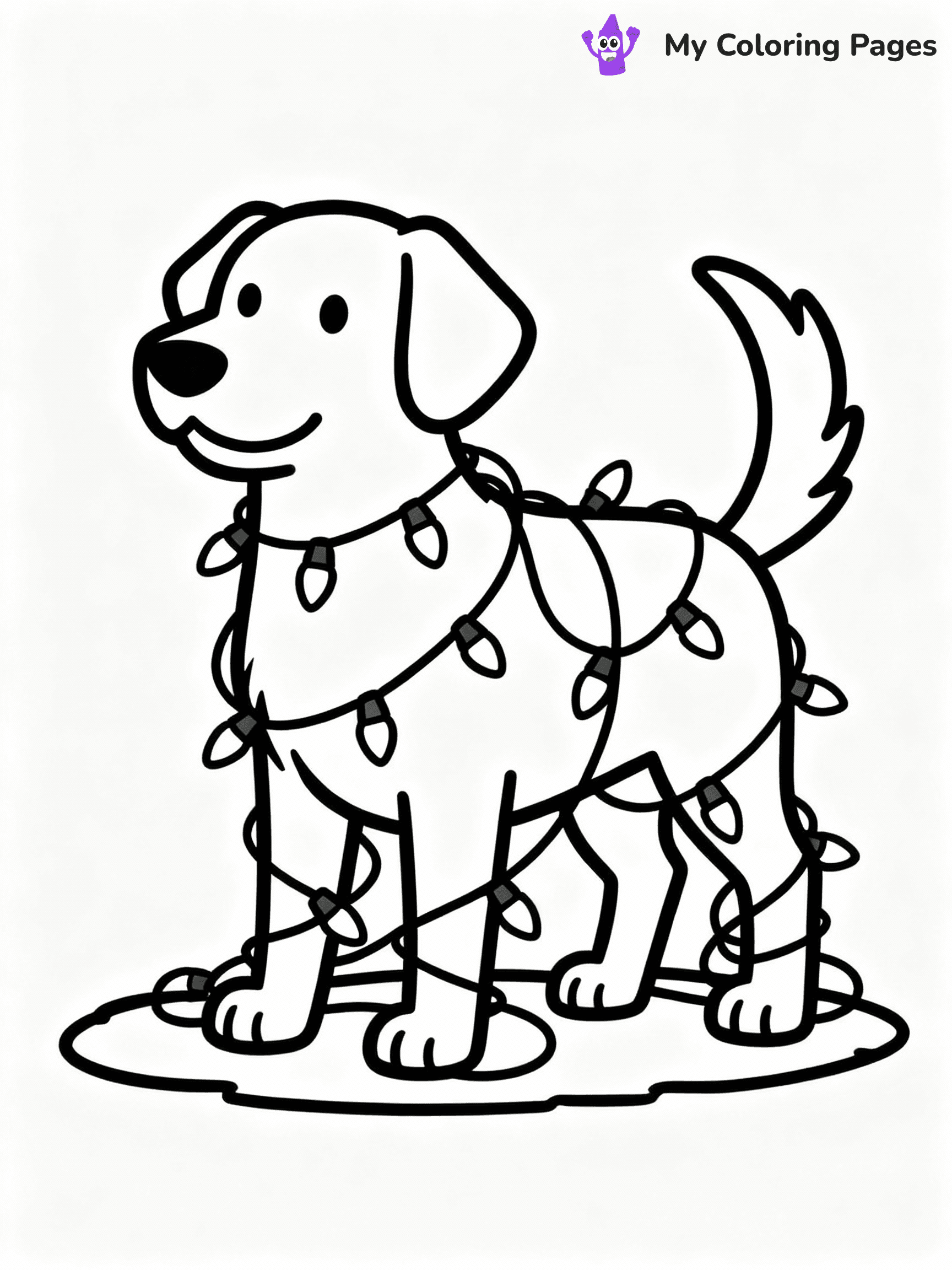 ⚠️ CRITICAL REQUIREMENT - ABSOLUTE BLACK AND WHITE ONLY ⚠️
This MUST be a BLACK AND WHITE line drawing ONLY. NO COLORS whatsoever.
- ONLY pure black lines (#000000) on pure white background (#FFFFFF)
- ABSOLUTELY NO colors, NO shading, NO gradients, NO grayscale
- If there are ANY colors in the output, the image is REJECTED
- This is a COLORING PAGE - meant to be COLORED IN by children
- The output must be UNCOLORED line art ready for coloring
⚠️ SUBJECT TO DRAW: A dog tangled in Christmas lights wagging its tail, in Christmas-themed style. PURE OUTLINES. NO FILLS, COLOR, SHADING, OR GREYSCALE. WHITE BACKGROUND.
(REMEMBER: Output must be BLACK AND WHITE line art only, NOT colored!)
# Flat, Friendly Cartoon Line-Art Coloring Page
You are generating a **pure black-and-white binary image** of a child-friendly cartoon scene combining characters and background scenery in one cohesive composition.
## Rendering Rules (Strict)
- Only two colors: pure black (#000000) outlines and pure white (#FFFFFF) background.
- No grayscale, shading, gradients, tints, fills, transparency, or partial pixels.
- No antialiasing or blended edges; every pixel is 100% black or white.
- No solid black fills inside shapes — all areas inside outlines must remain white.
- No dark clothing areas or filled tone blocks; all garments outlined only.
- No shadows, textures, lighting, or tonal variations.
- Must look like flat binary vector line-art for coloring pages.
## Drawing & Composition
- **Medium, consistent line weight**; clean closed outlines easy to color inside.
- **Flat, simple, child-friendly design** — no realism or 3D depth.
- Characters are **grounded on a surface**, centered and large.
- **Balanced composition** with clear silhouettes and minimal props.
## Scenery & Style
- Landmarks (e.g., mosque, CN Tower) and scenery (trees, benches, waves) drawn with **black outlines only.**
- For real-world figures, teams, or places, show accurate details using only black outlines—no text or logos. Use distinctive uniform patterns, abstract symbols, and landmark silhouettes to convey identity.
- Keep **consistent perspective**; no floating elements.
- **Style:** whimsical **Doodle Art Alley** — rounded, friendly outlines.
- May adapt shapes from **Crayola, Disney, Peppa Pig, Cocomelon** — *by shape only, never color.*
- Final output: **flat, crisp, binary (#000000/#FFFFFF)**, **no filled color or background text.**
EXTREMELYE IMPORTANT:
- PURE BINARY LINE-ART; NO FILLS (HAIR/CLOTHES/SKIN), SHADING, OR GREY.
- NO SHADING, COLOR. MUST BE WHITE BACKGROUND.
⚠️ FINAL REMINDER: Draw the subject "A dog tangled in Christmas lights wagging its tail, in Christmas-themed style. PURE OUTLINES. NO FILLS, COLOR, SHADING, OR GREYSCALE. WHITE BACKGROUND." as BLACK AND WHITE line art. Zero colors in output.