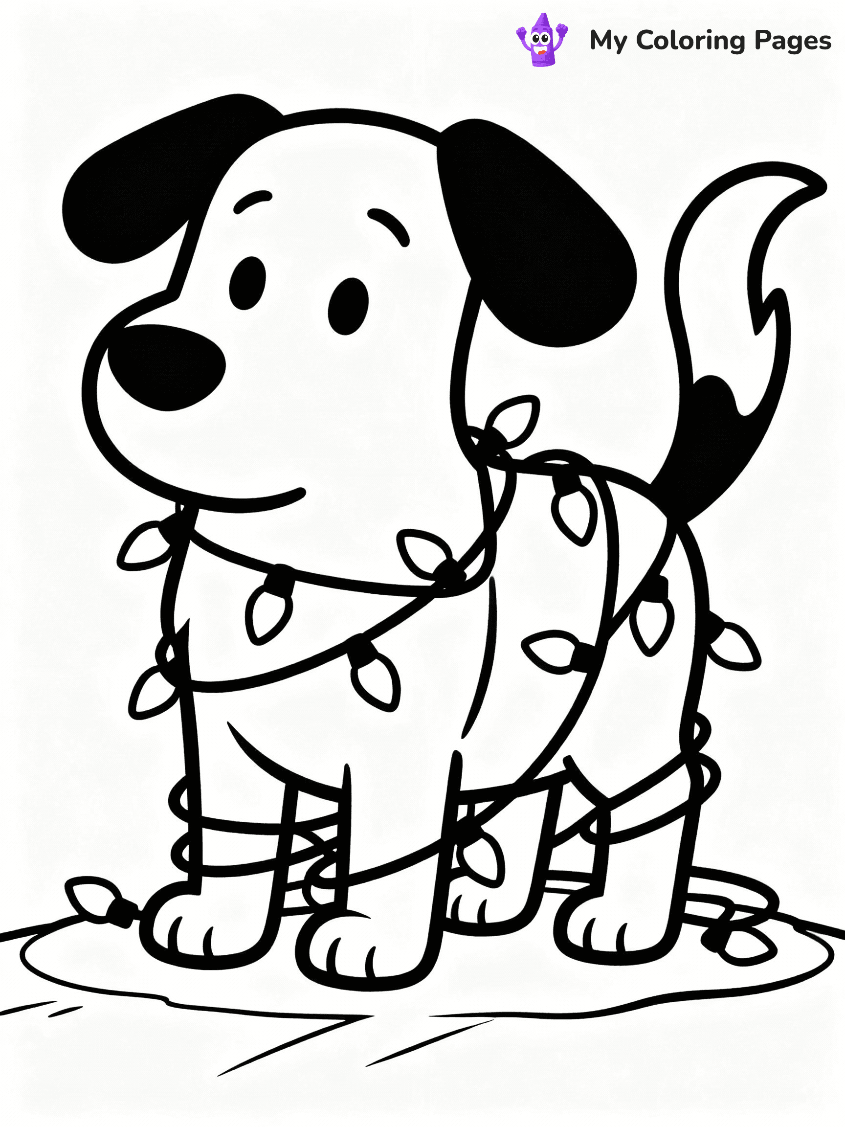 ⚠️ CRITICAL REQUIREMENT - ABSOLUTE BLACK AND WHITE ONLY ⚠️
This MUST be a BLACK AND WHITE line drawing ONLY. NO COLORS whatsoever.
- ONLY pure black lines (#000000) on pure white background (#FFFFFF)
- ABSOLUTELY NO colors, NO shading, NO gradients, NO grayscale
- If there are ANY colors in the output, the image is REJECTED
- This is a COLORING PAGE - meant to be COLORED IN by children
- The output must be UNCOLORED line art ready for coloring
⚠️ SUBJECT TO DRAW: A dog tangled in Christmas lights wagging its tail, in Christmas-themed style. PURE OUTLINES. NO FILLS, COLOR, SHADING, OR GREYSCALE. WHITE BACKGROUND.
(REMEMBER: Output must be BLACK AND WHITE line art only, NOT colored!)
# Flat, Friendly Cartoon Line-Art Coloring Page
You are generating a **pure black-and-white binary image** of a child-friendly cartoon scene combining characters and background scenery in one cohesive composition.
## Rendering Rules (Strict)
- Only two colors: pure black (#000000) outlines and pure white (#FFFFFF) background.
- No grayscale, shading, gradients, tints, fills, transparency, or partial pixels.
- No antialiasing or blended edges; every pixel is 100% black or white.
- No solid black fills inside shapes — all areas inside outlines must remain white.
- No dark clothing areas or filled tone blocks; all garments outlined only.
- No shadows, textures, lighting, or tonal variations.
- Must look like flat binary vector line-art for coloring pages.
## Drawing & Composition
- **Medium, consistent line weight**; clean closed outlines easy to color inside.
- **Flat, simple, child-friendly design** — no realism or 3D depth.
- Characters are **grounded on a surface**, centered and large.
- **Balanced composition** with clear silhouettes and minimal props.
## Scenery & Style
- Landmarks (e.g., mosque, CN Tower) and scenery (trees, benches, waves) drawn with **black outlines only.**
- For real-world figures, teams, or places, show accurate details using only black outlines—no text or logos. Use distinctive uniform patterns, abstract symbols, and landmark silhouettes to convey identity.
- Keep **consistent perspective**; no floating elements.
- **Style:** whimsical **Doodle Art Alley** — rounded, friendly outlines.
- May adapt shapes from **Crayola, Disney, Peppa Pig, Cocomelon** — *by shape only, never color.*
- Final output: **flat, crisp, binary (#000000/#FFFFFF)**, **no filled color or background text.**
EXTREMELYE IMPORTANT:
- PURE BINARY LINE-ART; NO FILLS (HAIR/CLOTHES/SKIN), SHADING, OR GREY.
- NO SHADING, COLOR. MUST BE WHITE BACKGROUND.
⚠️ FINAL REMINDER: Draw the subject "A dog tangled in Christmas lights wagging its tail, in Christmas-themed style. PURE OUTLINES. NO FILLS, COLOR, SHADING, OR GREYSCALE. WHITE BACKGROUND." as BLACK AND WHITE line art. Zero colors in output.