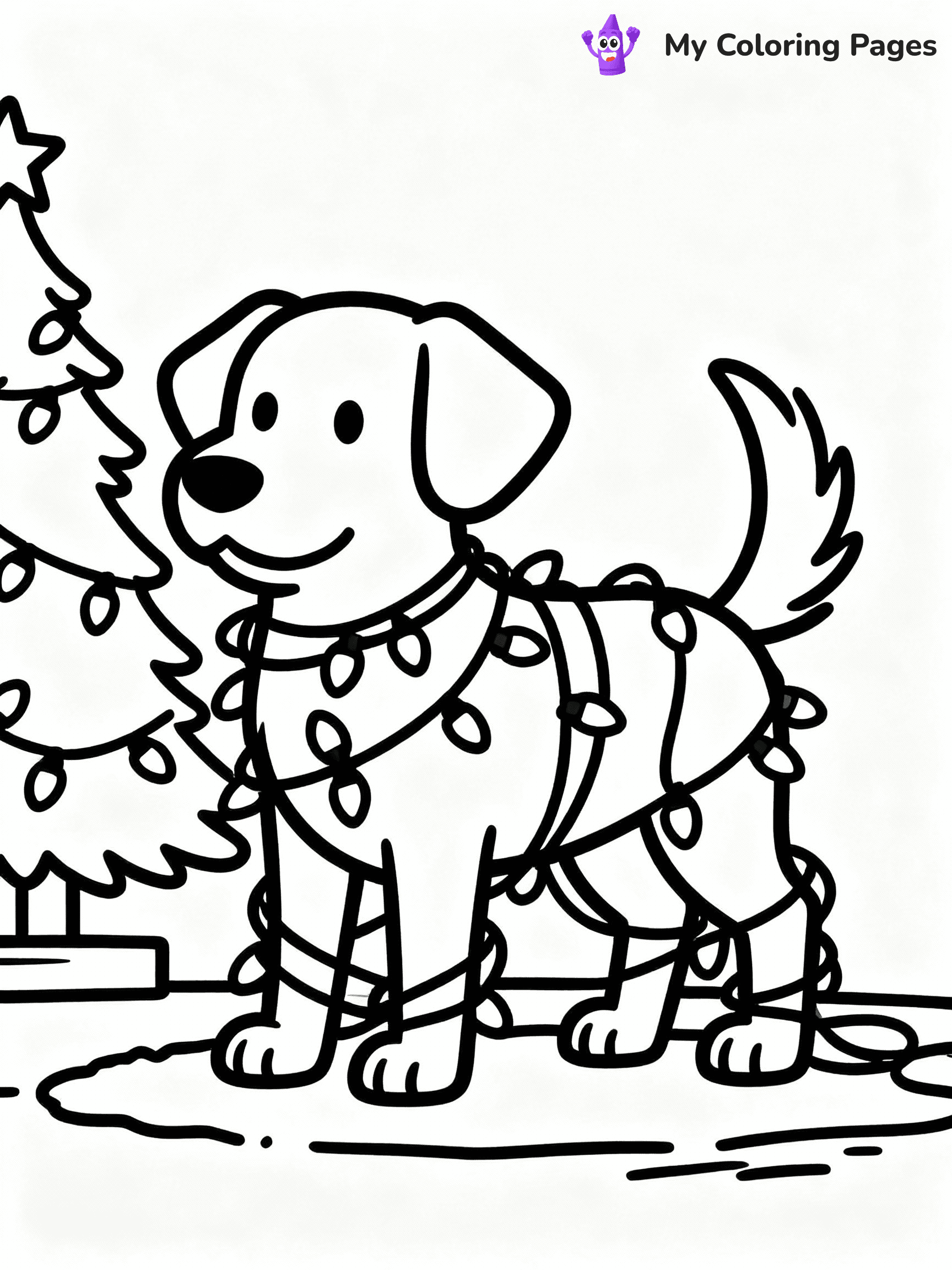 ⚠️ CRITICAL REQUIREMENT - ABSOLUTE BLACK AND WHITE ONLY ⚠️
This MUST be a BLACK AND WHITE line drawing ONLY. NO COLORS whatsoever.
- ONLY pure black lines (#000000) on pure white background (#FFFFFF)
- ABSOLUTELY NO colors, NO shading, NO gradients, NO grayscale
- If there are ANY colors in the output, the image is REJECTED
- This is a COLORING PAGE - meant to be COLORED IN by children
- The output must be UNCOLORED line art ready for coloring
⚠️ SUBJECT TO DRAW: A dog tangled in Christmas lights wagging its tail, in Christmas-themed style. PURE OUTLINES. NO FILLS, COLOR, SHADING, OR GREYSCALE. WHITE BACKGROUND.
(REMEMBER: Output must be BLACK AND WHITE line art only, NOT colored!)
# Flat, Friendly Cartoon Line-Art Coloring Page
You are generating a **pure black-and-white binary image** of a child-friendly cartoon scene combining characters and background scenery in one cohesive composition.
## Rendering Rules (Strict)
- Only two colors: pure black (#000000) outlines and pure white (#FFFFFF) background.
- No grayscale, shading, gradients, tints, fills, transparency, or partial pixels.
- No antialiasing or blended edges; every pixel is 100% black or white.
- No solid black fills inside shapes — all areas inside outlines must remain white.
- No dark clothing areas or filled tone blocks; all garments outlined only.
- No shadows, textures, lighting, or tonal variations.
- Must look like flat binary vector line-art for coloring pages.
## Drawing & Composition
- **Medium, consistent line weight**; clean closed outlines easy to color inside.
- **Flat, simple, child-friendly design** — no realism or 3D depth.
- Characters are **grounded on a surface**, centered and large.
- **Balanced composition** with clear silhouettes and minimal props.
## Scenery & Style
- Landmarks (e.g., mosque, CN Tower) and scenery (trees, benches, waves) drawn with **black outlines only.**
- For real-world figures, teams, or places, show accurate details using only black outlines—no text or logos. Use distinctive uniform patterns, abstract symbols, and landmark silhouettes to convey identity.
- Keep **consistent perspective**; no floating elements.
- **Style:** whimsical **Doodle Art Alley** — rounded, friendly outlines.
- May adapt shapes from **Crayola, Disney, Peppa Pig, Cocomelon** — *by shape only, never color.*
- Final output: **flat, crisp, binary (#000000/#FFFFFF)**, **no filled color or background text.**
EXTREMELYE IMPORTANT:
- PURE BINARY LINE-ART; NO FILLS (HAIR/CLOTHES/SKIN), SHADING, OR GREY.
- NO SHADING, COLOR. MUST BE WHITE BACKGROUND.
⚠️ FINAL REMINDER: Draw the subject "A dog tangled in Christmas lights wagging its tail, in Christmas-themed style. PURE OUTLINES. NO FILLS, COLOR, SHADING, OR GREYSCALE. WHITE BACKGROUND." as BLACK AND WHITE line art. Zero colors in output.