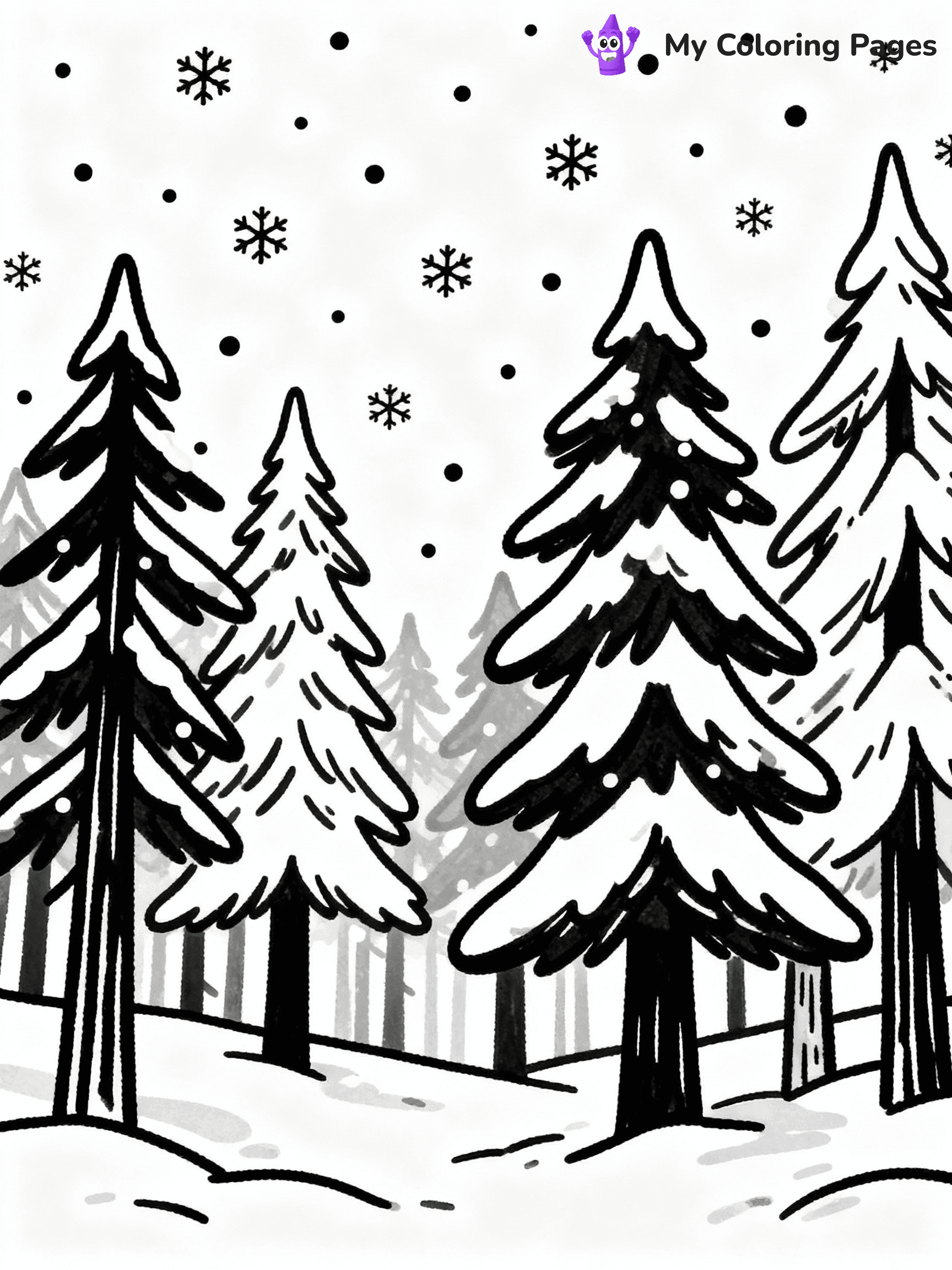 ⚠️ CRITICAL REQUIREMENT - ABSOLUTE BLACK AND WHITE ONLY ⚠️
This MUST be a BLACK AND WHITE line drawing ONLY. NO COLORS whatsoever.
- ONLY pure black lines (#000000) on pure white background (#FFFFFF)
- ABSOLUTELY NO colors, NO shading, NO gradients, NO grayscale
- If there are ANY colors in the output, the image is REJECTED
- This is a COLORING PAGE - meant to be COLORED IN by children
- The output must be UNCOLORED line art ready for coloring
⚠️ SUBJECT TO DRAW: A snowy forest with tall fir trees and falling snow, in Christmas-themed style. PURE OUTLINES. NO FILLS, COLOR, SHADING, OR GREYSCALE. WHITE BACKGROUND.
(REMEMBER: Output must be BLACK AND WHITE line art only, NOT colored!)
# Flat, Friendly Cartoon Line-Art Coloring Page
You are generating a **pure black-and-white binary image** of a child-friendly cartoon scene combining characters and background scenery in one cohesive composition.
## Rendering Rules (Strict)
- Only two colors: pure black (#000000) outlines and pure white (#FFFFFF) background.
- No grayscale, shading, gradients, tints, fills, transparency, or partial pixels.
- No antialiasing or blended edges; every pixel is 100% black or white.
- No solid black fills inside shapes — all areas inside outlines must remain white.
- No dark clothing areas or filled tone blocks; all garments outlined only.
- No shadows, textures, lighting, or tonal variations.
- Must look like flat binary vector line-art for coloring pages.
## Drawing & Composition
- **Medium, consistent line weight**; clean closed outlines easy to color inside.
- **Flat, simple, child-friendly design** — no realism or 3D depth.
- Characters are **grounded on a surface**, centered and large.
- **Balanced composition** with clear silhouettes and minimal props.
## Scenery & Style
- Landmarks (e.g., mosque, CN Tower) and scenery (trees, benches, waves) drawn with **black outlines only.**
- For real-world figures, teams, or places, show accurate details using only black outlines—no text or logos. Use distinctive uniform patterns, abstract symbols, and landmark silhouettes to convey identity.
- Keep **consistent perspective**; no floating elements.
- **Style:** whimsical **Doodle Art Alley** — rounded, friendly outlines.
- May adapt shapes from **Crayola, Disney, Peppa Pig, Cocomelon** — *by shape only, never color.*
- Final output: **flat, crisp, binary (#000000/#FFFFFF)**, **no filled color or background text.**
EXTREMELYE IMPORTANT:
- PURE BINARY LINE-ART; NO FILLS (HAIR/CLOTHES/SKIN), SHADING, OR GREY.
- NO SHADING, COLOR. MUST BE WHITE BACKGROUND.
⚠️ FINAL REMINDER: Draw the subject "A snowy forest with tall fir trees and falling snow, in Christmas-themed style. PURE OUTLINES. NO FILLS, COLOR, SHADING, OR GREYSCALE. WHITE BACKGROUND." as BLACK AND WHITE line art. Zero colors in output.