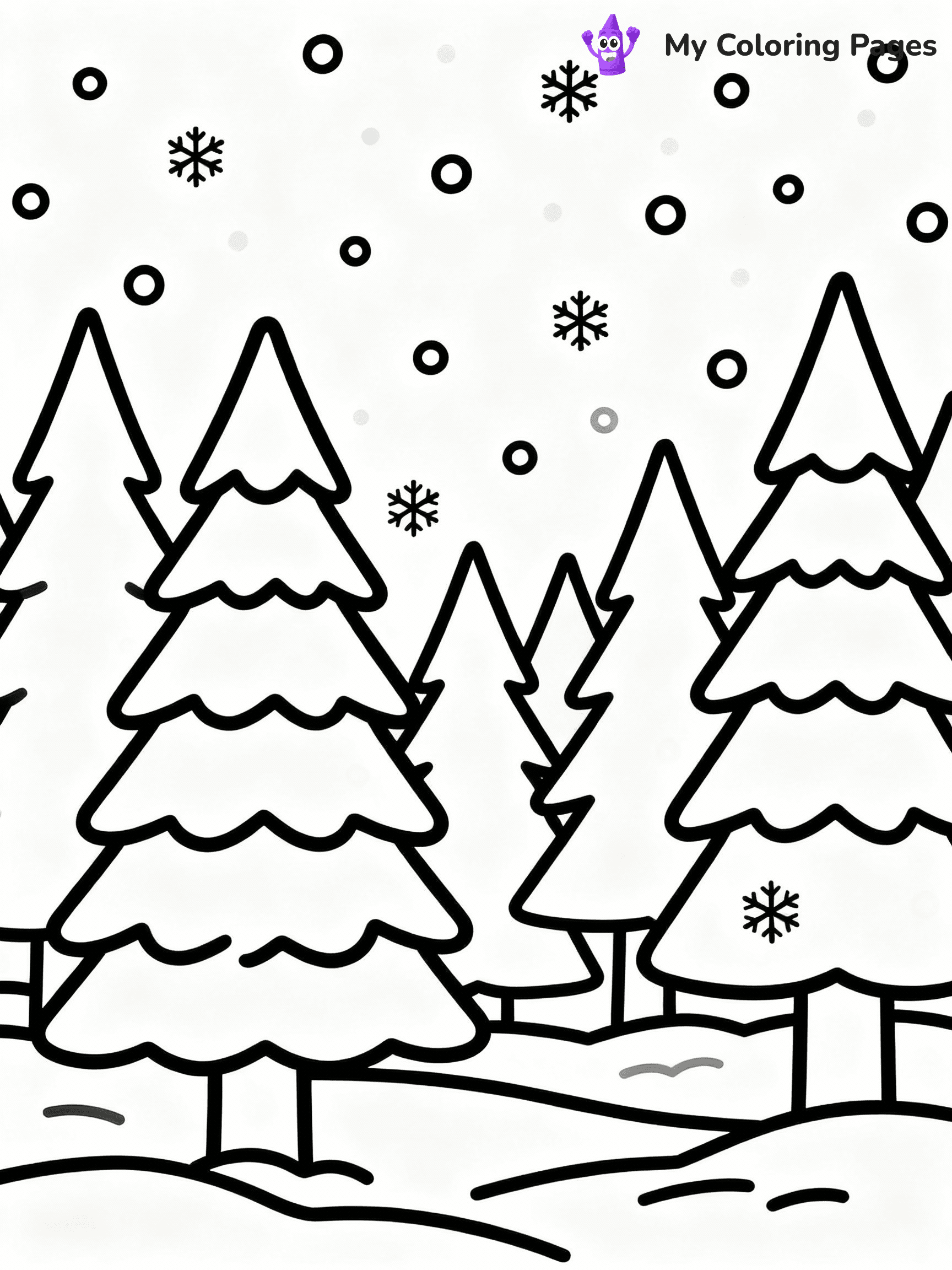 ⚠️ CRITICAL REQUIREMENT - ABSOLUTE BLACK AND WHITE ONLY ⚠️
This MUST be a BLACK AND WHITE line drawing ONLY. NO COLORS whatsoever.
- ONLY pure black lines (#000000) on pure white background (#FFFFFF)
- ABSOLUTELY NO colors, NO shading, NO gradients, NO grayscale
- If there are ANY colors in the output, the image is REJECTED
- This is a COLORING PAGE - meant to be COLORED IN by children
- The output must be UNCOLORED line art ready for coloring
⚠️ SUBJECT TO DRAW: A snowy forest with tall fir trees and falling snow, in Christmas-themed style. PURE OUTLINES. NO FILLS, COLOR, SHADING, OR GREYSCALE. WHITE BACKGROUND.
(REMEMBER: Output must be BLACK AND WHITE line art only, NOT colored!)
# Flat, Friendly Cartoon Line-Art Coloring Page
You are generating a **pure black-and-white binary image** of a child-friendly cartoon scene combining characters and background scenery in one cohesive composition.
## Rendering Rules (Strict)
- Only two colors: pure black (#000000) outlines and pure white (#FFFFFF) background.
- No grayscale, shading, gradients, tints, fills, transparency, or partial pixels.
- No antialiasing or blended edges; every pixel is 100% black or white.
- No solid black fills inside shapes — all areas inside outlines must remain white.
- No dark clothing areas or filled tone blocks; all garments outlined only.
- No shadows, textures, lighting, or tonal variations.
- Must look like flat binary vector line-art for coloring pages.
## Drawing & Composition
- **Medium, consistent line weight**; clean closed outlines easy to color inside.
- **Flat, simple, child-friendly design** — no realism or 3D depth.
- Characters are **grounded on a surface**, centered and large.
- **Balanced composition** with clear silhouettes and minimal props.
## Scenery & Style
- Landmarks (e.g., mosque, CN Tower) and scenery (trees, benches, waves) drawn with **black outlines only.**
- For real-world figures, teams, or places, show accurate details using only black outlines—no text or logos. Use distinctive uniform patterns, abstract symbols, and landmark silhouettes to convey identity.
- Keep **consistent perspective**; no floating elements.
- **Style:** whimsical **Doodle Art Alley** — rounded, friendly outlines.
- May adapt shapes from **Crayola, Disney, Peppa Pig, Cocomelon** — *by shape only, never color.*
- Final output: **flat, crisp, binary (#000000/#FFFFFF)**, **no filled color or background text.**
EXTREMELYE IMPORTANT:
- PURE BINARY LINE-ART; NO FILLS (HAIR/CLOTHES/SKIN), SHADING, OR GREY.
- NO SHADING, COLOR. MUST BE WHITE BACKGROUND.
⚠️ FINAL REMINDER: Draw the subject "A snowy forest with tall fir trees and falling snow, in Christmas-themed style. PURE OUTLINES. NO FILLS, COLOR, SHADING, OR GREYSCALE. WHITE BACKGROUND." as BLACK AND WHITE line art. Zero colors in output.