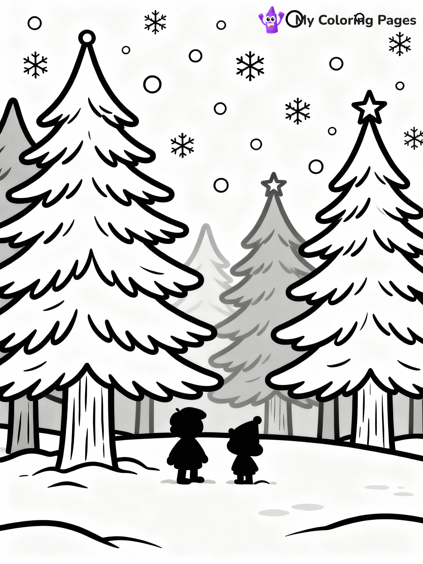 ⚠️ CRITICAL REQUIREMENT - ABSOLUTE BLACK AND WHITE ONLY ⚠️
This MUST be a BLACK AND WHITE line drawing ONLY. NO COLORS whatsoever.
- ONLY pure black lines (#000000) on pure white background (#FFFFFF)
- ABSOLUTELY NO colors, NO shading, NO gradients, NO grayscale
- If there are ANY colors in the output, the image is REJECTED
- This is a COLORING PAGE - meant to be COLORED IN by children
- The output must be UNCOLORED line art ready for coloring
⚠️ SUBJECT TO DRAW: A snowy forest with tall fir trees and falling snow, in Christmas-themed style. PURE OUTLINES. NO FILLS, COLOR, SHADING, OR GREYSCALE. WHITE BACKGROUND.
(REMEMBER: Output must be BLACK AND WHITE line art only, NOT colored!)
# Flat, Friendly Cartoon Line-Art Coloring Page
You are generating a **pure black-and-white binary image** of a child-friendly cartoon scene combining characters and background scenery in one cohesive composition.
## Rendering Rules (Strict)
- Only two colors: pure black (#000000) outlines and pure white (#FFFFFF) background.
- No grayscale, shading, gradients, tints, fills, transparency, or partial pixels.
- No antialiasing or blended edges; every pixel is 100% black or white.
- No solid black fills inside shapes — all areas inside outlines must remain white.
- No dark clothing areas or filled tone blocks; all garments outlined only.
- No shadows, textures, lighting, or tonal variations.
- Must look like flat binary vector line-art for coloring pages.
## Drawing & Composition
- **Medium, consistent line weight**; clean closed outlines easy to color inside.
- **Flat, simple, child-friendly design** — no realism or 3D depth.
- Characters are **grounded on a surface**, centered and large.
- **Balanced composition** with clear silhouettes and minimal props.
## Scenery & Style
- Landmarks (e.g., mosque, CN Tower) and scenery (trees, benches, waves) drawn with **black outlines only.**
- For real-world figures, teams, or places, show accurate details using only black outlines—no text or logos. Use distinctive uniform patterns, abstract symbols, and landmark silhouettes to convey identity.
- Keep **consistent perspective**; no floating elements.
- **Style:** whimsical **Doodle Art Alley** — rounded, friendly outlines.
- May adapt shapes from **Crayola, Disney, Peppa Pig, Cocomelon** — *by shape only, never color.*
- Final output: **flat, crisp, binary (#000000/#FFFFFF)**, **no filled color or background text.**
EXTREMELYE IMPORTANT:
- PURE BINARY LINE-ART; NO FILLS (HAIR/CLOTHES/SKIN), SHADING, OR GREY.
- NO SHADING, COLOR. MUST BE WHITE BACKGROUND.
⚠️ FINAL REMINDER: Draw the subject "A snowy forest with tall fir trees and falling snow, in Christmas-themed style. PURE OUTLINES. NO FILLS, COLOR, SHADING, OR GREYSCALE. WHITE BACKGROUND." as BLACK AND WHITE line art. Zero colors in output.