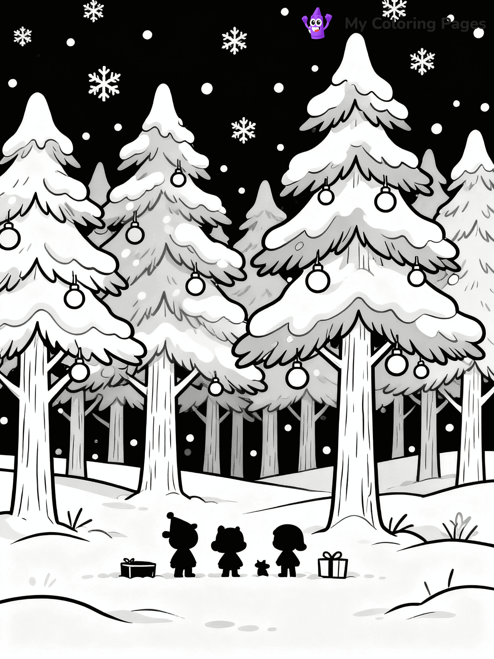 ⚠️ CRITICAL REQUIREMENT - ABSOLUTE BLACK AND WHITE ONLY ⚠️
This MUST be a BLACK AND WHITE line drawing ONLY. NO COLORS whatsoever.
- ONLY pure black lines (#000000) on pure white background (#FFFFFF)
- ABSOLUTELY NO colors, NO shading, NO gradients, NO grayscale
- If there are ANY colors in the output, the image is REJECTED
- This is a COLORING PAGE - meant to be COLORED IN by children
- The output must be UNCOLORED line art ready for coloring
⚠️ SUBJECT TO DRAW: A snowy forest with tall fir trees and falling snow, in Christmas-themed style. PURE OUTLINES. NO FILLS, COLOR, SHADING, OR GREYSCALE. WHITE BACKGROUND.
(REMEMBER: Output must be BLACK AND WHITE line art only, NOT colored!)
# Flat, Friendly Cartoon Line-Art Coloring Page
You are generating a **pure black-and-white binary image** of a child-friendly cartoon scene combining characters and background scenery in one cohesive composition.
## Rendering Rules (Strict)
- Only two colors: pure black (#000000) outlines and pure white (#FFFFFF) background.
- No grayscale, shading, gradients, tints, fills, transparency, or partial pixels.
- No antialiasing or blended edges; every pixel is 100% black or white.
- No solid black fills inside shapes — all areas inside outlines must remain white.
- No dark clothing areas or filled tone blocks; all garments outlined only.
- No shadows, textures, lighting, or tonal variations.
- Must look like flat binary vector line-art for coloring pages.
## Drawing & Composition
- **Medium, consistent line weight**; clean closed outlines easy to color inside.
- **Flat, simple, child-friendly design** — no realism or 3D depth.
- Characters are **grounded on a surface**, centered and large.
- **Balanced composition** with clear silhouettes and minimal props.
## Scenery & Style
- Landmarks (e.g., mosque, CN Tower) and scenery (trees, benches, waves) drawn with **black outlines only.**
- For real-world figures, teams, or places, show accurate details using only black outlines—no text or logos. Use distinctive uniform patterns, abstract symbols, and landmark silhouettes to convey identity.
- Keep **consistent perspective**; no floating elements.
- **Style:** whimsical **Doodle Art Alley** — rounded, friendly outlines.
- May adapt shapes from **Crayola, Disney, Peppa Pig, Cocomelon** — *by shape only, never color.*
- Final output: **flat, crisp, binary (#000000/#FFFFFF)**, **no filled color or background text.**
EXTREMELYE IMPORTANT:
- PURE BINARY LINE-ART; NO FILLS (HAIR/CLOTHES/SKIN), SHADING, OR GREY.
- NO SHADING, COLOR. MUST BE WHITE BACKGROUND.
⚠️ FINAL REMINDER: Draw the subject "A snowy forest with tall fir trees and falling snow, in Christmas-themed style. PURE OUTLINES. NO FILLS, COLOR, SHADING, OR GREYSCALE. WHITE BACKGROUND." as BLACK AND WHITE line art. Zero colors in output.