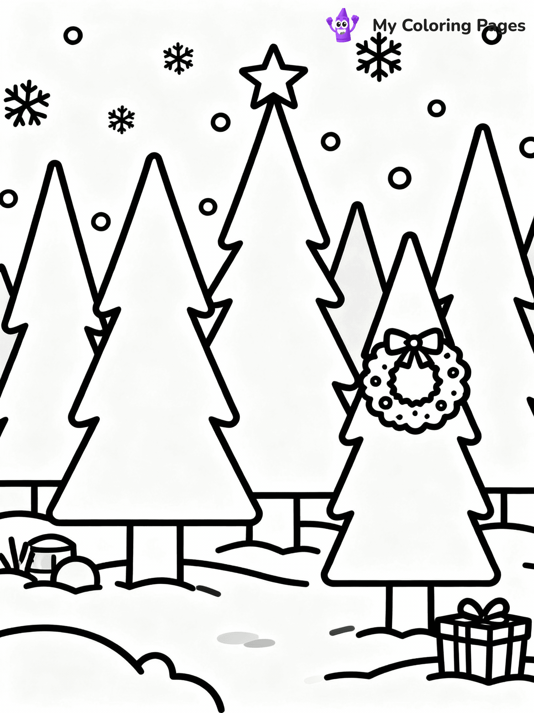 ⚠️ CRITICAL REQUIREMENT - ABSOLUTE BLACK AND WHITE ONLY ⚠️
This MUST be a BLACK AND WHITE line drawing ONLY. NO COLORS whatsoever.
- ONLY pure black lines (#000000) on pure white background (#FFFFFF)
- ABSOLUTELY NO colors, NO shading, NO gradients, NO grayscale
- If there are ANY colors in the output, the image is REJECTED
- This is a COLORING PAGE - meant to be COLORED IN by children
- The output must be UNCOLORED line art ready for coloring
⚠️ SUBJECT TO DRAW: A snowy forest with tall fir trees and falling snow, in Christmas-themed style. PURE OUTLINES. NO FILLS, COLOR, SHADING, OR GREYSCALE. WHITE BACKGROUND.
(REMEMBER: Output must be BLACK AND WHITE line art only, NOT colored!)
# Flat, Friendly Cartoon Line-Art Coloring Page
You are generating a **pure black-and-white binary image** of a child-friendly cartoon scene combining characters and background scenery in one cohesive composition.
## Rendering Rules (Strict)
- Only two colors: pure black (#000000) outlines and pure white (#FFFFFF) background.
- No grayscale, shading, gradients, tints, fills, transparency, or partial pixels.
- No antialiasing or blended edges; every pixel is 100% black or white.
- No solid black fills inside shapes — all areas inside outlines must remain white.
- No dark clothing areas or filled tone blocks; all garments outlined only.
- No shadows, textures, lighting, or tonal variations.
- Must look like flat binary vector line-art for coloring pages.
## Drawing & Composition
- **Medium, consistent line weight**; clean closed outlines easy to color inside.
- **Flat, simple, child-friendly design** — no realism or 3D depth.
- Characters are **grounded on a surface**, centered and large.
- **Balanced composition** with clear silhouettes and minimal props.
## Scenery & Style
- Landmarks (e.g., mosque, CN Tower) and scenery (trees, benches, waves) drawn with **black outlines only.**
- For real-world figures, teams, or places, show accurate details using only black outlines—no text or logos. Use distinctive uniform patterns, abstract symbols, and landmark silhouettes to convey identity.
- Keep **consistent perspective**; no floating elements.
- **Style:** whimsical **Doodle Art Alley** — rounded, friendly outlines.
- May adapt shapes from **Crayola, Disney, Peppa Pig, Cocomelon** — *by shape only, never color.*
- Final output: **flat, crisp, binary (#000000/#FFFFFF)**, **no filled color or background text.**
EXTREMELYE IMPORTANT:
- PURE BINARY LINE-ART; NO FILLS (HAIR/CLOTHES/SKIN), SHADING, OR GREY.
- NO SHADING, COLOR. MUST BE WHITE BACKGROUND.
⚠️ FINAL REMINDER: Draw the subject "A snowy forest with tall fir trees and falling snow, in Christmas-themed style. PURE OUTLINES. NO FILLS, COLOR, SHADING, OR GREYSCALE. WHITE BACKGROUND." as BLACK AND WHITE line art. Zero colors in output.