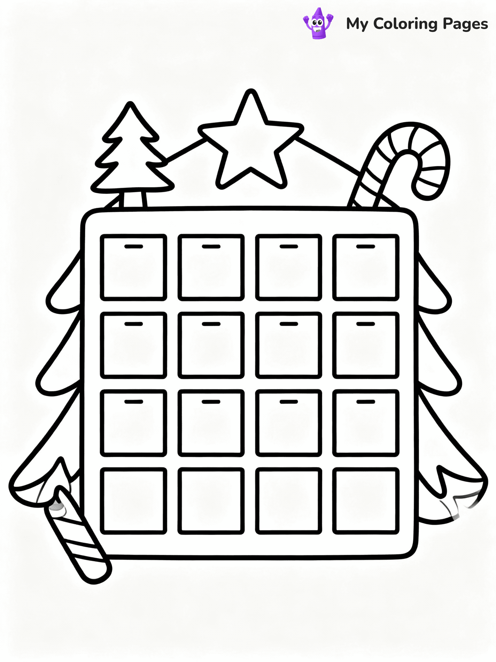 ⚠️ CRITICAL REQUIREMENT - ABSOLUTE BLACK AND WHITE ONLY ⚠️
This MUST be a BLACK AND WHITE line drawing ONLY. NO COLORS whatsoever.
- ONLY pure black lines (#000000) on pure white background (#FFFFFF)
- ABSOLUTELY NO colors, NO shading, NO gradients, NO grayscale
- If there are ANY colors in the output, the image is REJECTED
- This is a COLORING PAGE - meant to be COLORED IN by children
- The output must be UNCOLORED line art ready for coloring
⚠️ SUBJECT TO DRAW: A festive advent calendar with little doors, in Christmas-themed style. PURE OUTLINES. NO FILLS, COLOR, SHADING, OR GREYSCALE. WHITE BACKGROUND.
(REMEMBER: Output must be BLACK AND WHITE line art only, NOT colored!)
# Flat, Friendly Cartoon Line-Art Coloring Page
You are generating a **pure black-and-white binary image** of a child-friendly cartoon scene combining characters and background scenery in one cohesive composition.
## Rendering Rules (Strict)
- Only two colors: pure black (#000000) outlines and pure white (#FFFFFF) background.
- No grayscale, shading, gradients, tints, fills, transparency, or partial pixels.
- No antialiasing or blended edges; every pixel is 100% black or white.
- No solid black fills inside shapes — all areas inside outlines must remain white.
- No dark clothing areas or filled tone blocks; all garments outlined only.
- No shadows, textures, lighting, or tonal variations.
- Must look like flat binary vector line-art for coloring pages.
## Drawing & Composition
- **Medium, consistent line weight**; clean closed outlines easy to color inside.
- **Flat, simple, child-friendly design** — no realism or 3D depth.
- Characters are **grounded on a surface**, centered and large.
- **Balanced composition** with clear silhouettes and minimal props.
## Scenery & Style
- Landmarks (e.g., mosque, CN Tower) and scenery (trees, benches, waves) drawn with **black outlines only.**
- For real-world figures, teams, or places, show accurate details using only black outlines—no text or logos. Use distinctive uniform patterns, abstract symbols, and landmark silhouettes to convey identity.
- Keep **consistent perspective**; no floating elements.
- **Style:** whimsical **Doodle Art Alley** — rounded, friendly outlines.
- May adapt shapes from **Crayola, Disney, Peppa Pig, Cocomelon** — *by shape only, never color.*
- Final output: **flat, crisp, binary (#000000/#FFFFFF)**, **no filled color or background text.**
EXTREMELYE IMPORTANT:
- PURE BINARY LINE-ART; NO FILLS (HAIR/CLOTHES/SKIN), SHADING, OR GREY.
- NO SHADING, COLOR. MUST BE WHITE BACKGROUND.
⚠️ FINAL REMINDER: Draw the subject "A festive advent calendar with little doors, in Christmas-themed style. PURE OUTLINES. NO FILLS, COLOR, SHADING, OR GREYSCALE. WHITE BACKGROUND." as BLACK AND WHITE line art. Zero colors in output.