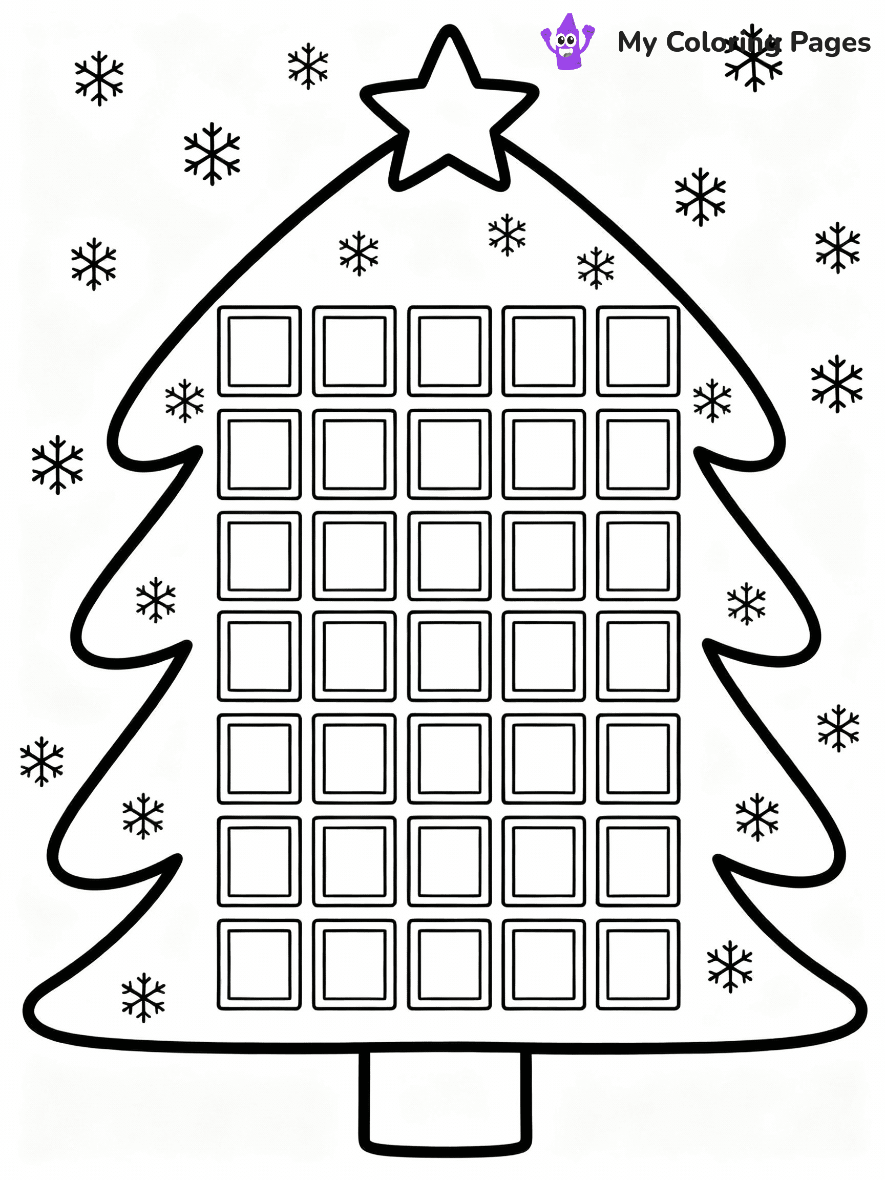 ⚠️ CRITICAL REQUIREMENT - ABSOLUTE BLACK AND WHITE ONLY ⚠️
This MUST be a BLACK AND WHITE line drawing ONLY. NO COLORS whatsoever.
- ONLY pure black lines (#000000) on pure white background (#FFFFFF)
- ABSOLUTELY NO colors, NO shading, NO gradients, NO grayscale
- If there are ANY colors in the output, the image is REJECTED
- This is a COLORING PAGE - meant to be COLORED IN by children
- The output must be UNCOLORED line art ready for coloring
⚠️ SUBJECT TO DRAW: A festive advent calendar with little doors, in Christmas-themed style. PURE OUTLINES. NO FILLS, COLOR, SHADING, OR GREYSCALE. WHITE BACKGROUND.
(REMEMBER: Output must be BLACK AND WHITE line art only, NOT colored!)
# Flat, Friendly Cartoon Line-Art Coloring Page
You are generating a **pure black-and-white binary image** of a child-friendly cartoon scene combining characters and background scenery in one cohesive composition.
## Rendering Rules (Strict)
- Only two colors: pure black (#000000) outlines and pure white (#FFFFFF) background.
- No grayscale, shading, gradients, tints, fills, transparency, or partial pixels.
- No antialiasing or blended edges; every pixel is 100% black or white.
- No solid black fills inside shapes — all areas inside outlines must remain white.
- No dark clothing areas or filled tone blocks; all garments outlined only.
- No shadows, textures, lighting, or tonal variations.
- Must look like flat binary vector line-art for coloring pages.
## Drawing & Composition
- **Medium, consistent line weight**; clean closed outlines easy to color inside.
- **Flat, simple, child-friendly design** — no realism or 3D depth.
- Characters are **grounded on a surface**, centered and large.
- **Balanced composition** with clear silhouettes and minimal props.
## Scenery & Style
- Landmarks (e.g., mosque, CN Tower) and scenery (trees, benches, waves) drawn with **black outlines only.**
- For real-world figures, teams, or places, show accurate details using only black outlines—no text or logos. Use distinctive uniform patterns, abstract symbols, and landmark silhouettes to convey identity.
- Keep **consistent perspective**; no floating elements.
- **Style:** whimsical **Doodle Art Alley** — rounded, friendly outlines.
- May adapt shapes from **Crayola, Disney, Peppa Pig, Cocomelon** — *by shape only, never color.*
- Final output: **flat, crisp, binary (#000000/#FFFFFF)**, **no filled color or background text.**
EXTREMELYE IMPORTANT:
- PURE BINARY LINE-ART; NO FILLS (HAIR/CLOTHES/SKIN), SHADING, OR GREY.
- NO SHADING, COLOR. MUST BE WHITE BACKGROUND.
⚠️ FINAL REMINDER: Draw the subject "A festive advent calendar with little doors, in Christmas-themed style. PURE OUTLINES. NO FILLS, COLOR, SHADING, OR GREYSCALE. WHITE BACKGROUND." as BLACK AND WHITE line art. Zero colors in output.