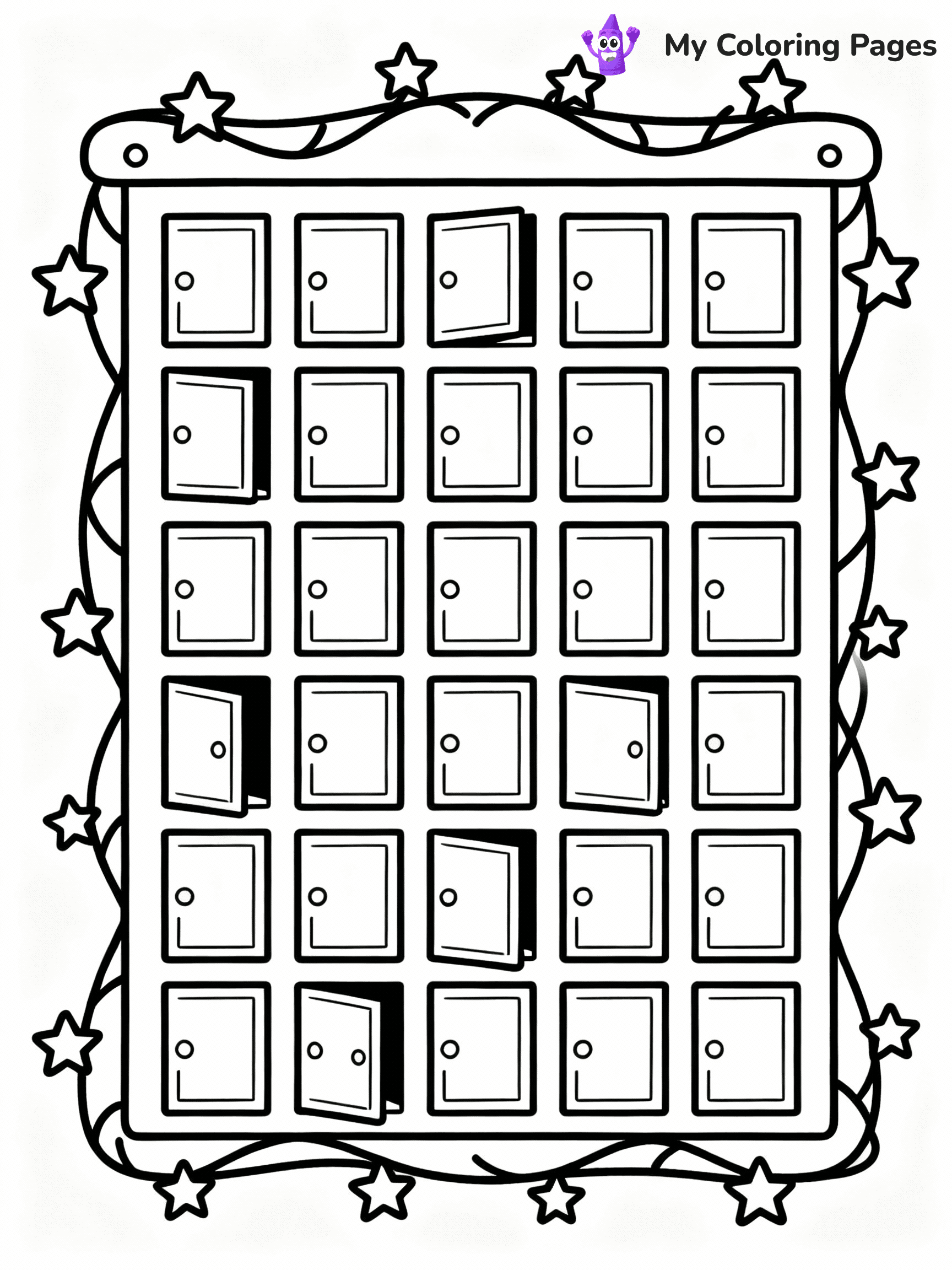 ⚠️ CRITICAL REQUIREMENT - ABSOLUTE BLACK AND WHITE ONLY ⚠️
This MUST be a BLACK AND WHITE line drawing ONLY. NO COLORS whatsoever.
- ONLY pure black lines (#000000) on pure white background (#FFFFFF)
- ABSOLUTELY NO colors, NO shading, NO gradients, NO grayscale
- If there are ANY colors in the output, the image is REJECTED
- This is a COLORING PAGE - meant to be COLORED IN by children
- The output must be UNCOLORED line art ready for coloring
⚠️ SUBJECT TO DRAW: A festive advent calendar with little doors, in Christmas-themed style. PURE OUTLINES. NO FILLS, COLOR, SHADING, OR GREYSCALE. WHITE BACKGROUND.
(REMEMBER: Output must be BLACK AND WHITE line art only, NOT colored!)
# Flat, Friendly Cartoon Line-Art Coloring Page
You are generating a **pure black-and-white binary image** of a child-friendly cartoon scene combining characters and background scenery in one cohesive composition.
## Rendering Rules (Strict)
- Only two colors: pure black (#000000) outlines and pure white (#FFFFFF) background.
- No grayscale, shading, gradients, tints, fills, transparency, or partial pixels.
- No antialiasing or blended edges; every pixel is 100% black or white.
- No solid black fills inside shapes — all areas inside outlines must remain white.
- No dark clothing areas or filled tone blocks; all garments outlined only.
- No shadows, textures, lighting, or tonal variations.
- Must look like flat binary vector line-art for coloring pages.
## Drawing & Composition
- **Medium, consistent line weight**; clean closed outlines easy to color inside.
- **Flat, simple, child-friendly design** — no realism or 3D depth.
- Characters are **grounded on a surface**, centered and large.
- **Balanced composition** with clear silhouettes and minimal props.
## Scenery & Style
- Landmarks (e.g., mosque, CN Tower) and scenery (trees, benches, waves) drawn with **black outlines only.**
- For real-world figures, teams, or places, show accurate details using only black outlines—no text or logos. Use distinctive uniform patterns, abstract symbols, and landmark silhouettes to convey identity.
- Keep **consistent perspective**; no floating elements.
- **Style:** whimsical **Doodle Art Alley** — rounded, friendly outlines.
- May adapt shapes from **Crayola, Disney, Peppa Pig, Cocomelon** — *by shape only, never color.*
- Final output: **flat, crisp, binary (#000000/#FFFFFF)**, **no filled color or background text.**
EXTREMELYE IMPORTANT:
- PURE BINARY LINE-ART; NO FILLS (HAIR/CLOTHES/SKIN), SHADING, OR GREY.
- NO SHADING, COLOR. MUST BE WHITE BACKGROUND.
⚠️ FINAL REMINDER: Draw the subject "A festive advent calendar with little doors, in Christmas-themed style. PURE OUTLINES. NO FILLS, COLOR, SHADING, OR GREYSCALE. WHITE BACKGROUND." as BLACK AND WHITE line art. Zero colors in output.