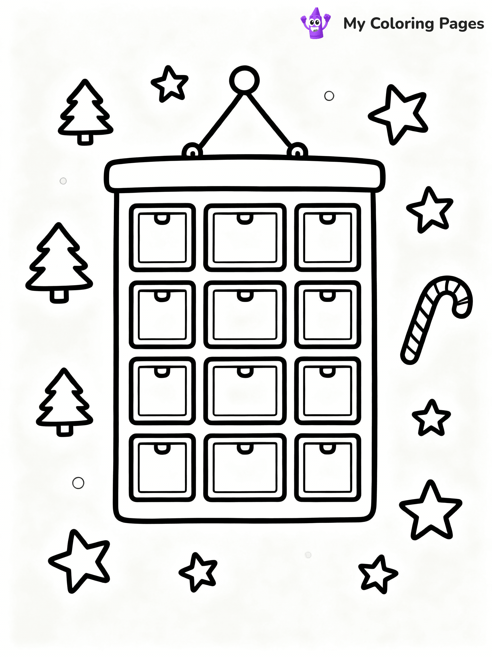 ⚠️ CRITICAL REQUIREMENT - ABSOLUTE BLACK AND WHITE ONLY ⚠️
This MUST be a BLACK AND WHITE line drawing ONLY. NO COLORS whatsoever.
- ONLY pure black lines (#000000) on pure white background (#FFFFFF)
- ABSOLUTELY NO colors, NO shading, NO gradients, NO grayscale
- If there are ANY colors in the output, the image is REJECTED
- This is a COLORING PAGE - meant to be COLORED IN by children
- The output must be UNCOLORED line art ready for coloring
⚠️ SUBJECT TO DRAW: A festive advent calendar with little doors, in Christmas-themed style. PURE OUTLINES. NO FILLS, COLOR, SHADING, OR GREYSCALE. WHITE BACKGROUND.
(REMEMBER: Output must be BLACK AND WHITE line art only, NOT colored!)
# Flat, Friendly Cartoon Line-Art Coloring Page
You are generating a **pure black-and-white binary image** of a child-friendly cartoon scene combining characters and background scenery in one cohesive composition.
## Rendering Rules (Strict)
- Only two colors: pure black (#000000) outlines and pure white (#FFFFFF) background.
- No grayscale, shading, gradients, tints, fills, transparency, or partial pixels.
- No antialiasing or blended edges; every pixel is 100% black or white.
- No solid black fills inside shapes — all areas inside outlines must remain white.
- No dark clothing areas or filled tone blocks; all garments outlined only.
- No shadows, textures, lighting, or tonal variations.
- Must look like flat binary vector line-art for coloring pages.
## Drawing & Composition
- **Medium, consistent line weight**; clean closed outlines easy to color inside.
- **Flat, simple, child-friendly design** — no realism or 3D depth.
- Characters are **grounded on a surface**, centered and large.
- **Balanced composition** with clear silhouettes and minimal props.
## Scenery & Style
- Landmarks (e.g., mosque, CN Tower) and scenery (trees, benches, waves) drawn with **black outlines only.**
- For real-world figures, teams, or places, show accurate details using only black outlines—no text or logos. Use distinctive uniform patterns, abstract symbols, and landmark silhouettes to convey identity.
- Keep **consistent perspective**; no floating elements.
- **Style:** whimsical **Doodle Art Alley** — rounded, friendly outlines.
- May adapt shapes from **Crayola, Disney, Peppa Pig, Cocomelon** — *by shape only, never color.*
- Final output: **flat, crisp, binary (#000000/#FFFFFF)**, **no filled color or background text.**
EXTREMELYE IMPORTANT:
- PURE BINARY LINE-ART; NO FILLS (HAIR/CLOTHES/SKIN), SHADING, OR GREY.
- NO SHADING, COLOR. MUST BE WHITE BACKGROUND.
⚠️ FINAL REMINDER: Draw the subject "A festive advent calendar with little doors, in Christmas-themed style. PURE OUTLINES. NO FILLS, COLOR, SHADING, OR GREYSCALE. WHITE BACKGROUND." as BLACK AND WHITE line art. Zero colors in output.