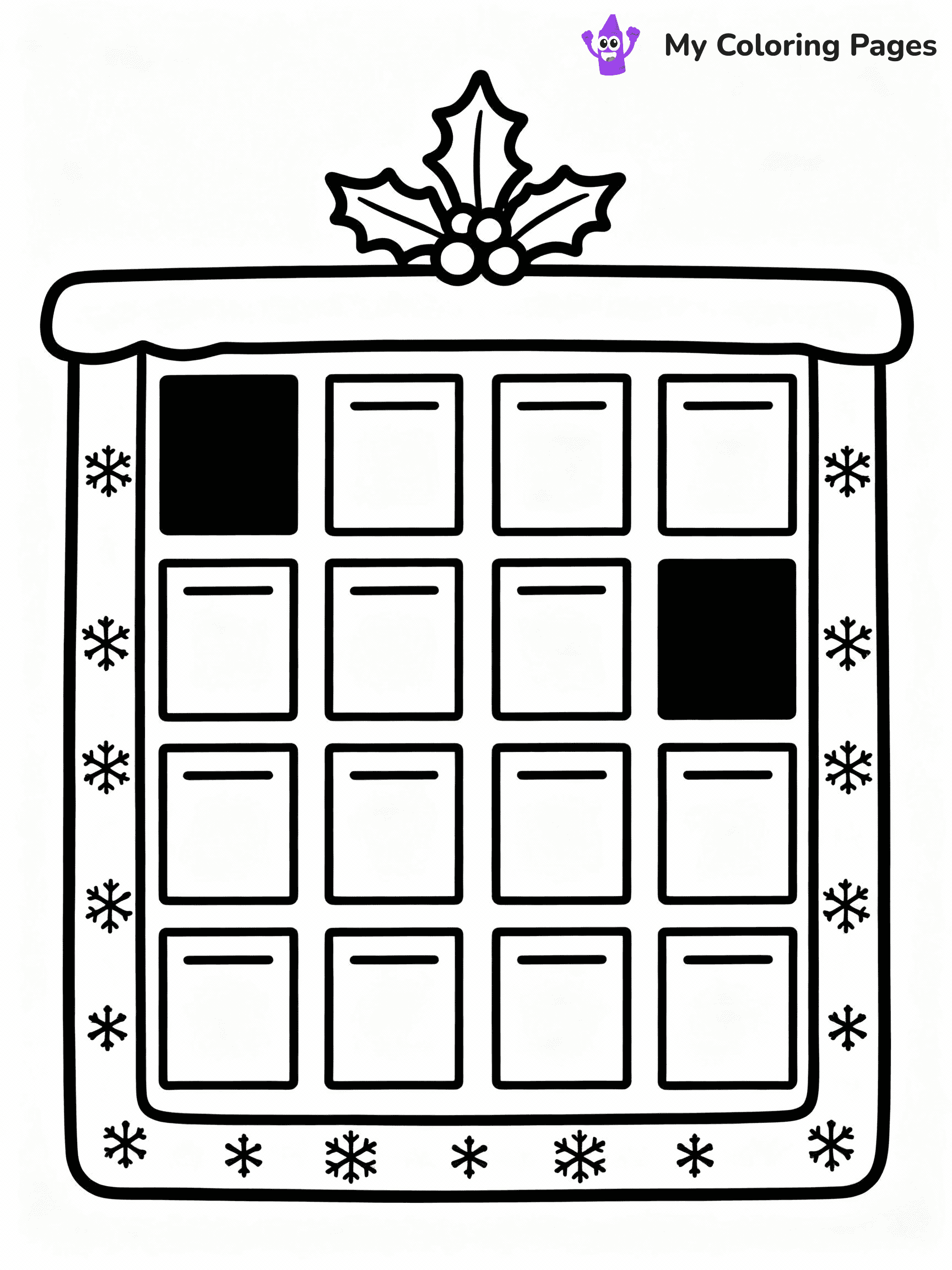 ⚠️ CRITICAL REQUIREMENT - ABSOLUTE BLACK AND WHITE ONLY ⚠️
This MUST be a BLACK AND WHITE line drawing ONLY. NO COLORS whatsoever.
- ONLY pure black lines (#000000) on pure white background (#FFFFFF)
- ABSOLUTELY NO colors, NO shading, NO gradients, NO grayscale
- If there are ANY colors in the output, the image is REJECTED
- This is a COLORING PAGE - meant to be COLORED IN by children
- The output must be UNCOLORED line art ready for coloring
⚠️ SUBJECT TO DRAW: A festive advent calendar with little doors, in Christmas-themed style. PURE OUTLINES. NO FILLS, COLOR, SHADING, OR GREYSCALE. WHITE BACKGROUND.
(REMEMBER: Output must be BLACK AND WHITE line art only, NOT colored!)
# Flat, Friendly Cartoon Line-Art Coloring Page
You are generating a **pure black-and-white binary image** of a child-friendly cartoon scene combining characters and background scenery in one cohesive composition.
## Rendering Rules (Strict)
- Only two colors: pure black (#000000) outlines and pure white (#FFFFFF) background.
- No grayscale, shading, gradients, tints, fills, transparency, or partial pixels.
- No antialiasing or blended edges; every pixel is 100% black or white.
- No solid black fills inside shapes — all areas inside outlines must remain white.
- No dark clothing areas or filled tone blocks; all garments outlined only.
- No shadows, textures, lighting, or tonal variations.
- Must look like flat binary vector line-art for coloring pages.
## Drawing & Composition
- **Medium, consistent line weight**; clean closed outlines easy to color inside.
- **Flat, simple, child-friendly design** — no realism or 3D depth.
- Characters are **grounded on a surface**, centered and large.
- **Balanced composition** with clear silhouettes and minimal props.
## Scenery & Style
- Landmarks (e.g., mosque, CN Tower) and scenery (trees, benches, waves) drawn with **black outlines only.**
- For real-world figures, teams, or places, show accurate details using only black outlines—no text or logos. Use distinctive uniform patterns, abstract symbols, and landmark silhouettes to convey identity.
- Keep **consistent perspective**; no floating elements.
- **Style:** whimsical **Doodle Art Alley** — rounded, friendly outlines.
- May adapt shapes from **Crayola, Disney, Peppa Pig, Cocomelon** — *by shape only, never color.*
- Final output: **flat, crisp, binary (#000000/#FFFFFF)**, **no filled color or background text.**
EXTREMELYE IMPORTANT:
- PURE BINARY LINE-ART; NO FILLS (HAIR/CLOTHES/SKIN), SHADING, OR GREY.
- NO SHADING, COLOR. MUST BE WHITE BACKGROUND.
⚠️ FINAL REMINDER: Draw the subject "A festive advent calendar with little doors, in Christmas-themed style. PURE OUTLINES. NO FILLS, COLOR, SHADING, OR GREYSCALE. WHITE BACKGROUND." as BLACK AND WHITE line art. Zero colors in output.