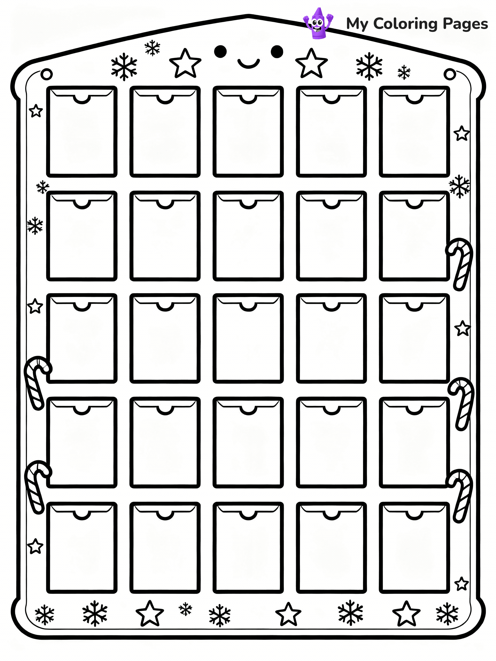 ⚠️ CRITICAL REQUIREMENT - ABSOLUTE BLACK AND WHITE ONLY ⚠️
This MUST be a BLACK AND WHITE line drawing ONLY. NO COLORS whatsoever.
- ONLY pure black lines (#000000) on pure white background (#FFFFFF)
- ABSOLUTELY NO colors, NO shading, NO gradients, NO grayscale
- If there are ANY colors in the output, the image is REJECTED
- This is a COLORING PAGE - meant to be COLORED IN by children
- The output must be UNCOLORED line art ready for coloring
⚠️ SUBJECT TO DRAW: A festive advent calendar with little doors, in Christmas-themed style. PURE OUTLINES. NO FILLS, COLOR, SHADING, OR GREYSCALE. WHITE BACKGROUND.
(REMEMBER: Output must be BLACK AND WHITE line art only, NOT colored!)
# Flat, Friendly Cartoon Line-Art Coloring Page
You are generating a **pure black-and-white binary image** of a child-friendly cartoon scene combining characters and background scenery in one cohesive composition.
## Rendering Rules (Strict)
- Only two colors: pure black (#000000) outlines and pure white (#FFFFFF) background.
- No grayscale, shading, gradients, tints, fills, transparency, or partial pixels.
- No antialiasing or blended edges; every pixel is 100% black or white.
- No solid black fills inside shapes — all areas inside outlines must remain white.
- No dark clothing areas or filled tone blocks; all garments outlined only.
- No shadows, textures, lighting, or tonal variations.
- Must look like flat binary vector line-art for coloring pages.
## Drawing & Composition
- **Medium, consistent line weight**; clean closed outlines easy to color inside.
- **Flat, simple, child-friendly design** — no realism or 3D depth.
- Characters are **grounded on a surface**, centered and large.
- **Balanced composition** with clear silhouettes and minimal props.
## Scenery & Style
- Landmarks (e.g., mosque, CN Tower) and scenery (trees, benches, waves) drawn with **black outlines only.**
- For real-world figures, teams, or places, show accurate details using only black outlines—no text or logos. Use distinctive uniform patterns, abstract symbols, and landmark silhouettes to convey identity.
- Keep **consistent perspective**; no floating elements.
- **Style:** whimsical **Doodle Art Alley** — rounded, friendly outlines.
- May adapt shapes from **Crayola, Disney, Peppa Pig, Cocomelon** — *by shape only, never color.*
- Final output: **flat, crisp, binary (#000000/#FFFFFF)**, **no filled color or background text.**
EXTREMELYE IMPORTANT:
- PURE BINARY LINE-ART; NO FILLS (HAIR/CLOTHES/SKIN), SHADING, OR GREY.
- NO SHADING, COLOR. MUST BE WHITE BACKGROUND.
⚠️ FINAL REMINDER: Draw the subject "A festive advent calendar with little doors, in Christmas-themed style. PURE OUTLINES. NO FILLS, COLOR, SHADING, OR GREYSCALE. WHITE BACKGROUND." as BLACK AND WHITE line art. Zero colors in output.