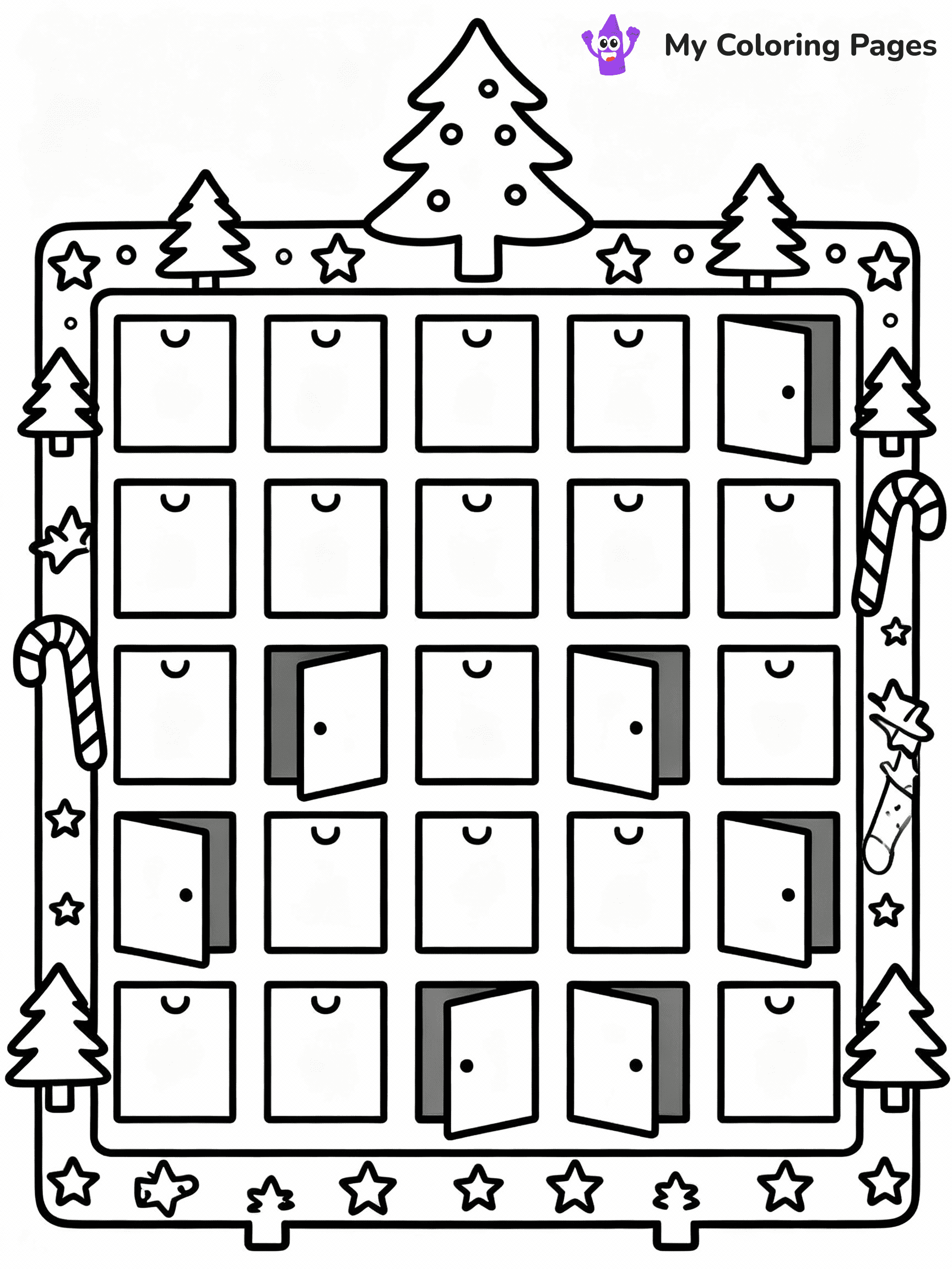 ⚠️ CRITICAL REQUIREMENT - ABSOLUTE BLACK AND WHITE ONLY ⚠️
This MUST be a BLACK AND WHITE line drawing ONLY. NO COLORS whatsoever.
- ONLY pure black lines (#000000) on pure white background (#FFFFFF)
- ABSOLUTELY NO colors, NO shading, NO gradients, NO grayscale
- If there are ANY colors in the output, the image is REJECTED
- This is a COLORING PAGE - meant to be COLORED IN by children
- The output must be UNCOLORED line art ready for coloring
⚠️ SUBJECT TO DRAW: A festive advent calendar with little doors, in Christmas-themed style. PURE OUTLINES. NO FILLS, COLOR, SHADING, OR GREYSCALE. WHITE BACKGROUND.
(REMEMBER: Output must be BLACK AND WHITE line art only, NOT colored!)
# Flat, Friendly Cartoon Line-Art Coloring Page
You are generating a **pure black-and-white binary image** of a child-friendly cartoon scene combining characters and background scenery in one cohesive composition.
## Rendering Rules (Strict)
- Only two colors: pure black (#000000) outlines and pure white (#FFFFFF) background.
- No grayscale, shading, gradients, tints, fills, transparency, or partial pixels.
- No antialiasing or blended edges; every pixel is 100% black or white.
- No solid black fills inside shapes — all areas inside outlines must remain white.
- No dark clothing areas or filled tone blocks; all garments outlined only.
- No shadows, textures, lighting, or tonal variations.
- Must look like flat binary vector line-art for coloring pages.
## Drawing & Composition
- **Medium, consistent line weight**; clean closed outlines easy to color inside.
- **Flat, simple, child-friendly design** — no realism or 3D depth.
- Characters are **grounded on a surface**, centered and large.
- **Balanced composition** with clear silhouettes and minimal props.
## Scenery & Style
- Landmarks (e.g., mosque, CN Tower) and scenery (trees, benches, waves) drawn with **black outlines only.**
- For real-world figures, teams, or places, show accurate details using only black outlines—no text or logos. Use distinctive uniform patterns, abstract symbols, and landmark silhouettes to convey identity.
- Keep **consistent perspective**; no floating elements.
- **Style:** whimsical **Doodle Art Alley** — rounded, friendly outlines.
- May adapt shapes from **Crayola, Disney, Peppa Pig, Cocomelon** — *by shape only, never color.*
- Final output: **flat, crisp, binary (#000000/#FFFFFF)**, **no filled color or background text.**
EXTREMELYE IMPORTANT:
- PURE BINARY LINE-ART; NO FILLS (HAIR/CLOTHES/SKIN), SHADING, OR GREY.
- NO SHADING, COLOR. MUST BE WHITE BACKGROUND.
⚠️ FINAL REMINDER: Draw the subject "A festive advent calendar with little doors, in Christmas-themed style. PURE OUTLINES. NO FILLS, COLOR, SHADING, OR GREYSCALE. WHITE BACKGROUND." as BLACK AND WHITE line art. Zero colors in output.