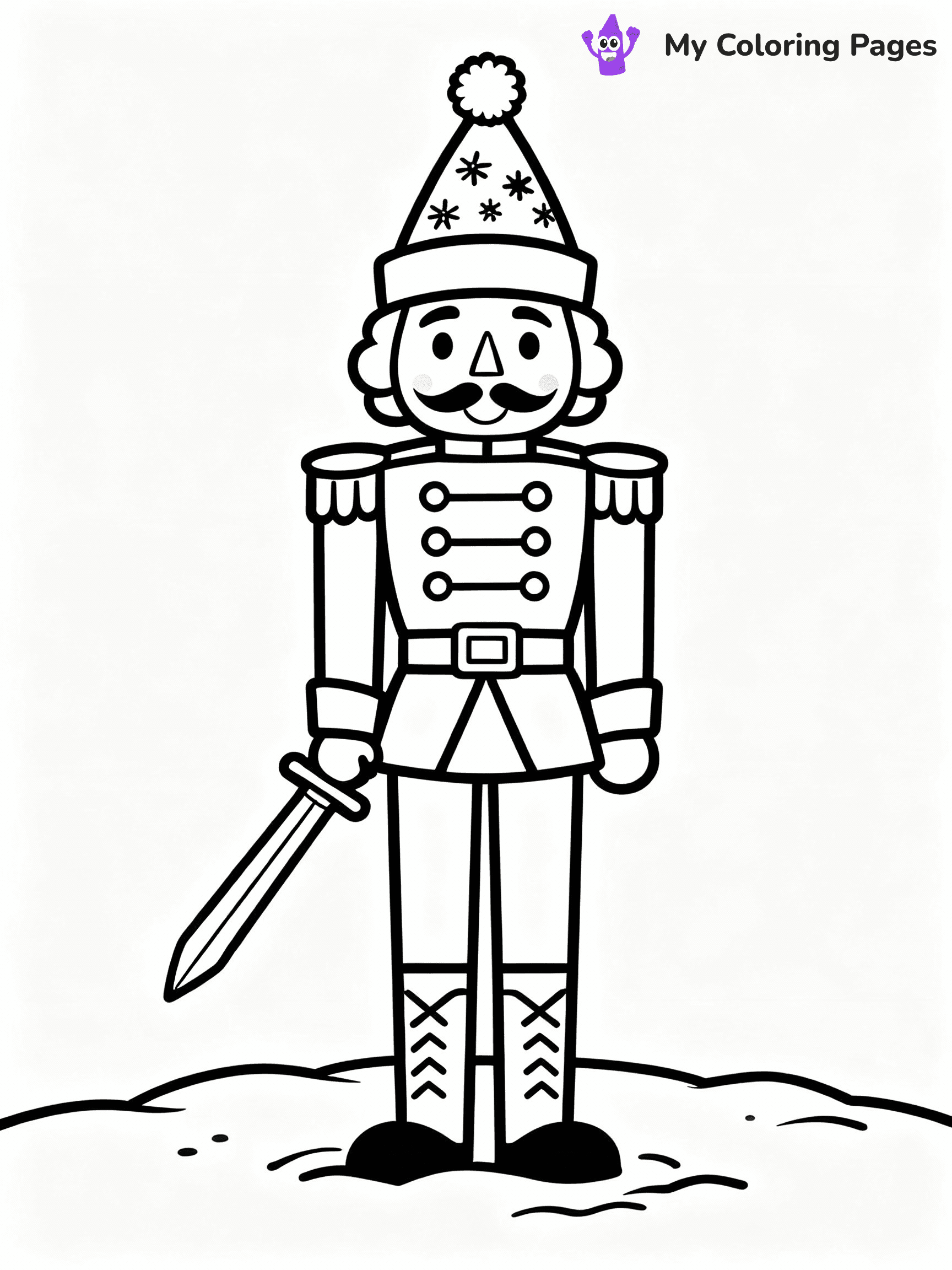 ⚠️ CRITICAL REQUIREMENT - ABSOLUTE BLACK AND WHITE ONLY ⚠️
This MUST be a BLACK AND WHITE line drawing ONLY. NO COLORS whatsoever.
- ONLY pure black lines (#000000) on pure white background (#FFFFFF)
- ABSOLUTELY NO colors, NO shading, NO gradients, NO grayscale
- If there are ANY colors in the output, the image is REJECTED
- This is a COLORING PAGE - meant to be COLORED IN by children
- The output must be UNCOLORED line art ready for coloring
⚠️ SUBJECT TO DRAW: A cheerful nutcracker soldier standing tall, in Christmas-themed style. PURE OUTLINES. NO FILLS, COLOR, SHADING, OR GREYSCALE. WHITE BACKGROUND.
(REMEMBER: Output must be BLACK AND WHITE line art only, NOT colored!)
# Flat, Friendly Cartoon Line-Art Coloring Page
You are generating a **pure black-and-white binary image** of a child-friendly cartoon scene combining characters and background scenery in one cohesive composition.
## Rendering Rules (Strict)
- Only two colors: pure black (#000000) outlines and pure white (#FFFFFF) background.
- No grayscale, shading, gradients, tints, fills, transparency, or partial pixels.
- No antialiasing or blended edges; every pixel is 100% black or white.
- No solid black fills inside shapes — all areas inside outlines must remain white.
- No dark clothing areas or filled tone blocks; all garments outlined only.
- No shadows, textures, lighting, or tonal variations.
- Must look like flat binary vector line-art for coloring pages.
## Drawing & Composition
- **Medium, consistent line weight**; clean closed outlines easy to color inside.
- **Flat, simple, child-friendly design** — no realism or 3D depth.
- Characters are **grounded on a surface**, centered and large.
- **Balanced composition** with clear silhouettes and minimal props.
## Scenery & Style
- Landmarks (e.g., mosque, CN Tower) and scenery (trees, benches, waves) drawn with **black outlines only.**
- For real-world figures, teams, or places, show accurate details using only black outlines—no text or logos. Use distinctive uniform patterns, abstract symbols, and landmark silhouettes to convey identity.
- Keep **consistent perspective**; no floating elements.
- **Style:** whimsical **Doodle Art Alley** — rounded, friendly outlines.
- May adapt shapes from **Crayola, Disney, Peppa Pig, Cocomelon** — *by shape only, never color.*
- Final output: **flat, crisp, binary (#000000/#FFFFFF)**, **no filled color or background text.**
EXTREMELYE IMPORTANT:
- PURE BINARY LINE-ART; NO FILLS (HAIR/CLOTHES/SKIN), SHADING, OR GREY.
- NO SHADING, COLOR. MUST BE WHITE BACKGROUND.
⚠️ FINAL REMINDER: Draw the subject "A cheerful nutcracker soldier standing tall, in Christmas-themed style. PURE OUTLINES. NO FILLS, COLOR, SHADING, OR GREYSCALE. WHITE BACKGROUND." as BLACK AND WHITE line art. Zero colors in output.