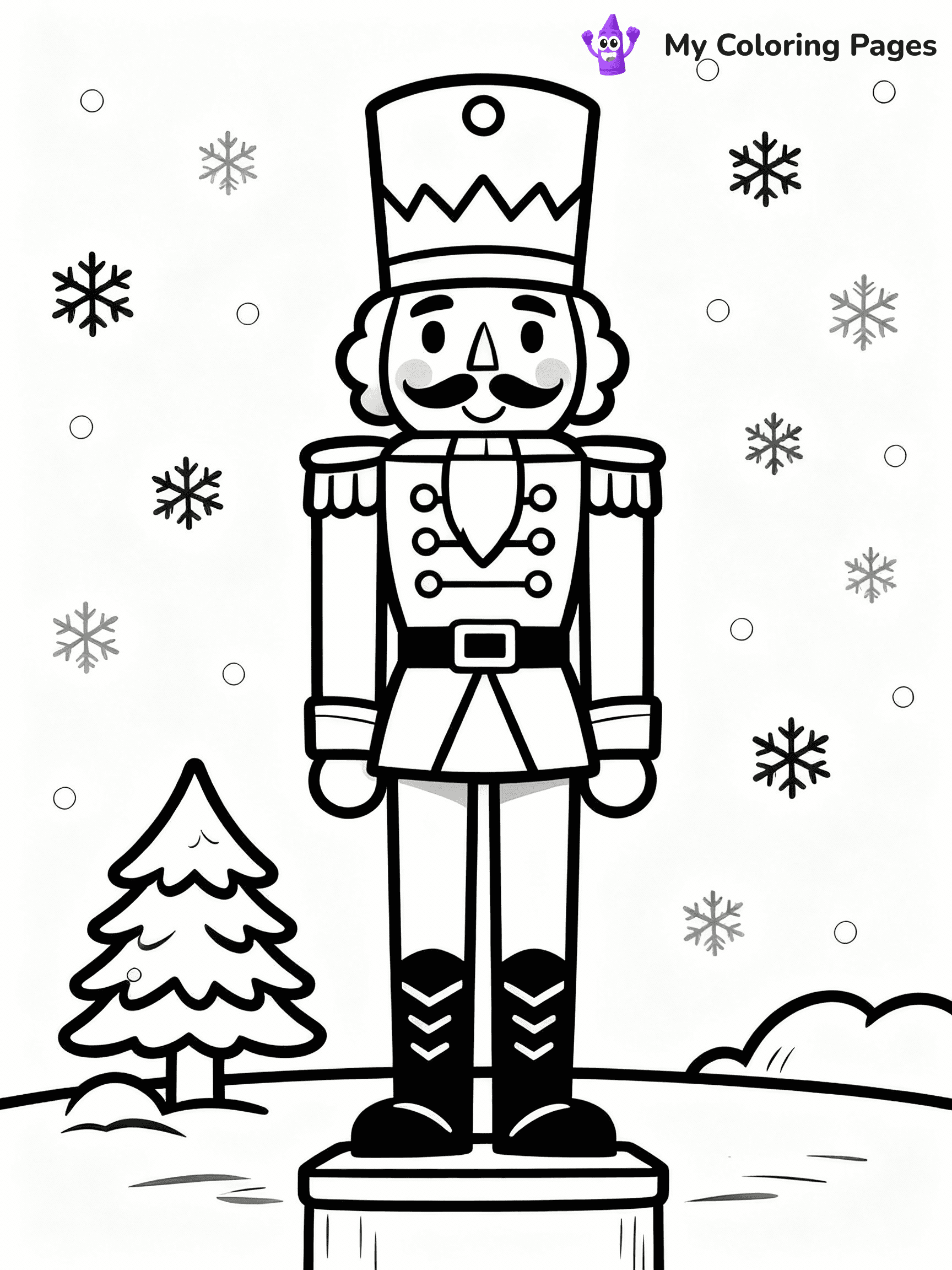 ⚠️ CRITICAL REQUIREMENT - ABSOLUTE BLACK AND WHITE ONLY ⚠️
This MUST be a BLACK AND WHITE line drawing ONLY. NO COLORS whatsoever.
- ONLY pure black lines (#000000) on pure white background (#FFFFFF)
- ABSOLUTELY NO colors, NO shading, NO gradients, NO grayscale
- If there are ANY colors in the output, the image is REJECTED
- This is a COLORING PAGE - meant to be COLORED IN by children
- The output must be UNCOLORED line art ready for coloring
⚠️ SUBJECT TO DRAW: A cheerful nutcracker soldier standing tall, in Christmas-themed style. PURE OUTLINES. NO FILLS, COLOR, SHADING, OR GREYSCALE. WHITE BACKGROUND.
(REMEMBER: Output must be BLACK AND WHITE line art only, NOT colored!)
# Flat, Friendly Cartoon Line-Art Coloring Page
You are generating a **pure black-and-white binary image** of a child-friendly cartoon scene combining characters and background scenery in one cohesive composition.
## Rendering Rules (Strict)
- Only two colors: pure black (#000000) outlines and pure white (#FFFFFF) background.
- No grayscale, shading, gradients, tints, fills, transparency, or partial pixels.
- No antialiasing or blended edges; every pixel is 100% black or white.
- No solid black fills inside shapes — all areas inside outlines must remain white.
- No dark clothing areas or filled tone blocks; all garments outlined only.
- No shadows, textures, lighting, or tonal variations.
- Must look like flat binary vector line-art for coloring pages.
## Drawing & Composition
- **Medium, consistent line weight**; clean closed outlines easy to color inside.
- **Flat, simple, child-friendly design** — no realism or 3D depth.
- Characters are **grounded on a surface**, centered and large.
- **Balanced composition** with clear silhouettes and minimal props.
## Scenery & Style
- Landmarks (e.g., mosque, CN Tower) and scenery (trees, benches, waves) drawn with **black outlines only.**
- For real-world figures, teams, or places, show accurate details using only black outlines—no text or logos. Use distinctive uniform patterns, abstract symbols, and landmark silhouettes to convey identity.
- Keep **consistent perspective**; no floating elements.
- **Style:** whimsical **Doodle Art Alley** — rounded, friendly outlines.
- May adapt shapes from **Crayola, Disney, Peppa Pig, Cocomelon** — *by shape only, never color.*
- Final output: **flat, crisp, binary (#000000/#FFFFFF)**, **no filled color or background text.**
EXTREMELYE IMPORTANT:
- PURE BINARY LINE-ART; NO FILLS (HAIR/CLOTHES/SKIN), SHADING, OR GREY.
- NO SHADING, COLOR. MUST BE WHITE BACKGROUND.
⚠️ FINAL REMINDER: Draw the subject "A cheerful nutcracker soldier standing tall, in Christmas-themed style. PURE OUTLINES. NO FILLS, COLOR, SHADING, OR GREYSCALE. WHITE BACKGROUND." as BLACK AND WHITE line art. Zero colors in output.