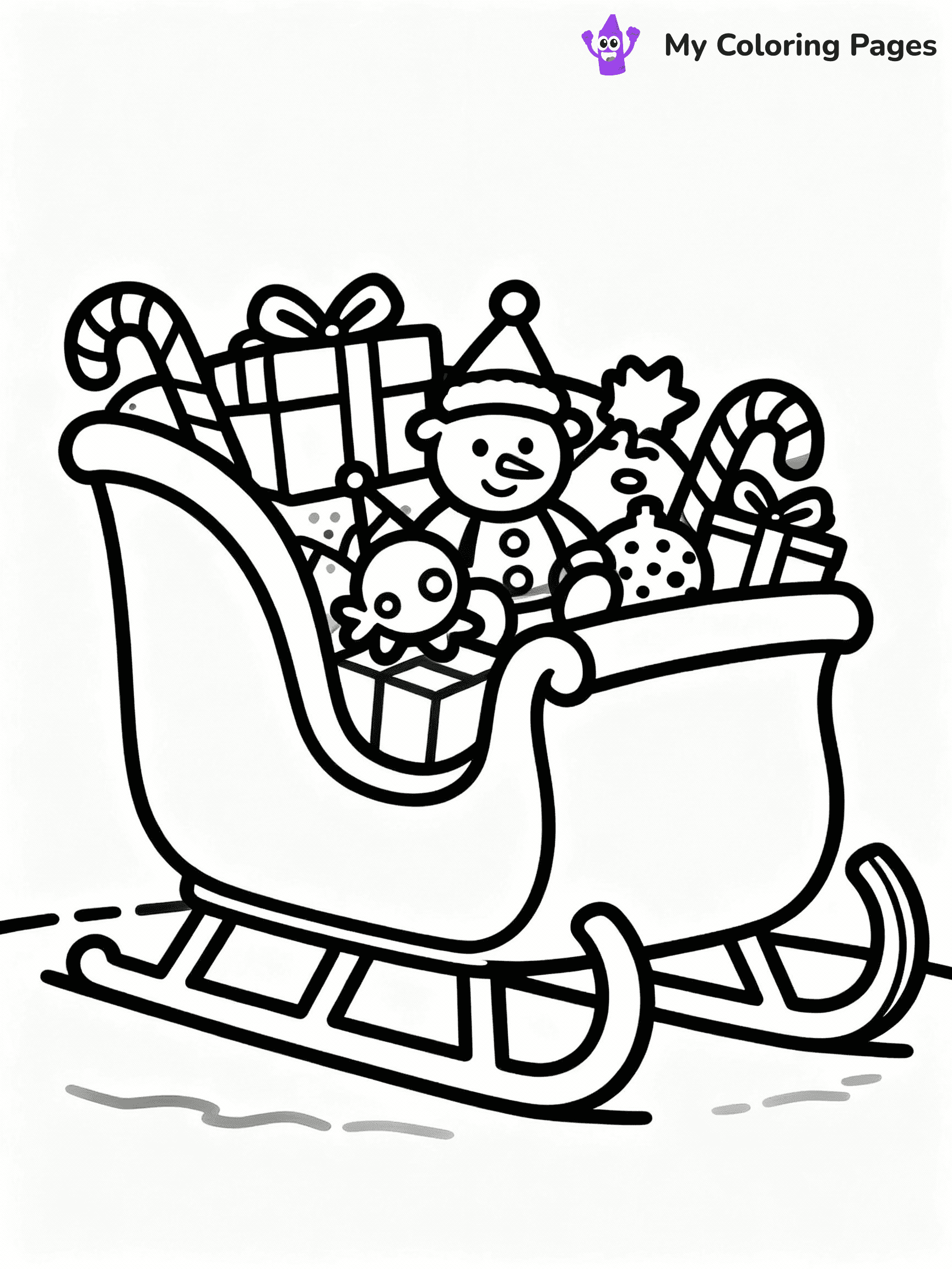 ⚠️ CRITICAL REQUIREMENT - ABSOLUTE BLACK AND WHITE ONLY ⚠️
This MUST be a BLACK AND WHITE line drawing ONLY. NO COLORS whatsoever.
- ONLY pure black lines (#000000) on pure white background (#FFFFFF)
- ABSOLUTELY NO colors, NO shading, NO gradients, NO grayscale
- If there are ANY colors in the output, the image is REJECTED
- This is a COLORING PAGE - meant to be COLORED IN by children
- The output must be UNCOLORED line art ready for coloring
⚠️ SUBJECT TO DRAW: A Christmas sleigh filled with toys and candy canes, in Christmas-themed style. PURE OUTLINES. NO FILLS, COLOR, SHADING, OR GREYSCALE. WHITE BACKGROUND.
(REMEMBER: Output must be BLACK AND WHITE line art only, NOT colored!)
# Flat, Friendly Cartoon Line-Art Coloring Page
You are generating a **pure black-and-white binary image** of a child-friendly cartoon scene combining characters and background scenery in one cohesive composition.
## Rendering Rules (Strict)
- Only two colors: pure black (#000000) outlines and pure white (#FFFFFF) background.
- No grayscale, shading, gradients, tints, fills, transparency, or partial pixels.
- No antialiasing or blended edges; every pixel is 100% black or white.
- No solid black fills inside shapes — all areas inside outlines must remain white.
- No dark clothing areas or filled tone blocks; all garments outlined only.
- No shadows, textures, lighting, or tonal variations.
- Must look like flat binary vector line-art for coloring pages.
## Drawing & Composition
- **Medium, consistent line weight**; clean closed outlines easy to color inside.
- **Flat, simple, child-friendly design** — no realism or 3D depth.
- Characters are **grounded on a surface**, centered and large.
- **Balanced composition** with clear silhouettes and minimal props.
## Scenery & Style
- Landmarks (e.g., mosque, CN Tower) and scenery (trees, benches, waves) drawn with **black outlines only.**
- For real-world figures, teams, or places, show accurate details using only black outlines—no text or logos. Use distinctive uniform patterns, abstract symbols, and landmark silhouettes to convey identity.
- Keep **consistent perspective**; no floating elements.
- **Style:** whimsical **Doodle Art Alley** — rounded, friendly outlines.
- May adapt shapes from **Crayola, Disney, Peppa Pig, Cocomelon** — *by shape only, never color.*
- Final output: **flat, crisp, binary (#000000/#FFFFFF)**, **no filled color or background text.**
EXTREMELYE IMPORTANT:
- PURE BINARY LINE-ART; NO FILLS (HAIR/CLOTHES/SKIN), SHADING, OR GREY.
- NO SHADING, COLOR. MUST BE WHITE BACKGROUND.
⚠️ FINAL REMINDER: Draw the subject "A Christmas sleigh filled with toys and candy canes, in Christmas-themed style. PURE OUTLINES. NO FILLS, COLOR, SHADING, OR GREYSCALE. WHITE BACKGROUND." as BLACK AND WHITE line art. Zero colors in output.