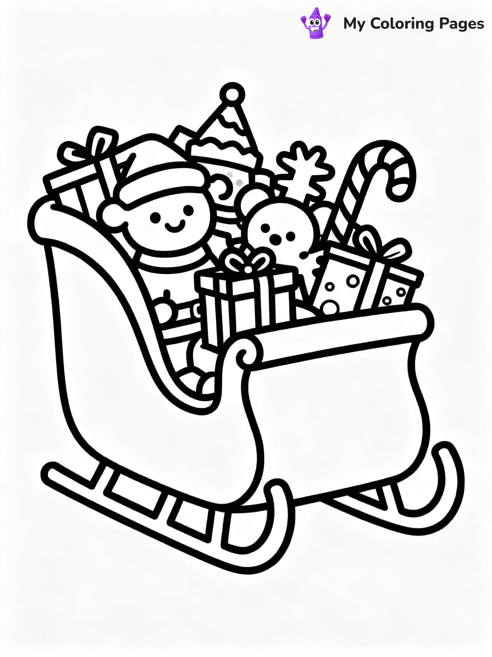 ⚠️ CRITICAL REQUIREMENT - ABSOLUTE BLACK AND WHITE ONLY ⚠️
This MUST be a BLACK AND WHITE line drawing ONLY. NO COLORS whatsoever.
- ONLY pure black lines (#000000) on pure white background (#FFFFFF)
- ABSOLUTELY NO colors, NO shading, NO gradients, NO grayscale
- If there are ANY colors in the output, the image is REJECTED
- This is a COLORING PAGE - meant to be COLORED IN by children
- The output must be UNCOLORED line art ready for coloring
⚠️ SUBJECT TO DRAW: A Christmas sleigh filled with toys and candy canes, in Christmas-themed style. PURE OUTLINES. NO FILLS, COLOR, SHADING, OR GREYSCALE. WHITE BACKGROUND.
(REMEMBER: Output must be BLACK AND WHITE line art only, NOT colored!)
# Flat, Friendly Cartoon Line-Art Coloring Page
You are generating a **pure black-and-white binary image** of a child-friendly cartoon scene combining characters and background scenery in one cohesive composition.
## Rendering Rules (Strict)
- Only two colors: pure black (#000000) outlines and pure white (#FFFFFF) background.
- No grayscale, shading, gradients, tints, fills, transparency, or partial pixels.
- No antialiasing or blended edges; every pixel is 100% black or white.
- No solid black fills inside shapes — all areas inside outlines must remain white.
- No dark clothing areas or filled tone blocks; all garments outlined only.
- No shadows, textures, lighting, or tonal variations.
- Must look like flat binary vector line-art for coloring pages.
## Drawing & Composition
- **Medium, consistent line weight**; clean closed outlines easy to color inside.
- **Flat, simple, child-friendly design** — no realism or 3D depth.
- Characters are **grounded on a surface**, centered and large.
- **Balanced composition** with clear silhouettes and minimal props.
## Scenery & Style
- Landmarks (e.g., mosque, CN Tower) and scenery (trees, benches, waves) drawn with **black outlines only.**
- For real-world figures, teams, or places, show accurate details using only black outlines—no text or logos. Use distinctive uniform patterns, abstract symbols, and landmark silhouettes to convey identity.
- Keep **consistent perspective**; no floating elements.
- **Style:** whimsical **Doodle Art Alley** — rounded, friendly outlines.
- May adapt shapes from **Crayola, Disney, Peppa Pig, Cocomelon** — *by shape only, never color.*
- Final output: **flat, crisp, binary (#000000/#FFFFFF)**, **no filled color or background text.**
EXTREMELYE IMPORTANT:
- PURE BINARY LINE-ART; NO FILLS (HAIR/CLOTHES/SKIN), SHADING, OR GREY.
- NO SHADING, COLOR. MUST BE WHITE BACKGROUND.
⚠️ FINAL REMINDER: Draw the subject "A Christmas sleigh filled with toys and candy canes, in Christmas-themed style. PURE OUTLINES. NO FILLS, COLOR, SHADING, OR GREYSCALE. WHITE BACKGROUND." as BLACK AND WHITE line art. Zero colors in output.