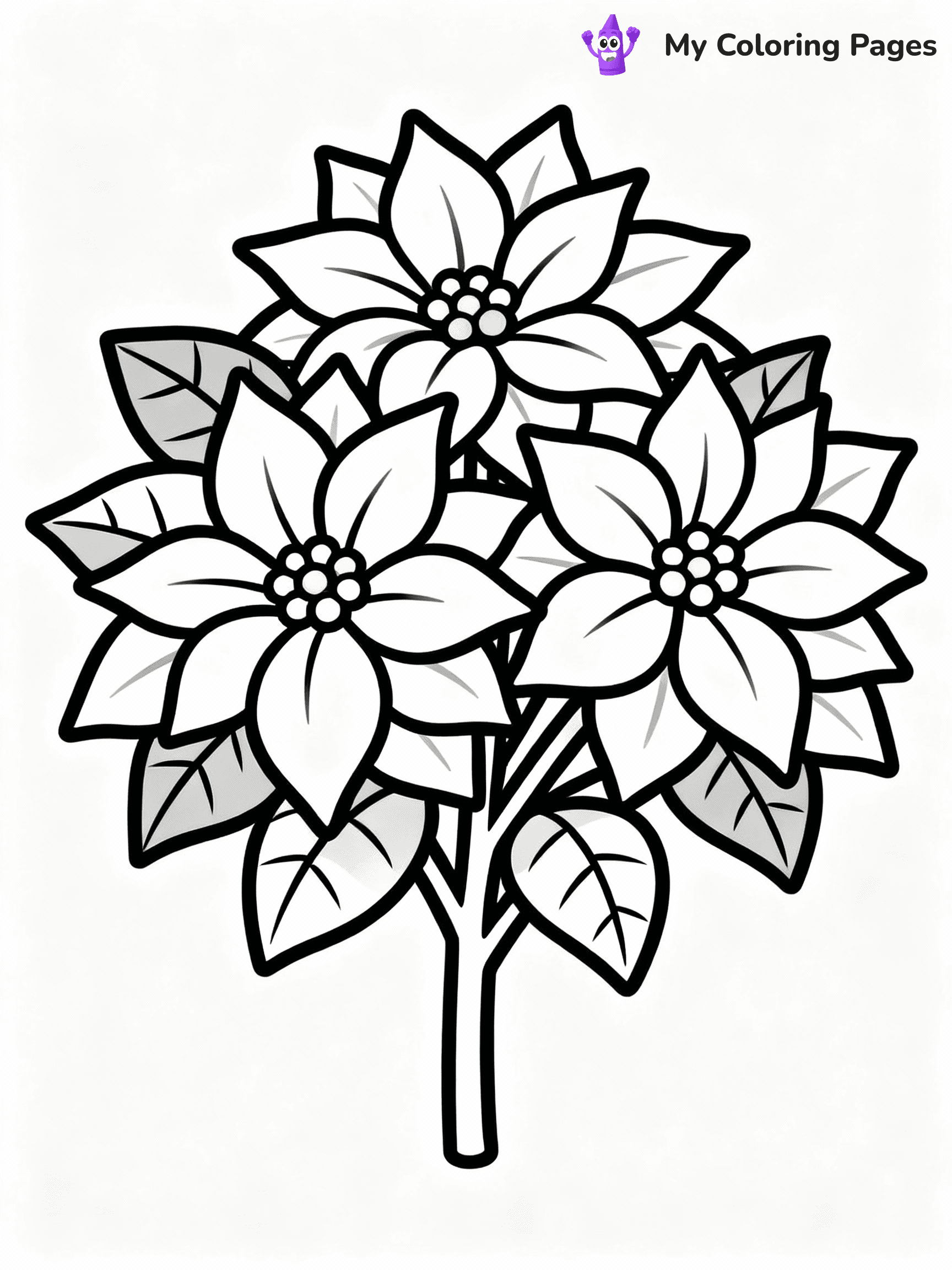 ⚠️ CRITICAL REQUIREMENT - ABSOLUTE BLACK AND WHITE ONLY ⚠️
This MUST be a BLACK AND WHITE line drawing ONLY. NO COLORS whatsoever.
- ONLY pure black lines (#000000) on pure white background (#FFFFFF)
- ABSOLUTELY NO colors, NO shading, NO gradients, NO grayscale
- If there are ANY colors in the output, the image is REJECTED
- This is a COLORING PAGE - meant to be COLORED IN by children
- The output must be UNCOLORED line art ready for coloring
⚠️ SUBJECT TO DRAW: A beautiful poinsettia flower arrangement, in Christmas-themed style. PURE OUTLINES. NO FILLS, COLOR, SHADING, OR GREYSCALE. WHITE BACKGROUND.
(REMEMBER: Output must be BLACK AND WHITE line art only, NOT colored!)
# Flat, Friendly Cartoon Line-Art Coloring Page
You are generating a **pure black-and-white binary image** of a child-friendly cartoon scene combining characters and background scenery in one cohesive composition.
## Rendering Rules (Strict)
- Only two colors: pure black (#000000) outlines and pure white (#FFFFFF) background.
- No grayscale, shading, gradients, tints, fills, transparency, or partial pixels.
- No antialiasing or blended edges; every pixel is 100% black or white.
- No solid black fills inside shapes — all areas inside outlines must remain white.
- No dark clothing areas or filled tone blocks; all garments outlined only.
- No shadows, textures, lighting, or tonal variations.
- Must look like flat binary vector line-art for coloring pages.
## Drawing & Composition
- **Medium, consistent line weight**; clean closed outlines easy to color inside.
- **Flat, simple, child-friendly design** — no realism or 3D depth.
- Characters are **grounded on a surface**, centered and large.
- **Balanced composition** with clear silhouettes and minimal props.
## Scenery & Style
- Landmarks (e.g., mosque, CN Tower) and scenery (trees, benches, waves) drawn with **black outlines only.**
- For real-world figures, teams, or places, show accurate details using only black outlines—no text or logos. Use distinctive uniform patterns, abstract symbols, and landmark silhouettes to convey identity.
- Keep **consistent perspective**; no floating elements.
- **Style:** whimsical **Doodle Art Alley** — rounded, friendly outlines.
- May adapt shapes from **Crayola, Disney, Peppa Pig, Cocomelon** — *by shape only, never color.*
- Final output: **flat, crisp, binary (#000000/#FFFFFF)**, **no filled color or background text.**
EXTREMELYE IMPORTANT:
- PURE BINARY LINE-ART; NO FILLS (HAIR/CLOTHES/SKIN), SHADING, OR GREY.
- NO SHADING, COLOR. MUST BE WHITE BACKGROUND.
⚠️ FINAL REMINDER: Draw the subject "A beautiful poinsettia flower arrangement, in Christmas-themed style. PURE OUTLINES. NO FILLS, COLOR, SHADING, OR GREYSCALE. WHITE BACKGROUND." as BLACK AND WHITE line art. Zero colors in output.