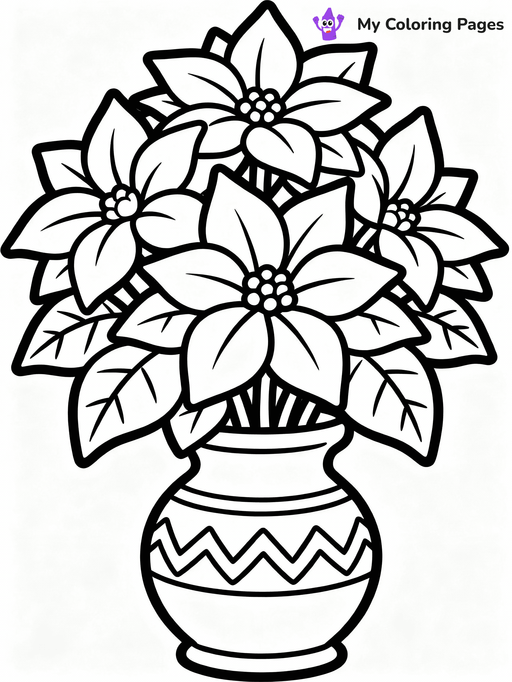 ⚠️ CRITICAL REQUIREMENT - ABSOLUTE BLACK AND WHITE ONLY ⚠️
This MUST be a BLACK AND WHITE line drawing ONLY. NO COLORS whatsoever.
- ONLY pure black lines (#000000) on pure white background (#FFFFFF)
- ABSOLUTELY NO colors, NO shading, NO gradients, NO grayscale
- If there are ANY colors in the output, the image is REJECTED
- This is a COLORING PAGE - meant to be COLORED IN by children
- The output must be UNCOLORED line art ready for coloring
⚠️ SUBJECT TO DRAW: A beautiful poinsettia flower arrangement, in Christmas-themed style. PURE OUTLINES. NO FILLS, COLOR, SHADING, OR GREYSCALE. WHITE BACKGROUND.
(REMEMBER: Output must be BLACK AND WHITE line art only, NOT colored!)
# Flat, Friendly Cartoon Line-Art Coloring Page
You are generating a **pure black-and-white binary image** of a child-friendly cartoon scene combining characters and background scenery in one cohesive composition.
## Rendering Rules (Strict)
- Only two colors: pure black (#000000) outlines and pure white (#FFFFFF) background.
- No grayscale, shading, gradients, tints, fills, transparency, or partial pixels.
- No antialiasing or blended edges; every pixel is 100% black or white.
- No solid black fills inside shapes — all areas inside outlines must remain white.
- No dark clothing areas or filled tone blocks; all garments outlined only.
- No shadows, textures, lighting, or tonal variations.
- Must look like flat binary vector line-art for coloring pages.
## Drawing & Composition
- **Medium, consistent line weight**; clean closed outlines easy to color inside.
- **Flat, simple, child-friendly design** — no realism or 3D depth.
- Characters are **grounded on a surface**, centered and large.
- **Balanced composition** with clear silhouettes and minimal props.
## Scenery & Style
- Landmarks (e.g., mosque, CN Tower) and scenery (trees, benches, waves) drawn with **black outlines only.**
- For real-world figures, teams, or places, show accurate details using only black outlines—no text or logos. Use distinctive uniform patterns, abstract symbols, and landmark silhouettes to convey identity.
- Keep **consistent perspective**; no floating elements.
- **Style:** whimsical **Doodle Art Alley** — rounded, friendly outlines.
- May adapt shapes from **Crayola, Disney, Peppa Pig, Cocomelon** — *by shape only, never color.*
- Final output: **flat, crisp, binary (#000000/#FFFFFF)**, **no filled color or background text.**
EXTREMELYE IMPORTANT:
- PURE BINARY LINE-ART; NO FILLS (HAIR/CLOTHES/SKIN), SHADING, OR GREY.
- NO SHADING, COLOR. MUST BE WHITE BACKGROUND.
⚠️ FINAL REMINDER: Draw the subject "A beautiful poinsettia flower arrangement, in Christmas-themed style. PURE OUTLINES. NO FILLS, COLOR, SHADING, OR GREYSCALE. WHITE BACKGROUND." as BLACK AND WHITE line art. Zero colors in output.