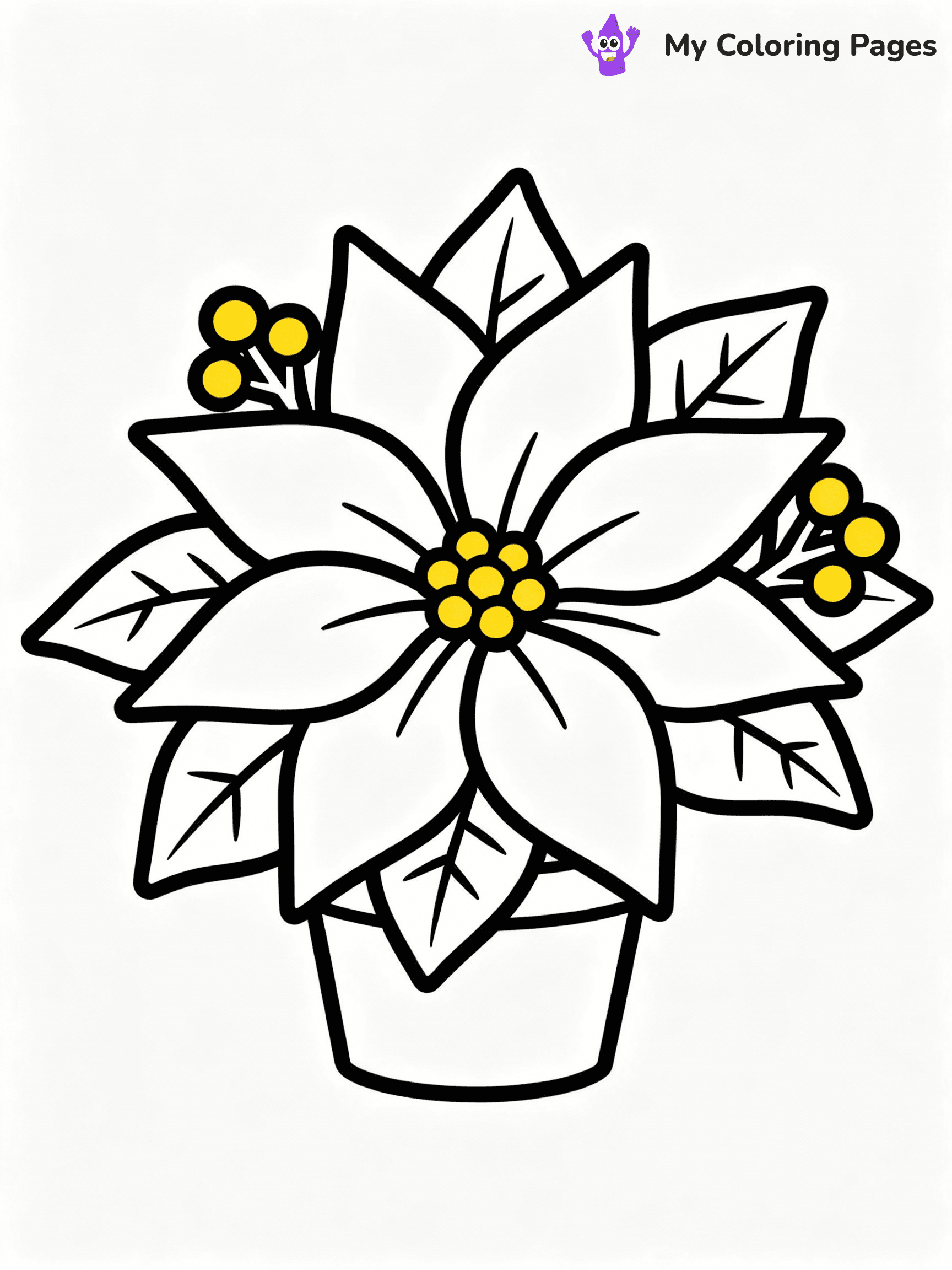 ⚠️ CRITICAL REQUIREMENT - ABSOLUTE BLACK AND WHITE ONLY ⚠️
This MUST be a BLACK AND WHITE line drawing ONLY. NO COLORS whatsoever.
- ONLY pure black lines (#000000) on pure white background (#FFFFFF)
- ABSOLUTELY NO colors, NO shading, NO gradients, NO grayscale
- If there are ANY colors in the output, the image is REJECTED
- This is a COLORING PAGE - meant to be COLORED IN by children
- The output must be UNCOLORED line art ready for coloring
⚠️ SUBJECT TO DRAW: A beautiful poinsettia flower arrangement, in Christmas-themed style. PURE OUTLINES. NO FILLS, COLOR, SHADING, OR GREYSCALE. WHITE BACKGROUND.
(REMEMBER: Output must be BLACK AND WHITE line art only, NOT colored!)
# Flat, Friendly Cartoon Line-Art Coloring Page
You are generating a **pure black-and-white binary image** of a child-friendly cartoon scene combining characters and background scenery in one cohesive composition.
## Rendering Rules (Strict)
- Only two colors: pure black (#000000) outlines and pure white (#FFFFFF) background.
- No grayscale, shading, gradients, tints, fills, transparency, or partial pixels.
- No antialiasing or blended edges; every pixel is 100% black or white.
- No solid black fills inside shapes — all areas inside outlines must remain white.
- No dark clothing areas or filled tone blocks; all garments outlined only.
- No shadows, textures, lighting, or tonal variations.
- Must look like flat binary vector line-art for coloring pages.
## Drawing & Composition
- **Medium, consistent line weight**; clean closed outlines easy to color inside.
- **Flat, simple, child-friendly design** — no realism or 3D depth.
- Characters are **grounded on a surface**, centered and large.
- **Balanced composition** with clear silhouettes and minimal props.
## Scenery & Style
- Landmarks (e.g., mosque, CN Tower) and scenery (trees, benches, waves) drawn with **black outlines only.**
- For real-world figures, teams, or places, show accurate details using only black outlines—no text or logos. Use distinctive uniform patterns, abstract symbols, and landmark silhouettes to convey identity.
- Keep **consistent perspective**; no floating elements.
- **Style:** whimsical **Doodle Art Alley** — rounded, friendly outlines.
- May adapt shapes from **Crayola, Disney, Peppa Pig, Cocomelon** — *by shape only, never color.*
- Final output: **flat, crisp, binary (#000000/#FFFFFF)**, **no filled color or background text.**
EXTREMELYE IMPORTANT:
- PURE BINARY LINE-ART; NO FILLS (HAIR/CLOTHES/SKIN), SHADING, OR GREY.
- NO SHADING, COLOR. MUST BE WHITE BACKGROUND.
⚠️ FINAL REMINDER: Draw the subject "A beautiful poinsettia flower arrangement, in Christmas-themed style. PURE OUTLINES. NO FILLS, COLOR, SHADING, OR GREYSCALE. WHITE BACKGROUND." as BLACK AND WHITE line art. Zero colors in output.