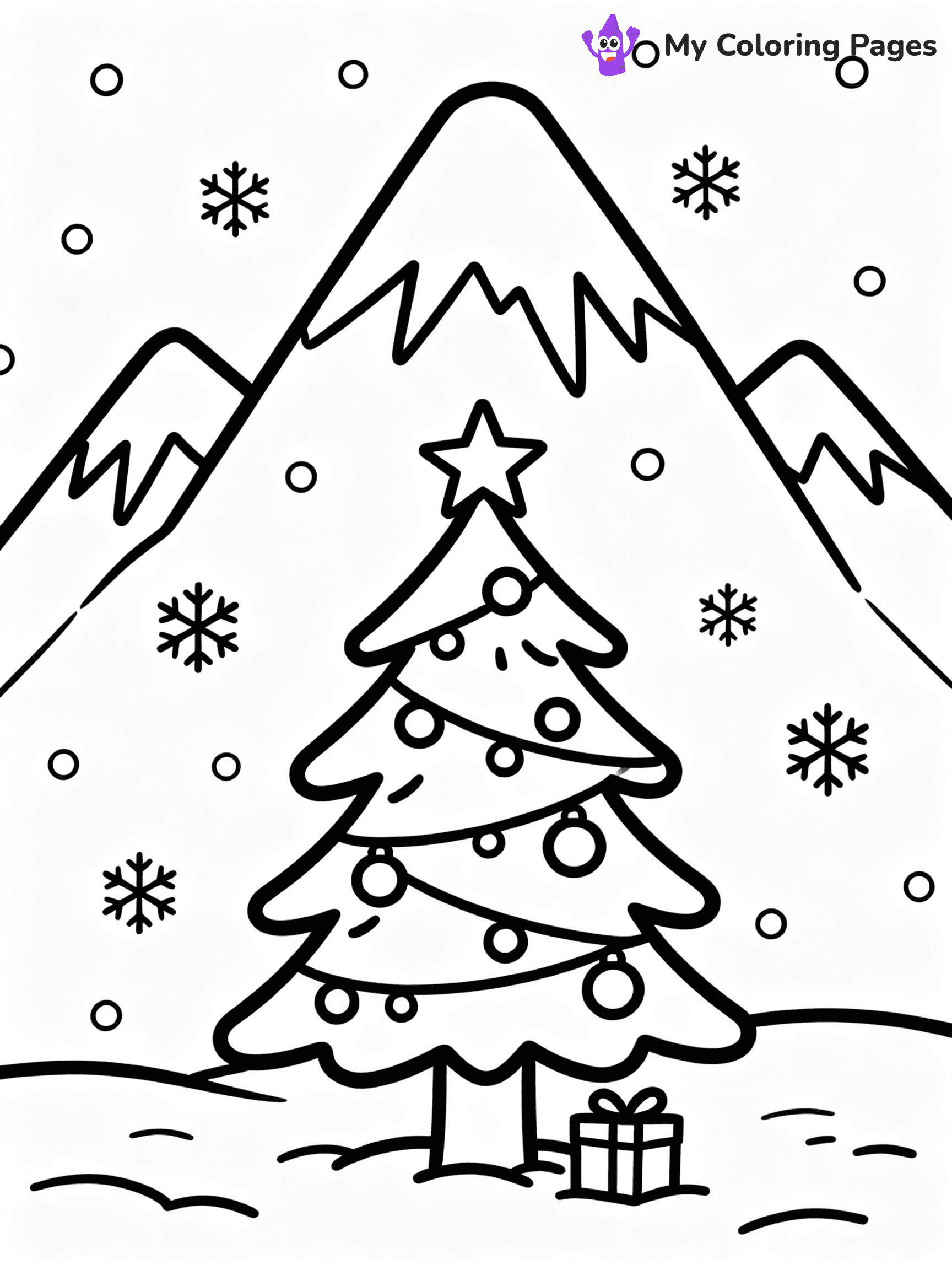 ⚠️ CRITICAL REQUIREMENT - ABSOLUTE BLACK AND WHITE ONLY ⚠️
This MUST be a BLACK AND WHITE line drawing ONLY. NO COLORS whatsoever.
- ONLY pure black lines (#000000) on pure white background (#FFFFFF)
- ABSOLUTELY NO colors, NO shading, NO gradients, NO grayscale
- If there are ANY colors in the output, the image is REJECTED
- This is a COLORING PAGE - meant to be COLORED IN by children
- The output must be UNCOLORED line art ready for coloring
⚠️ SUBJECT TO DRAW: A snowy mountain scene with a decorated tree, in Christmas-themed style. PURE OUTLINES. NO FILLS, COLOR, SHADING, OR GREYSCALE. WHITE BACKGROUND.
(REMEMBER: Output must be BLACK AND WHITE line art only, NOT colored!)
# Flat, Friendly Cartoon Line-Art Coloring Page
You are generating a **pure black-and-white binary image** of a child-friendly cartoon scene combining characters and background scenery in one cohesive composition.
## Rendering Rules (Strict)
- Only two colors: pure black (#000000) outlines and pure white (#FFFFFF) background.
- No grayscale, shading, gradients, tints, fills, transparency, or partial pixels.
- No antialiasing or blended edges; every pixel is 100% black or white.
- No solid black fills inside shapes — all areas inside outlines must remain white.
- No dark clothing areas or filled tone blocks; all garments outlined only.
- No shadows, textures, lighting, or tonal variations.
- Must look like flat binary vector line-art for coloring pages.
## Drawing & Composition
- **Medium, consistent line weight**; clean closed outlines easy to color inside.
- **Flat, simple, child-friendly design** — no realism or 3D depth.
- Characters are **grounded on a surface**, centered and large.
- **Balanced composition** with clear silhouettes and minimal props.
## Scenery & Style
- Landmarks (e.g., mosque, CN Tower) and scenery (trees, benches, waves) drawn with **black outlines only.**
- For real-world figures, teams, or places, show accurate details using only black outlines—no text or logos. Use distinctive uniform patterns, abstract symbols, and landmark silhouettes to convey identity.
- Keep **consistent perspective**; no floating elements.
- **Style:** whimsical **Doodle Art Alley** — rounded, friendly outlines.
- May adapt shapes from **Crayola, Disney, Peppa Pig, Cocomelon** — *by shape only, never color.*
- Final output: **flat, crisp, binary (#000000/#FFFFFF)**, **no filled color or background text.**
EXTREMELYE IMPORTANT:
- PURE BINARY LINE-ART; NO FILLS (HAIR/CLOTHES/SKIN), SHADING, OR GREY.
- NO SHADING, COLOR. MUST BE WHITE BACKGROUND.
⚠️ FINAL REMINDER: Draw the subject "A snowy mountain scene with a decorated tree, in Christmas-themed style. PURE OUTLINES. NO FILLS, COLOR, SHADING, OR GREYSCALE. WHITE BACKGROUND." as BLACK AND WHITE line art. Zero colors in output.