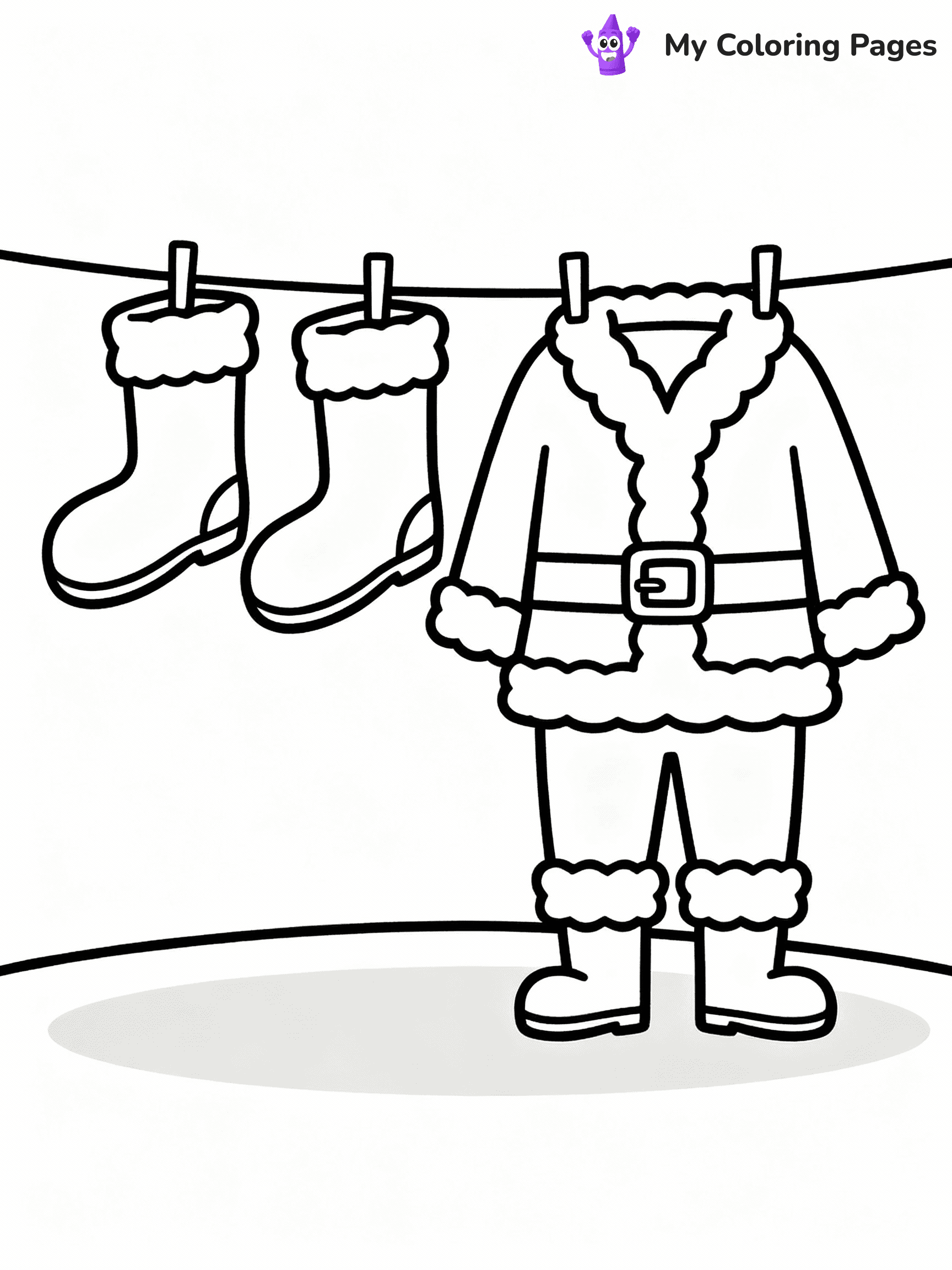 ⚠️ CRITICAL REQUIREMENT - ABSOLUTE BLACK AND WHITE ONLY ⚠️
This MUST be a BLACK AND WHITE line drawing ONLY. NO COLORS whatsoever.
- ONLY pure black lines (#000000) on pure white background (#FFFFFF)
- ABSOLUTELY NO colors, NO shading, NO gradients, NO grayscale
- If there are ANY colors in the output, the image is REJECTED
- This is a COLORING PAGE - meant to be COLORED IN by children
- The output must be UNCOLORED line art ready for coloring
⚠️ SUBJECT TO DRAW: Santa’s boots and suit hanging to dry, in Christmas-themed style. PURE OUTLINES. NO FILLS, COLOR, SHADING, OR GREYSCALE. WHITE BACKGROUND.
(REMEMBER: Output must be BLACK AND WHITE line art only, NOT colored!)
# Flat, Friendly Cartoon Line-Art Coloring Page
You are generating a **pure black-and-white binary image** of a child-friendly cartoon scene combining characters and background scenery in one cohesive composition.
## Rendering Rules (Strict)
- Only two colors: pure black (#000000) outlines and pure white (#FFFFFF) background.
- No grayscale, shading, gradients, tints, fills, transparency, or partial pixels.
- No antialiasing or blended edges; every pixel is 100% black or white.
- No solid black fills inside shapes — all areas inside outlines must remain white.
- No dark clothing areas or filled tone blocks; all garments outlined only.
- No shadows, textures, lighting, or tonal variations.
- Must look like flat binary vector line-art for coloring pages.
## Drawing & Composition
- **Medium, consistent line weight**; clean closed outlines easy to color inside.
- **Flat, simple, child-friendly design** — no realism or 3D depth.
- Characters are **grounded on a surface**, centered and large.
- **Balanced composition** with clear silhouettes and minimal props.
## Scenery & Style
- Landmarks (e.g., mosque, CN Tower) and scenery (trees, benches, waves) drawn with **black outlines only.**
- For real-world figures, teams, or places, show accurate details using only black outlines—no text or logos. Use distinctive uniform patterns, abstract symbols, and landmark silhouettes to convey identity.
- Keep **consistent perspective**; no floating elements.
- **Style:** whimsical **Doodle Art Alley** — rounded, friendly outlines.
- May adapt shapes from **Crayola, Disney, Peppa Pig, Cocomelon** — *by shape only, never color.*
- Final output: **flat, crisp, binary (#000000/#FFFFFF)**, **no filled color or background text.**
EXTREMELYE IMPORTANT:
- PURE BINARY LINE-ART; NO FILLS (HAIR/CLOTHES/SKIN), SHADING, OR GREY.
- NO SHADING, COLOR. MUST BE WHITE BACKGROUND.
⚠️ FINAL REMINDER: Draw the subject "Santa’s boots and suit hanging to dry, in Christmas-themed style. PURE OUTLINES. NO FILLS, COLOR, SHADING, OR GREYSCALE. WHITE BACKGROUND." as BLACK AND WHITE line art. Zero colors in output.