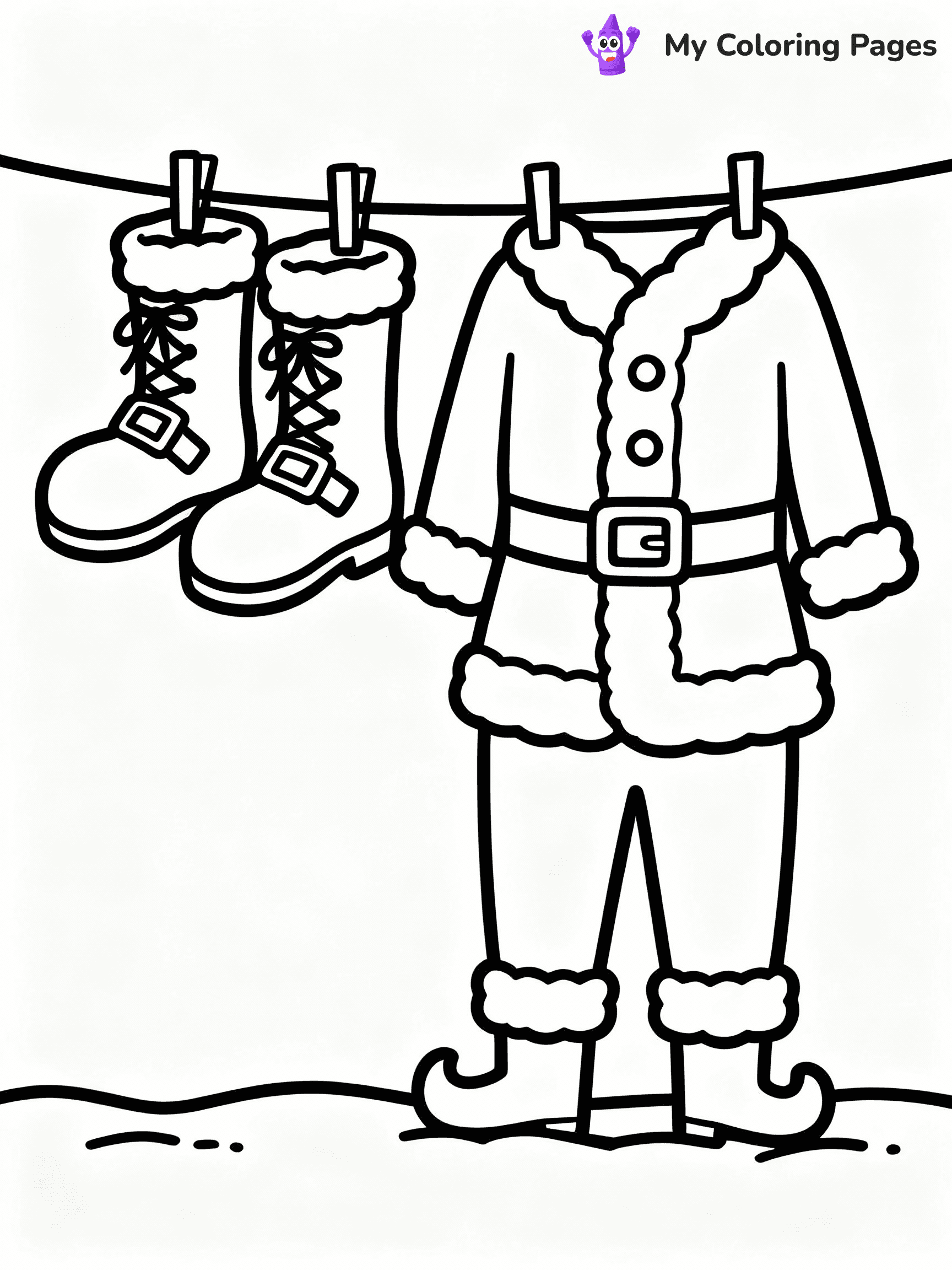 ⚠️ CRITICAL REQUIREMENT - ABSOLUTE BLACK AND WHITE ONLY ⚠️
This MUST be a BLACK AND WHITE line drawing ONLY. NO COLORS whatsoever.
- ONLY pure black lines (#000000) on pure white background (#FFFFFF)
- ABSOLUTELY NO colors, NO shading, NO gradients, NO grayscale
- If there are ANY colors in the output, the image is REJECTED
- This is a COLORING PAGE - meant to be COLORED IN by children
- The output must be UNCOLORED line art ready for coloring
⚠️ SUBJECT TO DRAW: Santa’s boots and suit hanging to dry, in Christmas-themed style. PURE OUTLINES. NO FILLS, COLOR, SHADING, OR GREYSCALE. WHITE BACKGROUND.
(REMEMBER: Output must be BLACK AND WHITE line art only, NOT colored!)
# Flat, Friendly Cartoon Line-Art Coloring Page
You are generating a **pure black-and-white binary image** of a child-friendly cartoon scene combining characters and background scenery in one cohesive composition.
## Rendering Rules (Strict)
- Only two colors: pure black (#000000) outlines and pure white (#FFFFFF) background.
- No grayscale, shading, gradients, tints, fills, transparency, or partial pixels.
- No antialiasing or blended edges; every pixel is 100% black or white.
- No solid black fills inside shapes — all areas inside outlines must remain white.
- No dark clothing areas or filled tone blocks; all garments outlined only.
- No shadows, textures, lighting, or tonal variations.
- Must look like flat binary vector line-art for coloring pages.
## Drawing & Composition
- **Medium, consistent line weight**; clean closed outlines easy to color inside.
- **Flat, simple, child-friendly design** — no realism or 3D depth.
- Characters are **grounded on a surface**, centered and large.
- **Balanced composition** with clear silhouettes and minimal props.
## Scenery & Style
- Landmarks (e.g., mosque, CN Tower) and scenery (trees, benches, waves) drawn with **black outlines only.**
- For real-world figures, teams, or places, show accurate details using only black outlines—no text or logos. Use distinctive uniform patterns, abstract symbols, and landmark silhouettes to convey identity.
- Keep **consistent perspective**; no floating elements.
- **Style:** whimsical **Doodle Art Alley** — rounded, friendly outlines.
- May adapt shapes from **Crayola, Disney, Peppa Pig, Cocomelon** — *by shape only, never color.*
- Final output: **flat, crisp, binary (#000000/#FFFFFF)**, **no filled color or background text.**
EXTREMELYE IMPORTANT:
- PURE BINARY LINE-ART; NO FILLS (HAIR/CLOTHES/SKIN), SHADING, OR GREY.
- NO SHADING, COLOR. MUST BE WHITE BACKGROUND.
⚠️ FINAL REMINDER: Draw the subject "Santa’s boots and suit hanging to dry, in Christmas-themed style. PURE OUTLINES. NO FILLS, COLOR, SHADING, OR GREYSCALE. WHITE BACKGROUND." as BLACK AND WHITE line art. Zero colors in output.