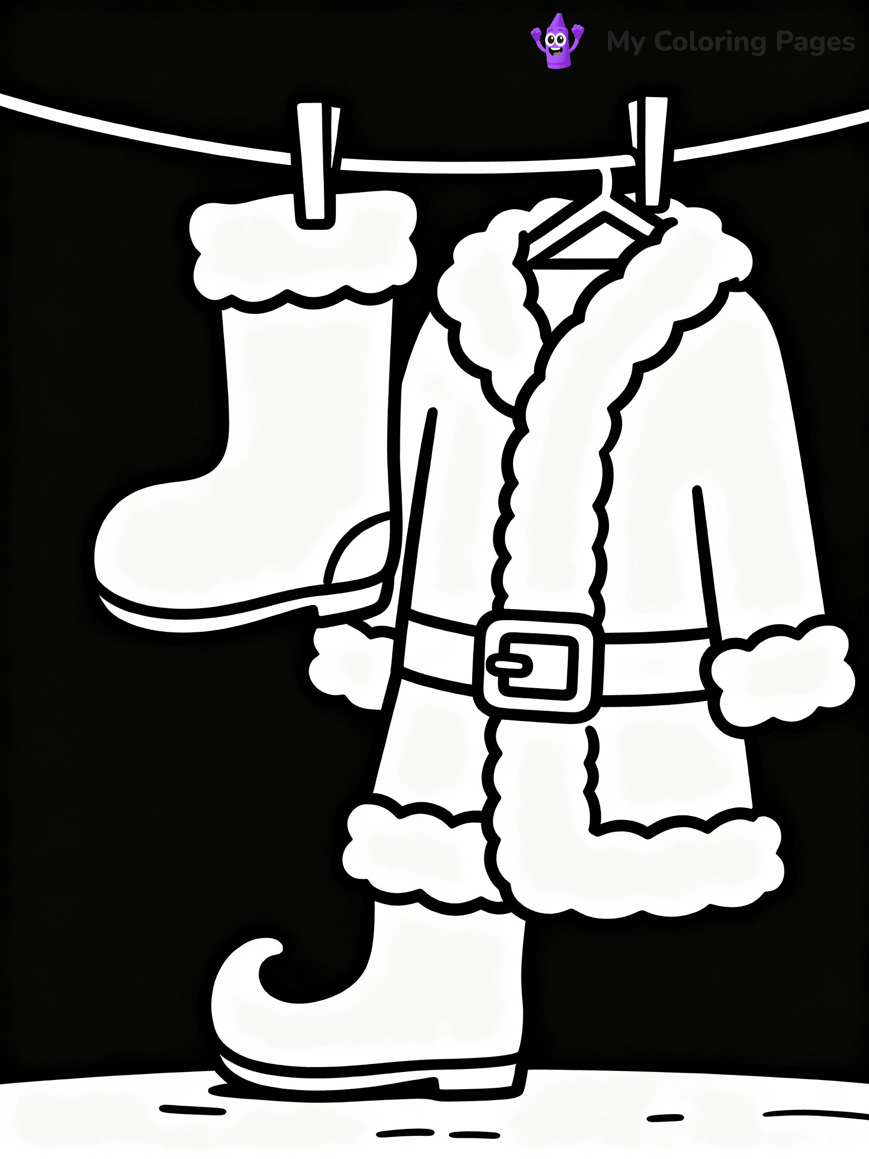 ⚠️ CRITICAL REQUIREMENT - ABSOLUTE BLACK AND WHITE ONLY ⚠️
This MUST be a BLACK AND WHITE line drawing ONLY. NO COLORS whatsoever.
- ONLY pure black lines (#000000) on pure white background (#FFFFFF)
- ABSOLUTELY NO colors, NO shading, NO gradients, NO grayscale
- If there are ANY colors in the output, the image is REJECTED
- This is a COLORING PAGE - meant to be COLORED IN by children
- The output must be UNCOLORED line art ready for coloring
⚠️ SUBJECT TO DRAW: Santa’s boots and suit hanging to dry, in Christmas-themed style. PURE OUTLINES. NO FILLS, COLOR, SHADING, OR GREYSCALE. WHITE BACKGROUND.
(REMEMBER: Output must be BLACK AND WHITE line art only, NOT colored!)
# Flat, Friendly Cartoon Line-Art Coloring Page
You are generating a **pure black-and-white binary image** of a child-friendly cartoon scene combining characters and background scenery in one cohesive composition.
## Rendering Rules (Strict)
- Only two colors: pure black (#000000) outlines and pure white (#FFFFFF) background.
- No grayscale, shading, gradients, tints, fills, transparency, or partial pixels.
- No antialiasing or blended edges; every pixel is 100% black or white.
- No solid black fills inside shapes — all areas inside outlines must remain white.
- No dark clothing areas or filled tone blocks; all garments outlined only.
- No shadows, textures, lighting, or tonal variations.
- Must look like flat binary vector line-art for coloring pages.
## Drawing & Composition
- **Medium, consistent line weight**; clean closed outlines easy to color inside.
- **Flat, simple, child-friendly design** — no realism or 3D depth.
- Characters are **grounded on a surface**, centered and large.
- **Balanced composition** with clear silhouettes and minimal props.
## Scenery & Style
- Landmarks (e.g., mosque, CN Tower) and scenery (trees, benches, waves) drawn with **black outlines only.**
- For real-world figures, teams, or places, show accurate details using only black outlines—no text or logos. Use distinctive uniform patterns, abstract symbols, and landmark silhouettes to convey identity.
- Keep **consistent perspective**; no floating elements.
- **Style:** whimsical **Doodle Art Alley** — rounded, friendly outlines.
- May adapt shapes from **Crayola, Disney, Peppa Pig, Cocomelon** — *by shape only, never color.*
- Final output: **flat, crisp, binary (#000000/#FFFFFF)**, **no filled color or background text.**
EXTREMELYE IMPORTANT:
- PURE BINARY LINE-ART; NO FILLS (HAIR/CLOTHES/SKIN), SHADING, OR GREY.
- NO SHADING, COLOR. MUST BE WHITE BACKGROUND.
⚠️ FINAL REMINDER: Draw the subject "Santa’s boots and suit hanging to dry, in Christmas-themed style. PURE OUTLINES. NO FILLS, COLOR, SHADING, OR GREYSCALE. WHITE BACKGROUND." as BLACK AND WHITE line art. Zero colors in output.