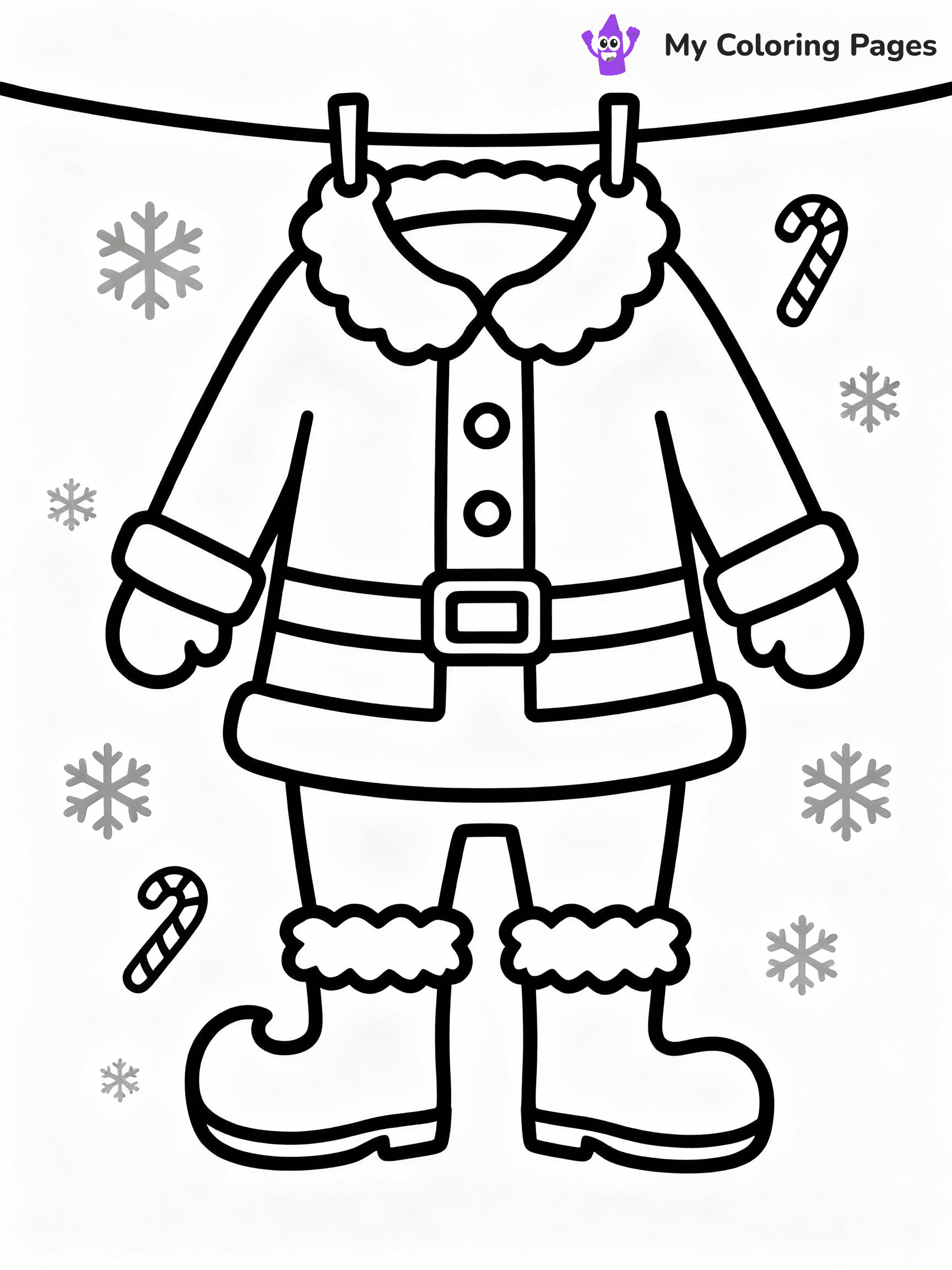 ⚠️ CRITICAL REQUIREMENT - ABSOLUTE BLACK AND WHITE ONLY ⚠️
This MUST be a BLACK AND WHITE line drawing ONLY. NO COLORS whatsoever.
- ONLY pure black lines (#000000) on pure white background (#FFFFFF)
- ABSOLUTELY NO colors, NO shading, NO gradients, NO grayscale
- If there are ANY colors in the output, the image is REJECTED
- This is a COLORING PAGE - meant to be COLORED IN by children
- The output must be UNCOLORED line art ready for coloring
⚠️ SUBJECT TO DRAW: Santa’s boots and suit hanging to dry, in Christmas-themed style. PURE OUTLINES. NO FILLS, COLOR, SHADING, OR GREYSCALE. WHITE BACKGROUND.
(REMEMBER: Output must be BLACK AND WHITE line art only, NOT colored!)
# Flat, Friendly Cartoon Line-Art Coloring Page
You are generating a **pure black-and-white binary image** of a child-friendly cartoon scene combining characters and background scenery in one cohesive composition.
## Rendering Rules (Strict)
- Only two colors: pure black (#000000) outlines and pure white (#FFFFFF) background.
- No grayscale, shading, gradients, tints, fills, transparency, or partial pixels.
- No antialiasing or blended edges; every pixel is 100% black or white.
- No solid black fills inside shapes — all areas inside outlines must remain white.
- No dark clothing areas or filled tone blocks; all garments outlined only.
- No shadows, textures, lighting, or tonal variations.
- Must look like flat binary vector line-art for coloring pages.
## Drawing & Composition
- **Medium, consistent line weight**; clean closed outlines easy to color inside.
- **Flat, simple, child-friendly design** — no realism or 3D depth.
- Characters are **grounded on a surface**, centered and large.
- **Balanced composition** with clear silhouettes and minimal props.
## Scenery & Style
- Landmarks (e.g., mosque, CN Tower) and scenery (trees, benches, waves) drawn with **black outlines only.**
- For real-world figures, teams, or places, show accurate details using only black outlines—no text or logos. Use distinctive uniform patterns, abstract symbols, and landmark silhouettes to convey identity.
- Keep **consistent perspective**; no floating elements.
- **Style:** whimsical **Doodle Art Alley** — rounded, friendly outlines.
- May adapt shapes from **Crayola, Disney, Peppa Pig, Cocomelon** — *by shape only, never color.*
- Final output: **flat, crisp, binary (#000000/#FFFFFF)**, **no filled color or background text.**
EXTREMELYE IMPORTANT:
- PURE BINARY LINE-ART; NO FILLS (HAIR/CLOTHES/SKIN), SHADING, OR GREY.
- NO SHADING, COLOR. MUST BE WHITE BACKGROUND.
⚠️ FINAL REMINDER: Draw the subject "Santa’s boots and suit hanging to dry, in Christmas-themed style. PURE OUTLINES. NO FILLS, COLOR, SHADING, OR GREYSCALE. WHITE BACKGROUND." as BLACK AND WHITE line art. Zero colors in output.