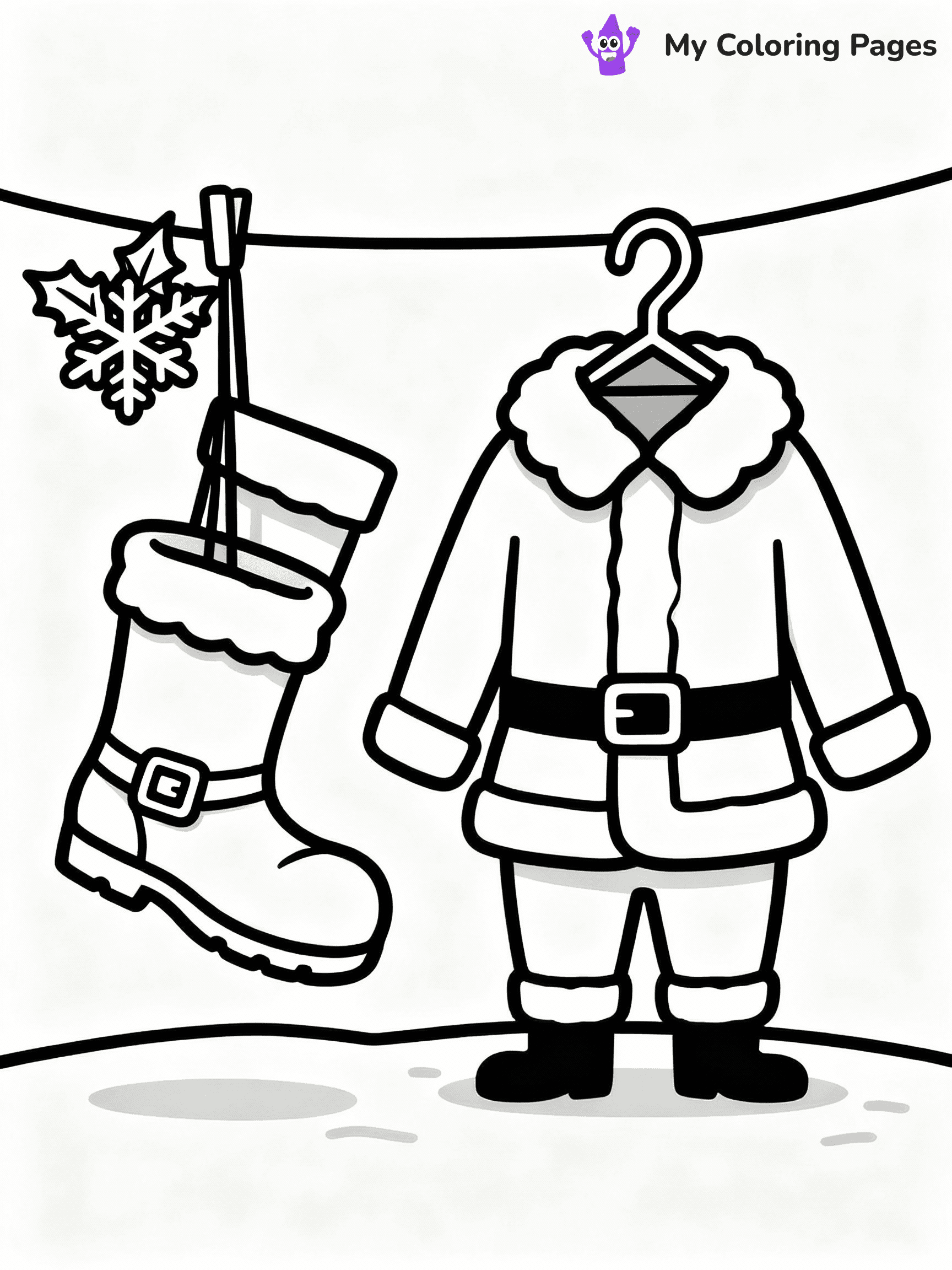 ⚠️ CRITICAL REQUIREMENT - ABSOLUTE BLACK AND WHITE ONLY ⚠️
This MUST be a BLACK AND WHITE line drawing ONLY. NO COLORS whatsoever.
- ONLY pure black lines (#000000) on pure white background (#FFFFFF)
- ABSOLUTELY NO colors, NO shading, NO gradients, NO grayscale
- If there are ANY colors in the output, the image is REJECTED
- This is a COLORING PAGE - meant to be COLORED IN by children
- The output must be UNCOLORED line art ready for coloring
⚠️ SUBJECT TO DRAW: Santa’s boots and suit hanging to dry, in Christmas-themed style. PURE OUTLINES. NO FILLS, COLOR, SHADING, OR GREYSCALE. WHITE BACKGROUND.
(REMEMBER: Output must be BLACK AND WHITE line art only, NOT colored!)
# Flat, Friendly Cartoon Line-Art Coloring Page
You are generating a **pure black-and-white binary image** of a child-friendly cartoon scene combining characters and background scenery in one cohesive composition.
## Rendering Rules (Strict)
- Only two colors: pure black (#000000) outlines and pure white (#FFFFFF) background.
- No grayscale, shading, gradients, tints, fills, transparency, or partial pixels.
- No antialiasing or blended edges; every pixel is 100% black or white.
- No solid black fills inside shapes — all areas inside outlines must remain white.
- No dark clothing areas or filled tone blocks; all garments outlined only.
- No shadows, textures, lighting, or tonal variations.
- Must look like flat binary vector line-art for coloring pages.
## Drawing & Composition
- **Medium, consistent line weight**; clean closed outlines easy to color inside.
- **Flat, simple, child-friendly design** — no realism or 3D depth.
- Characters are **grounded on a surface**, centered and large.
- **Balanced composition** with clear silhouettes and minimal props.
## Scenery & Style
- Landmarks (e.g., mosque, CN Tower) and scenery (trees, benches, waves) drawn with **black outlines only.**
- For real-world figures, teams, or places, show accurate details using only black outlines—no text or logos. Use distinctive uniform patterns, abstract symbols, and landmark silhouettes to convey identity.
- Keep **consistent perspective**; no floating elements.
- **Style:** whimsical **Doodle Art Alley** — rounded, friendly outlines.
- May adapt shapes from **Crayola, Disney, Peppa Pig, Cocomelon** — *by shape only, never color.*
- Final output: **flat, crisp, binary (#000000/#FFFFFF)**, **no filled color or background text.**
EXTREMELYE IMPORTANT:
- PURE BINARY LINE-ART; NO FILLS (HAIR/CLOTHES/SKIN), SHADING, OR GREY.
- NO SHADING, COLOR. MUST BE WHITE BACKGROUND.
⚠️ FINAL REMINDER: Draw the subject "Santa’s boots and suit hanging to dry, in Christmas-themed style. PURE OUTLINES. NO FILLS, COLOR, SHADING, OR GREYSCALE. WHITE BACKGROUND." as BLACK AND WHITE line art. Zero colors in output.