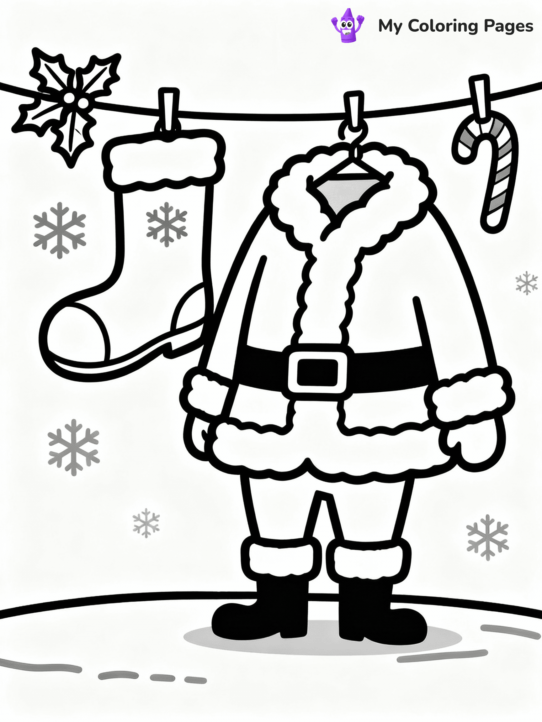 ⚠️ CRITICAL REQUIREMENT - ABSOLUTE BLACK AND WHITE ONLY ⚠️
This MUST be a BLACK AND WHITE line drawing ONLY. NO COLORS whatsoever.
- ONLY pure black lines (#000000) on pure white background (#FFFFFF)
- ABSOLUTELY NO colors, NO shading, NO gradients, NO grayscale
- If there are ANY colors in the output, the image is REJECTED
- This is a COLORING PAGE - meant to be COLORED IN by children
- The output must be UNCOLORED line art ready for coloring
⚠️ SUBJECT TO DRAW: Santa’s boots and suit hanging to dry, in Christmas-themed style. PURE OUTLINES. NO FILLS, COLOR, SHADING, OR GREYSCALE. WHITE BACKGROUND.
(REMEMBER: Output must be BLACK AND WHITE line art only, NOT colored!)
# Flat, Friendly Cartoon Line-Art Coloring Page
You are generating a **pure black-and-white binary image** of a child-friendly cartoon scene combining characters and background scenery in one cohesive composition.
## Rendering Rules (Strict)
- Only two colors: pure black (#000000) outlines and pure white (#FFFFFF) background.
- No grayscale, shading, gradients, tints, fills, transparency, or partial pixels.
- No antialiasing or blended edges; every pixel is 100% black or white.
- No solid black fills inside shapes — all areas inside outlines must remain white.
- No dark clothing areas or filled tone blocks; all garments outlined only.
- No shadows, textures, lighting, or tonal variations.
- Must look like flat binary vector line-art for coloring pages.
## Drawing & Composition
- **Medium, consistent line weight**; clean closed outlines easy to color inside.
- **Flat, simple, child-friendly design** — no realism or 3D depth.
- Characters are **grounded on a surface**, centered and large.
- **Balanced composition** with clear silhouettes and minimal props.
## Scenery & Style
- Landmarks (e.g., mosque, CN Tower) and scenery (trees, benches, waves) drawn with **black outlines only.**
- For real-world figures, teams, or places, show accurate details using only black outlines—no text or logos. Use distinctive uniform patterns, abstract symbols, and landmark silhouettes to convey identity.
- Keep **consistent perspective**; no floating elements.
- **Style:** whimsical **Doodle Art Alley** — rounded, friendly outlines.
- May adapt shapes from **Crayola, Disney, Peppa Pig, Cocomelon** — *by shape only, never color.*
- Final output: **flat, crisp, binary (#000000/#FFFFFF)**, **no filled color or background text.**
EXTREMELYE IMPORTANT:
- PURE BINARY LINE-ART; NO FILLS (HAIR/CLOTHES/SKIN), SHADING, OR GREY.
- NO SHADING, COLOR. MUST BE WHITE BACKGROUND.
⚠️ FINAL REMINDER: Draw the subject "Santa’s boots and suit hanging to dry, in Christmas-themed style. PURE OUTLINES. NO FILLS, COLOR, SHADING, OR GREYSCALE. WHITE BACKGROUND." as BLACK AND WHITE line art. Zero colors in output.
