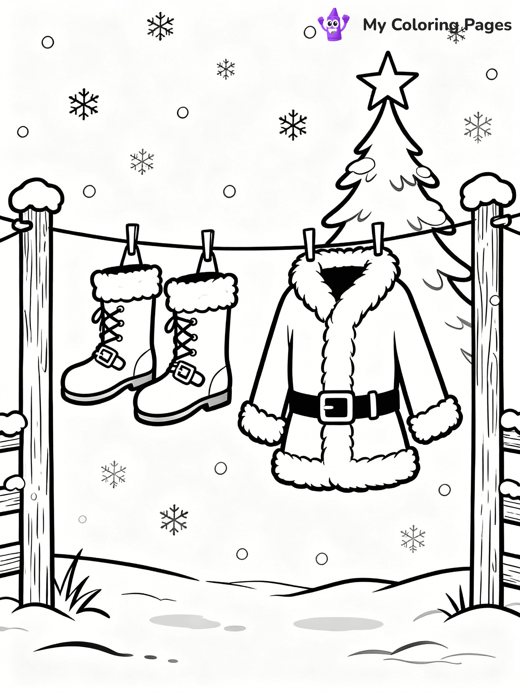 ⚠️ CRITICAL REQUIREMENT - ABSOLUTE BLACK AND WHITE ONLY ⚠️
This MUST be a BLACK AND WHITE line drawing ONLY. NO COLORS whatsoever.
- ONLY pure black lines (#000000) on pure white background (#FFFFFF)
- ABSOLUTELY NO colors, NO shading, NO gradients, NO grayscale
- If there are ANY colors in the output, the image is REJECTED
- This is a COLORING PAGE - meant to be COLORED IN by children
- The output must be UNCOLORED line art ready for coloring
⚠️ SUBJECT TO DRAW: Santa’s boots and suit hanging to dry, in Christmas-themed style. PURE OUTLINES. NO FILLS, COLOR, SHADING, OR GREYSCALE. WHITE BACKGROUND.
(REMEMBER: Output must be BLACK AND WHITE line art only, NOT colored!)
# Flat, Friendly Cartoon Line-Art Coloring Page
You are generating a **pure black-and-white binary image** of a child-friendly cartoon scene combining characters and background scenery in one cohesive composition.
## Rendering Rules (Strict)
- Only two colors: pure black (#000000) outlines and pure white (#FFFFFF) background.
- No grayscale, shading, gradients, tints, fills, transparency, or partial pixels.
- No antialiasing or blended edges; every pixel is 100% black or white.
- No solid black fills inside shapes — all areas inside outlines must remain white.
- No dark clothing areas or filled tone blocks; all garments outlined only.
- No shadows, textures, lighting, or tonal variations.
- Must look like flat binary vector line-art for coloring pages.
## Drawing & Composition
- **Medium, consistent line weight**; clean closed outlines easy to color inside.
- **Flat, simple, child-friendly design** — no realism or 3D depth.
- Characters are **grounded on a surface**, centered and large.
- **Balanced composition** with clear silhouettes and minimal props.
## Scenery & Style
- Landmarks (e.g., mosque, CN Tower) and scenery (trees, benches, waves) drawn with **black outlines only.**
- For real-world figures, teams, or places, show accurate details using only black outlines—no text or logos. Use distinctive uniform patterns, abstract symbols, and landmark silhouettes to convey identity.
- Keep **consistent perspective**; no floating elements.
- **Style:** whimsical **Doodle Art Alley** — rounded, friendly outlines.
- May adapt shapes from **Crayola, Disney, Peppa Pig, Cocomelon** — *by shape only, never color.*
- Final output: **flat, crisp, binary (#000000/#FFFFFF)**, **no filled color or background text.**
EXTREMELYE IMPORTANT:
- PURE BINARY LINE-ART; NO FILLS (HAIR/CLOTHES/SKIN), SHADING, OR GREY.
- NO SHADING, COLOR. MUST BE WHITE BACKGROUND.
⚠️ FINAL REMINDER: Draw the subject "Santa’s boots and suit hanging to dry, in Christmas-themed style. PURE OUTLINES. NO FILLS, COLOR, SHADING, OR GREYSCALE. WHITE BACKGROUND." as BLACK AND WHITE line art. Zero colors in output.