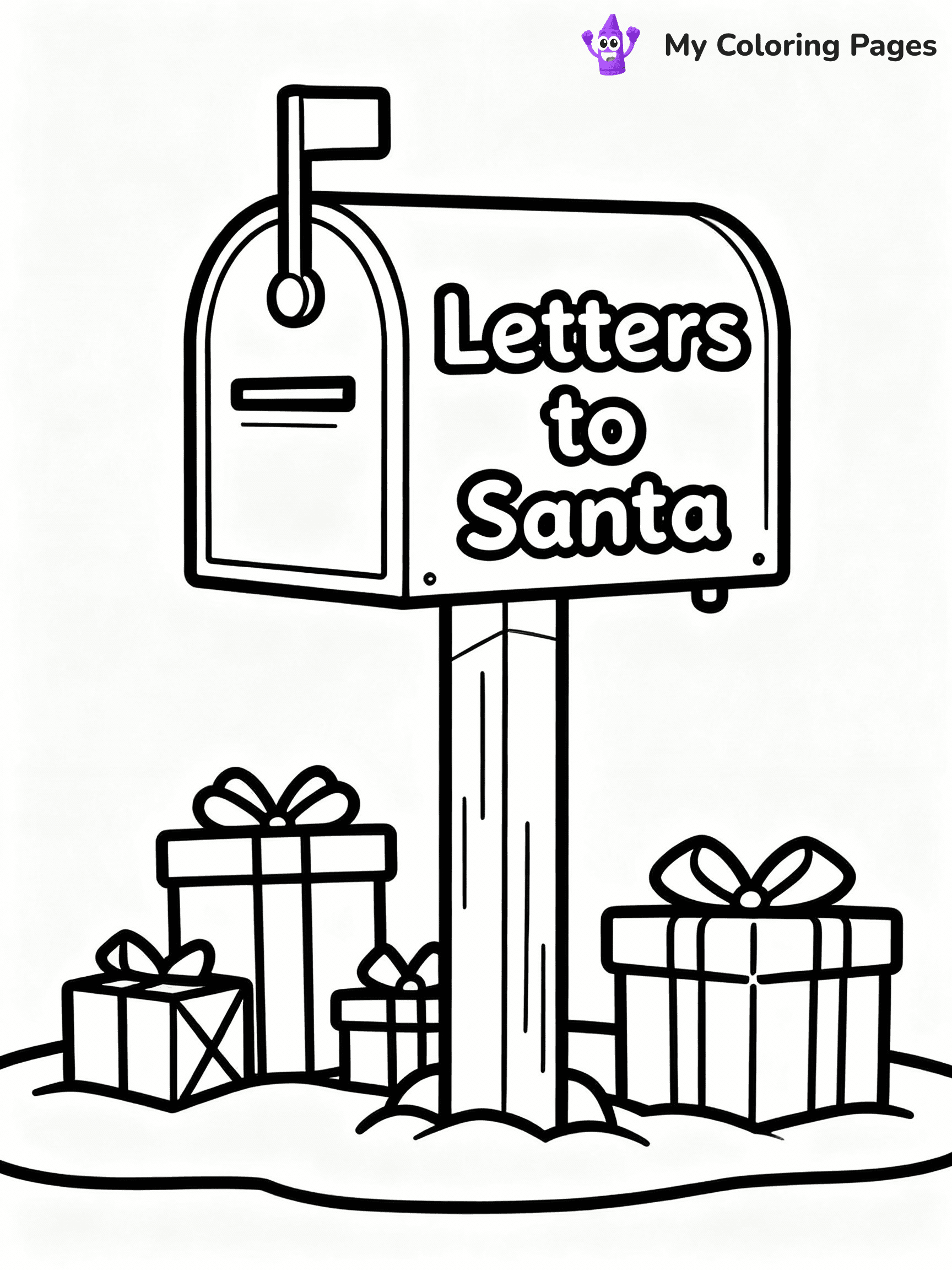 ⚠️ CRITICAL REQUIREMENT - ABSOLUTE BLACK AND WHITE ONLY ⚠️
This MUST be a BLACK AND WHITE line drawing ONLY. NO COLORS whatsoever.
- ONLY pure black lines (#000000) on pure white background (#FFFFFF)
- ABSOLUTELY NO colors, NO shading, NO gradients, NO grayscale
- If there are ANY colors in the output, the image is REJECTED
- This is a COLORING PAGE - meant to be COLORED IN by children
- The output must be UNCOLORED line art ready for coloring
⚠️ SUBJECT TO DRAW: A mailbox labeled "Letters to Santa" surrounded by gifts, in Christmas-themed style. PURE OUTLINES. NO FILLS, COLOR, SHADING, OR GREYSCALE. WHITE BACKGROUND.
(REMEMBER: Output must be BLACK AND WHITE line art only, NOT colored!)
# Flat, Friendly Cartoon Line-Art Coloring Page
You are generating a **pure black-and-white binary image** of a child-friendly cartoon scene combining characters and background scenery in one cohesive composition.
## Rendering Rules (Strict)
- Only two colors: pure black (#000000) outlines and pure white (#FFFFFF) background.
- No grayscale, shading, gradients, tints, fills, transparency, or partial pixels.
- No antialiasing or blended edges; every pixel is 100% black or white.
- No solid black fills inside shapes — all areas inside outlines must remain white.
- No dark clothing areas or filled tone blocks; all garments outlined only.
- No shadows, textures, lighting, or tonal variations.
- Must look like flat binary vector line-art for coloring pages.
## Drawing & Composition
- **Medium, consistent line weight**; clean closed outlines easy to color inside.
- **Flat, simple, child-friendly design** — no realism or 3D depth.
- Characters are **grounded on a surface**, centered and large.
- **Balanced composition** with clear silhouettes and minimal props.
## Scenery & Style
- Landmarks (e.g., mosque, CN Tower) and scenery (trees, benches, waves) drawn with **black outlines only.**
- For real-world figures, teams, or places, show accurate details using only black outlines—no text or logos. Use distinctive uniform patterns, abstract symbols, and landmark silhouettes to convey identity.
- Keep **consistent perspective**; no floating elements.
- **Style:** whimsical **Doodle Art Alley** — rounded, friendly outlines.
- May adapt shapes from **Crayola, Disney, Peppa Pig, Cocomelon** — *by shape only, never color.*
- Final output: **flat, crisp, binary (#000000/#FFFFFF)**, **no filled color or background text.**
EXTREMELYE IMPORTANT:
- PURE BINARY LINE-ART; NO FILLS (HAIR/CLOTHES/SKIN), SHADING, OR GREY.
- NO SHADING, COLOR. MUST BE WHITE BACKGROUND.
⚠️ FINAL REMINDER: Draw the subject "A mailbox labeled "Letters to Santa" surrounded by gifts, in Christmas-themed style. PURE OUTLINES. NO FILLS, COLOR, SHADING, OR GREYSCALE. WHITE BACKGROUND." as BLACK AND WHITE line art. Zero colors in output.