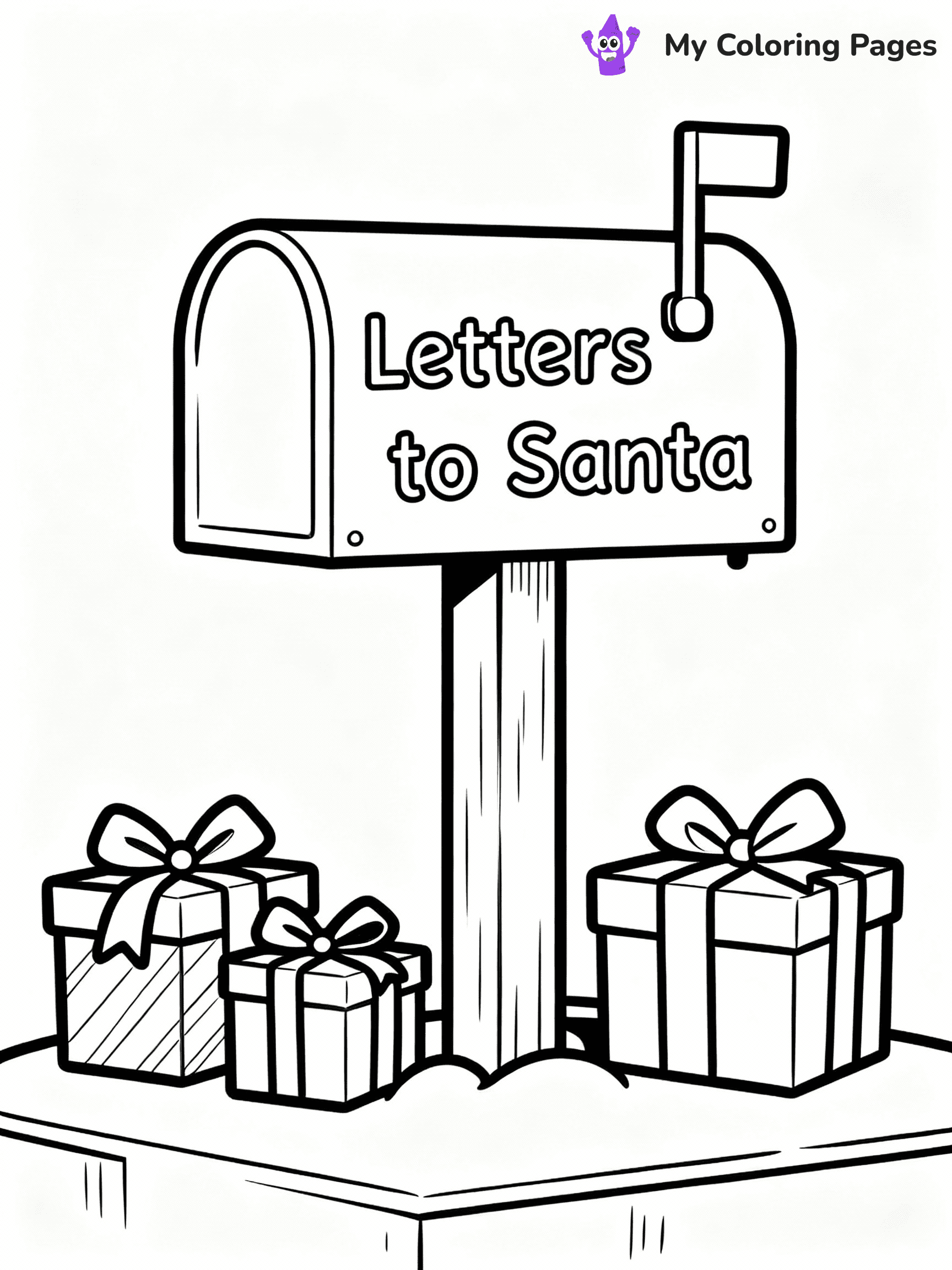 ⚠️ CRITICAL REQUIREMENT - ABSOLUTE BLACK AND WHITE ONLY ⚠️
This MUST be a BLACK AND WHITE line drawing ONLY. NO COLORS whatsoever.
- ONLY pure black lines (#000000) on pure white background (#FFFFFF)
- ABSOLUTELY NO colors, NO shading, NO gradients, NO grayscale
- If there are ANY colors in the output, the image is REJECTED
- This is a COLORING PAGE - meant to be COLORED IN by children
- The output must be UNCOLORED line art ready for coloring
⚠️ SUBJECT TO DRAW: A mailbox labeled "Letters to Santa" surrounded by gifts, in Christmas-themed style. PURE OUTLINES. NO FILLS, COLOR, SHADING, OR GREYSCALE. WHITE BACKGROUND.
(REMEMBER: Output must be BLACK AND WHITE line art only, NOT colored!)
# Flat, Friendly Cartoon Line-Art Coloring Page
You are generating a **pure black-and-white binary image** of a child-friendly cartoon scene combining characters and background scenery in one cohesive composition.
## Rendering Rules (Strict)
- Only two colors: pure black (#000000) outlines and pure white (#FFFFFF) background.
- No grayscale, shading, gradients, tints, fills, transparency, or partial pixels.
- No antialiasing or blended edges; every pixel is 100% black or white.
- No solid black fills inside shapes — all areas inside outlines must remain white.
- No dark clothing areas or filled tone blocks; all garments outlined only.
- No shadows, textures, lighting, or tonal variations.
- Must look like flat binary vector line-art for coloring pages.
## Drawing & Composition
- **Medium, consistent line weight**; clean closed outlines easy to color inside.
- **Flat, simple, child-friendly design** — no realism or 3D depth.
- Characters are **grounded on a surface**, centered and large.
- **Balanced composition** with clear silhouettes and minimal props.
## Scenery & Style
- Landmarks (e.g., mosque, CN Tower) and scenery (trees, benches, waves) drawn with **black outlines only.**
- For real-world figures, teams, or places, show accurate details using only black outlines—no text or logos. Use distinctive uniform patterns, abstract symbols, and landmark silhouettes to convey identity.
- Keep **consistent perspective**; no floating elements.
- **Style:** whimsical **Doodle Art Alley** — rounded, friendly outlines.
- May adapt shapes from **Crayola, Disney, Peppa Pig, Cocomelon** — *by shape only, never color.*
- Final output: **flat, crisp, binary (#000000/#FFFFFF)**, **no filled color or background text.**
EXTREMELYE IMPORTANT:
- PURE BINARY LINE-ART; NO FILLS (HAIR/CLOTHES/SKIN), SHADING, OR GREY.
- NO SHADING, COLOR. MUST BE WHITE BACKGROUND.
⚠️ FINAL REMINDER: Draw the subject "A mailbox labeled "Letters to Santa" surrounded by gifts, in Christmas-themed style. PURE OUTLINES. NO FILLS, COLOR, SHADING, OR GREYSCALE. WHITE BACKGROUND." as BLACK AND WHITE line art. Zero colors in output.