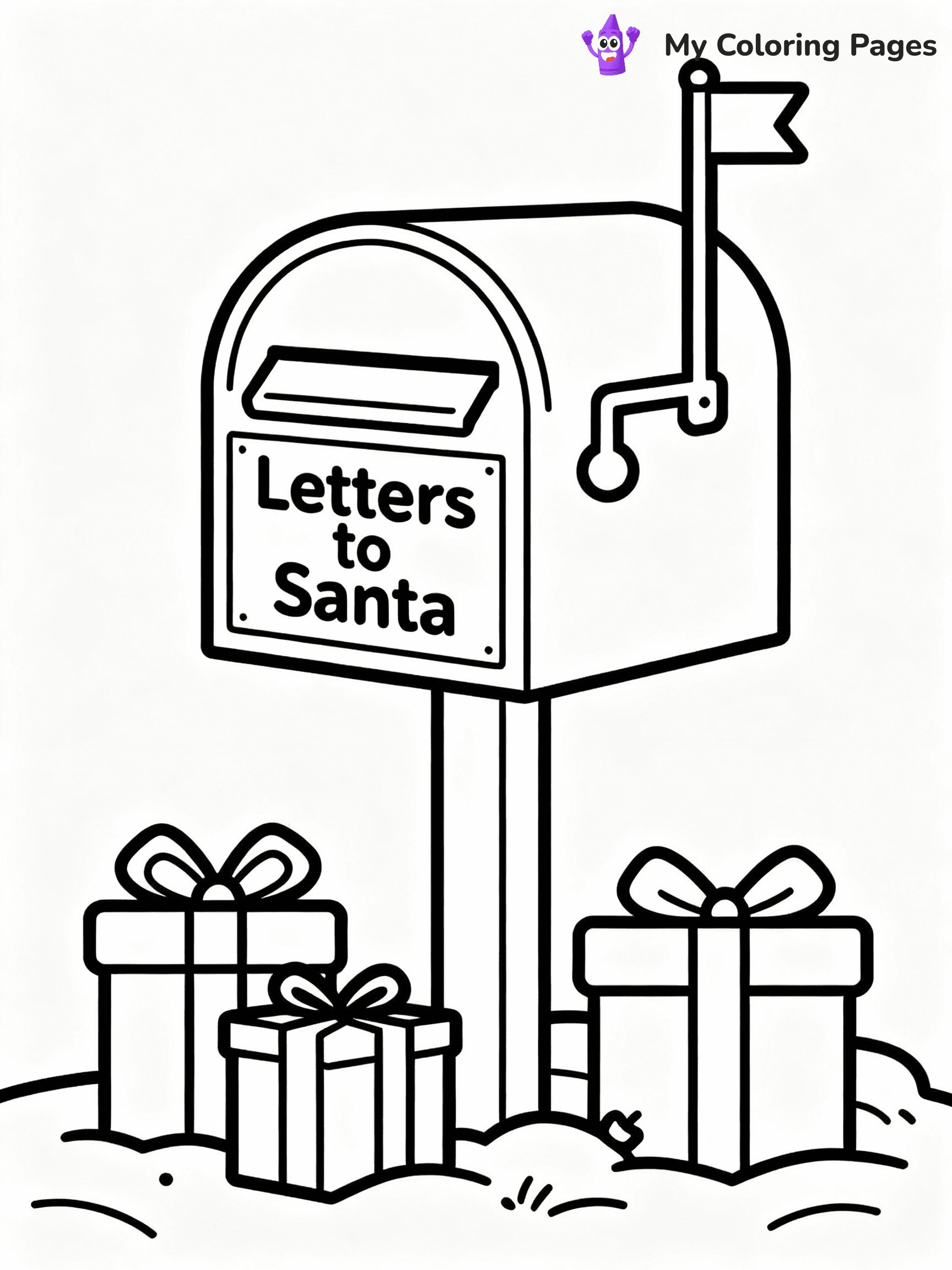 ⚠️ CRITICAL REQUIREMENT - ABSOLUTE BLACK AND WHITE ONLY ⚠️
This MUST be a BLACK AND WHITE line drawing ONLY. NO COLORS whatsoever.
- ONLY pure black lines (#000000) on pure white background (#FFFFFF)
- ABSOLUTELY NO colors, NO shading, NO gradients, NO grayscale
- If there are ANY colors in the output, the image is REJECTED
- This is a COLORING PAGE - meant to be COLORED IN by children
- The output must be UNCOLORED line art ready for coloring
⚠️ SUBJECT TO DRAW: A mailbox labeled "Letters to Santa" surrounded by gifts, in Christmas-themed style. PURE OUTLINES. NO FILLS, COLOR, SHADING, OR GREYSCALE. WHITE BACKGROUND.
(REMEMBER: Output must be BLACK AND WHITE line art only, NOT colored!)
# Flat, Friendly Cartoon Line-Art Coloring Page
You are generating a **pure black-and-white binary image** of a child-friendly cartoon scene combining characters and background scenery in one cohesive composition.
## Rendering Rules (Strict)
- Only two colors: pure black (#000000) outlines and pure white (#FFFFFF) background.
- No grayscale, shading, gradients, tints, fills, transparency, or partial pixels.
- No antialiasing or blended edges; every pixel is 100% black or white.
- No solid black fills inside shapes — all areas inside outlines must remain white.
- No dark clothing areas or filled tone blocks; all garments outlined only.
- No shadows, textures, lighting, or tonal variations.
- Must look like flat binary vector line-art for coloring pages.
## Drawing & Composition
- **Medium, consistent line weight**; clean closed outlines easy to color inside.
- **Flat, simple, child-friendly design** — no realism or 3D depth.
- Characters are **grounded on a surface**, centered and large.
- **Balanced composition** with clear silhouettes and minimal props.
## Scenery & Style
- Landmarks (e.g., mosque, CN Tower) and scenery (trees, benches, waves) drawn with **black outlines only.**
- For real-world figures, teams, or places, show accurate details using only black outlines—no text or logos. Use distinctive uniform patterns, abstract symbols, and landmark silhouettes to convey identity.
- Keep **consistent perspective**; no floating elements.
- **Style:** whimsical **Doodle Art Alley** — rounded, friendly outlines.
- May adapt shapes from **Crayola, Disney, Peppa Pig, Cocomelon** — *by shape only, never color.*
- Final output: **flat, crisp, binary (#000000/#FFFFFF)**, **no filled color or background text.**
EXTREMELYE IMPORTANT:
- PURE BINARY LINE-ART; NO FILLS (HAIR/CLOTHES/SKIN), SHADING, OR GREY.
- NO SHADING, COLOR. MUST BE WHITE BACKGROUND.
⚠️ FINAL REMINDER: Draw the subject "A mailbox labeled "Letters to Santa" surrounded by gifts, in Christmas-themed style. PURE OUTLINES. NO FILLS, COLOR, SHADING, OR GREYSCALE. WHITE BACKGROUND." as BLACK AND WHITE line art. Zero colors in output.