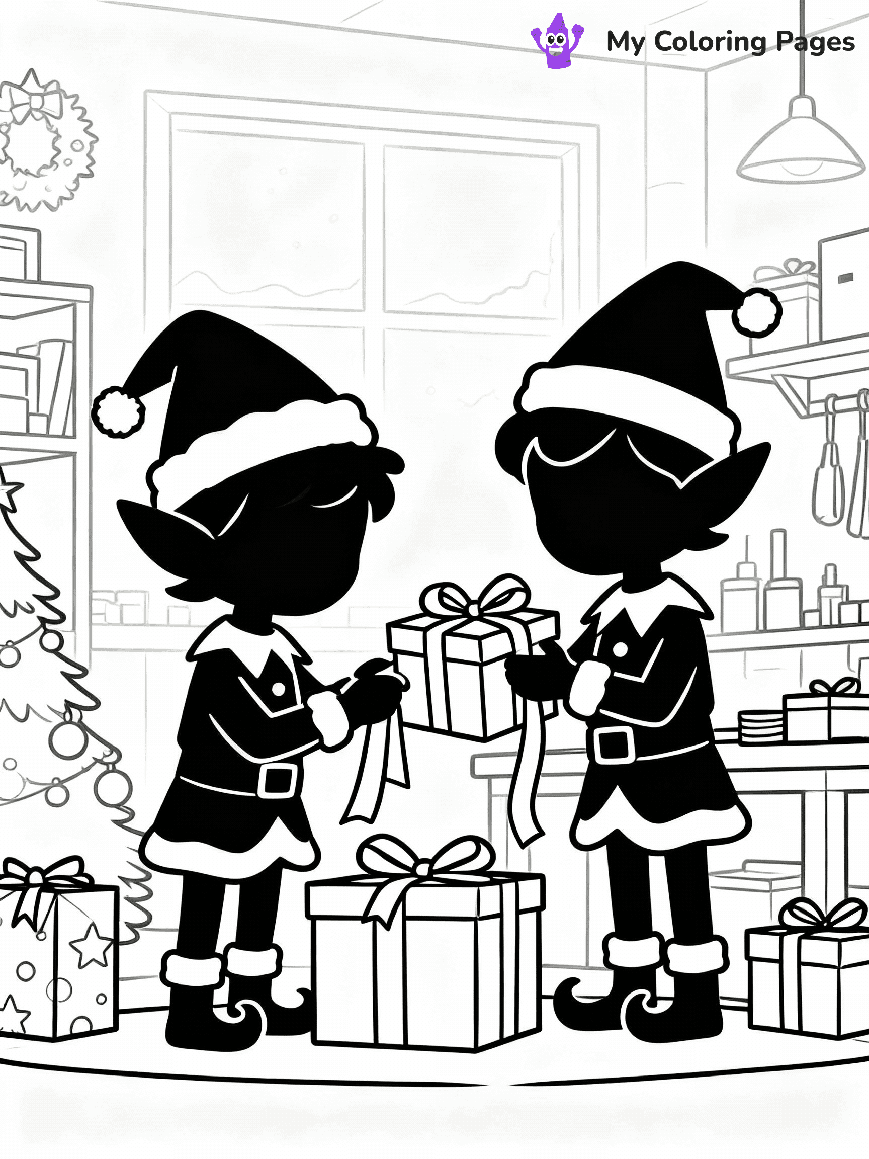 ⚠️ CRITICAL REQUIREMENT - ABSOLUTE BLACK AND WHITE ONLY ⚠️
This MUST be a BLACK AND WHITE line drawing ONLY. NO COLORS whatsoever.
- ONLY pure black lines (#000000) on pure white background (#FFFFFF)
- ABSOLUTELY NO colors, NO shading, NO gradients, NO grayscale
- If there are ANY colors in the output, the image is REJECTED
- This is a COLORING PAGE - meant to be COLORED IN by children
- The output must be UNCOLORED line art ready for coloring
⚠️ SUBJECT TO DRAW: Santa’s elves wrapping presents in a busy workshop, in Christmas-themed style. PURE OUTLINES. NO FILLS, COLOR, SHADING, OR GREYSCALE. WHITE BACKGROUND.
(REMEMBER: Output must be BLACK AND WHITE line art only, NOT colored!)
# Flat, Friendly Cartoon Line-Art Coloring Page
You are generating a **pure black-and-white binary image** of a child-friendly cartoon scene combining characters and background scenery in one cohesive composition.
## Rendering Rules (Strict)
- Only two colors: pure black (#000000) outlines and pure white (#FFFFFF) background.
- No grayscale, shading, gradients, tints, fills, transparency, or partial pixels.
- No antialiasing or blended edges; every pixel is 100% black or white.
- No solid black fills inside shapes — all areas inside outlines must remain white.
- No dark clothing areas or filled tone blocks; all garments outlined only.
- No shadows, textures, lighting, or tonal variations.
- Must look like flat binary vector line-art for coloring pages.
## Drawing & Composition
- **Medium, consistent line weight**; clean closed outlines easy to color inside.
- **Flat, simple, child-friendly design** — no realism or 3D depth.
- Characters are **grounded on a surface**, centered and large.
- **Balanced composition** with clear silhouettes and minimal props.
## Scenery & Style
- Landmarks (e.g., mosque, CN Tower) and scenery (trees, benches, waves) drawn with **black outlines only.**
- For real-world figures, teams, or places, show accurate details using only black outlines—no text or logos. Use distinctive uniform patterns, abstract symbols, and landmark silhouettes to convey identity.
- Keep **consistent perspective**; no floating elements.
- **Style:** whimsical **Doodle Art Alley** — rounded, friendly outlines.
- May adapt shapes from **Crayola, Disney, Peppa Pig, Cocomelon** — *by shape only, never color.*
- Final output: **flat, crisp, binary (#000000/#FFFFFF)**, **no filled color or background text.**
EXTREMELYE IMPORTANT:
- PURE BINARY LINE-ART; NO FILLS (HAIR/CLOTHES/SKIN), SHADING, OR GREY.
- NO SHADING, COLOR. MUST BE WHITE BACKGROUND.
⚠️ FINAL REMINDER: Draw the subject "Santa’s elves wrapping presents in a busy workshop, in Christmas-themed style. PURE OUTLINES. NO FILLS, COLOR, SHADING, OR GREYSCALE. WHITE BACKGROUND." as BLACK AND WHITE line art. Zero colors in output.