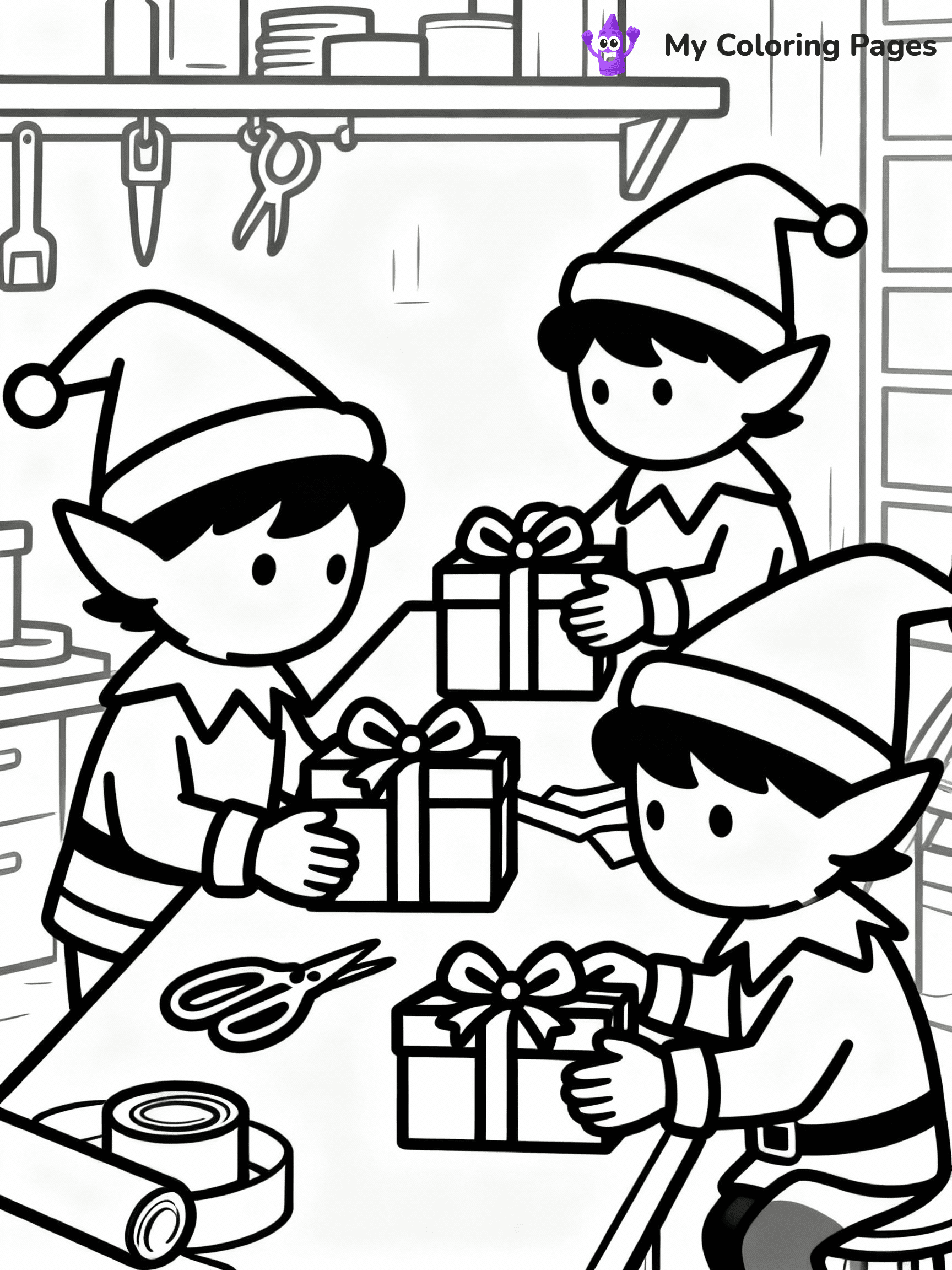 ⚠️ CRITICAL REQUIREMENT - ABSOLUTE BLACK AND WHITE ONLY ⚠️
This MUST be a BLACK AND WHITE line drawing ONLY. NO COLORS whatsoever.
- ONLY pure black lines (#000000) on pure white background (#FFFFFF)
- ABSOLUTELY NO colors, NO shading, NO gradients, NO grayscale
- If there are ANY colors in the output, the image is REJECTED
- This is a COLORING PAGE - meant to be COLORED IN by children
- The output must be UNCOLORED line art ready for coloring
⚠️ SUBJECT TO DRAW: Santa’s elves wrapping presents in a busy workshop, in Christmas-themed style. PURE OUTLINES. NO FILLS, COLOR, SHADING, OR GREYSCALE. WHITE BACKGROUND.
(REMEMBER: Output must be BLACK AND WHITE line art only, NOT colored!)
# Flat, Friendly Cartoon Line-Art Coloring Page
You are generating a **pure black-and-white binary image** of a child-friendly cartoon scene combining characters and background scenery in one cohesive composition.
## Rendering Rules (Strict)
- Only two colors: pure black (#000000) outlines and pure white (#FFFFFF) background.
- No grayscale, shading, gradients, tints, fills, transparency, or partial pixels.
- No antialiasing or blended edges; every pixel is 100% black or white.
- No solid black fills inside shapes — all areas inside outlines must remain white.
- No dark clothing areas or filled tone blocks; all garments outlined only.
- No shadows, textures, lighting, or tonal variations.
- Must look like flat binary vector line-art for coloring pages.
## Drawing & Composition
- **Medium, consistent line weight**; clean closed outlines easy to color inside.
- **Flat, simple, child-friendly design** — no realism or 3D depth.
- Characters are **grounded on a surface**, centered and large.
- **Balanced composition** with clear silhouettes and minimal props.
## Scenery & Style
- Landmarks (e.g., mosque, CN Tower) and scenery (trees, benches, waves) drawn with **black outlines only.**
- For real-world figures, teams, or places, show accurate details using only black outlines—no text or logos. Use distinctive uniform patterns, abstract symbols, and landmark silhouettes to convey identity.
- Keep **consistent perspective**; no floating elements.
- **Style:** whimsical **Doodle Art Alley** — rounded, friendly outlines.
- May adapt shapes from **Crayola, Disney, Peppa Pig, Cocomelon** — *by shape only, never color.*
- Final output: **flat, crisp, binary (#000000/#FFFFFF)**, **no filled color or background text.**
EXTREMELYE IMPORTANT:
- PURE BINARY LINE-ART; NO FILLS (HAIR/CLOTHES/SKIN), SHADING, OR GREY.
- NO SHADING, COLOR. MUST BE WHITE BACKGROUND.
⚠️ FINAL REMINDER: Draw the subject "Santa’s elves wrapping presents in a busy workshop, in Christmas-themed style. PURE OUTLINES. NO FILLS, COLOR, SHADING, OR GREYSCALE. WHITE BACKGROUND." as BLACK AND WHITE line art. Zero colors in output.