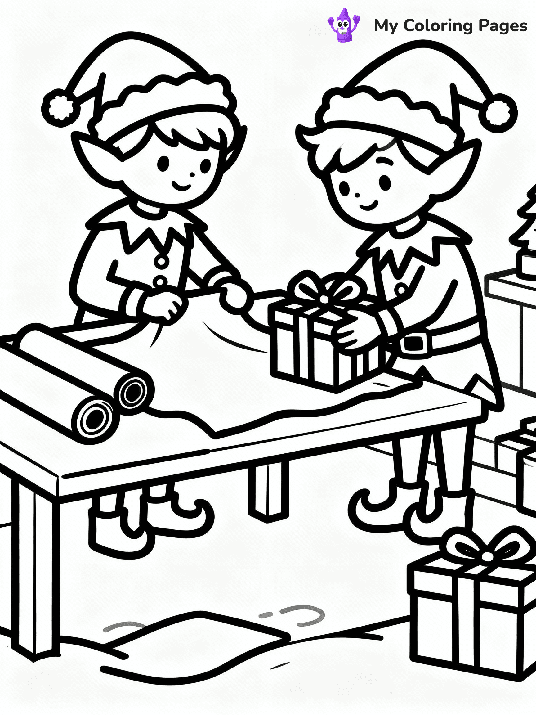 ⚠️ CRITICAL REQUIREMENT - ABSOLUTE BLACK AND WHITE ONLY ⚠️
This MUST be a BLACK AND WHITE line drawing ONLY. NO COLORS whatsoever.
- ONLY pure black lines (#000000) on pure white background (#FFFFFF)
- ABSOLUTELY NO colors, NO shading, NO gradients, NO grayscale
- If there are ANY colors in the output, the image is REJECTED
- This is a COLORING PAGE - meant to be COLORED IN by children
- The output must be UNCOLORED line art ready for coloring
⚠️ SUBJECT TO DRAW: Santa’s elves wrapping presents in a busy workshop, in Christmas-themed style. PURE OUTLINES. NO FILLS, COLOR, SHADING, OR GREYSCALE. WHITE BACKGROUND.
(REMEMBER: Output must be BLACK AND WHITE line art only, NOT colored!)
# Flat, Friendly Cartoon Line-Art Coloring Page
You are generating a **pure black-and-white binary image** of a child-friendly cartoon scene combining characters and background scenery in one cohesive composition.
## Rendering Rules (Strict)
- Only two colors: pure black (#000000) outlines and pure white (#FFFFFF) background.
- No grayscale, shading, gradients, tints, fills, transparency, or partial pixels.
- No antialiasing or blended edges; every pixel is 100% black or white.
- No solid black fills inside shapes — all areas inside outlines must remain white.
- No dark clothing areas or filled tone blocks; all garments outlined only.
- No shadows, textures, lighting, or tonal variations.
- Must look like flat binary vector line-art for coloring pages.
## Drawing & Composition
- **Medium, consistent line weight**; clean closed outlines easy to color inside.
- **Flat, simple, child-friendly design** — no realism or 3D depth.
- Characters are **grounded on a surface**, centered and large.
- **Balanced composition** with clear silhouettes and minimal props.
## Scenery & Style
- Landmarks (e.g., mosque, CN Tower) and scenery (trees, benches, waves) drawn with **black outlines only.**
- For real-world figures, teams, or places, show accurate details using only black outlines—no text or logos. Use distinctive uniform patterns, abstract symbols, and landmark silhouettes to convey identity.
- Keep **consistent perspective**; no floating elements.
- **Style:** whimsical **Doodle Art Alley** — rounded, friendly outlines.
- May adapt shapes from **Crayola, Disney, Peppa Pig, Cocomelon** — *by shape only, never color.*
- Final output: **flat, crisp, binary (#000000/#FFFFFF)**, **no filled color or background text.**
EXTREMELYE IMPORTANT:
- PURE BINARY LINE-ART; NO FILLS (HAIR/CLOTHES/SKIN), SHADING, OR GREY.
- NO SHADING, COLOR. MUST BE WHITE BACKGROUND.
⚠️ FINAL REMINDER: Draw the subject "Santa’s elves wrapping presents in a busy workshop, in Christmas-themed style. PURE OUTLINES. NO FILLS, COLOR, SHADING, OR GREYSCALE. WHITE BACKGROUND." as BLACK AND WHITE line art. Zero colors in output.