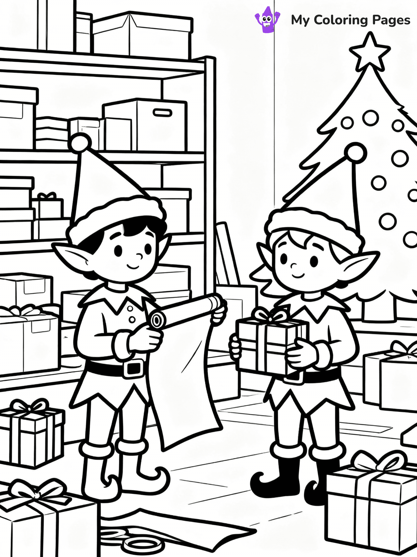 ⚠️ CRITICAL REQUIREMENT - ABSOLUTE BLACK AND WHITE ONLY ⚠️
This MUST be a BLACK AND WHITE line drawing ONLY. NO COLORS whatsoever.
- ONLY pure black lines (#000000) on pure white background (#FFFFFF)
- ABSOLUTELY NO colors, NO shading, NO gradients, NO grayscale
- If there are ANY colors in the output, the image is REJECTED
- This is a COLORING PAGE - meant to be COLORED IN by children
- The output must be UNCOLORED line art ready for coloring
⚠️ SUBJECT TO DRAW: Santa’s elves wrapping presents in a busy workshop, in Christmas-themed style. PURE OUTLINES. NO FILLS, COLOR, SHADING, OR GREYSCALE. WHITE BACKGROUND.
(REMEMBER: Output must be BLACK AND WHITE line art only, NOT colored!)
# Flat, Friendly Cartoon Line-Art Coloring Page
You are generating a **pure black-and-white binary image** of a child-friendly cartoon scene combining characters and background scenery in one cohesive composition.
## Rendering Rules (Strict)
- Only two colors: pure black (#000000) outlines and pure white (#FFFFFF) background.
- No grayscale, shading, gradients, tints, fills, transparency, or partial pixels.
- No antialiasing or blended edges; every pixel is 100% black or white.
- No solid black fills inside shapes — all areas inside outlines must remain white.
- No dark clothing areas or filled tone blocks; all garments outlined only.
- No shadows, textures, lighting, or tonal variations.
- Must look like flat binary vector line-art for coloring pages.
## Drawing & Composition
- **Medium, consistent line weight**; clean closed outlines easy to color inside.
- **Flat, simple, child-friendly design** — no realism or 3D depth.
- Characters are **grounded on a surface**, centered and large.
- **Balanced composition** with clear silhouettes and minimal props.
## Scenery & Style
- Landmarks (e.g., mosque, CN Tower) and scenery (trees, benches, waves) drawn with **black outlines only.**
- For real-world figures, teams, or places, show accurate details using only black outlines—no text or logos. Use distinctive uniform patterns, abstract symbols, and landmark silhouettes to convey identity.
- Keep **consistent perspective**; no floating elements.
- **Style:** whimsical **Doodle Art Alley** — rounded, friendly outlines.
- May adapt shapes from **Crayola, Disney, Peppa Pig, Cocomelon** — *by shape only, never color.*
- Final output: **flat, crisp, binary (#000000/#FFFFFF)**, **no filled color or background text.**
EXTREMELYE IMPORTANT:
- PURE BINARY LINE-ART; NO FILLS (HAIR/CLOTHES/SKIN), SHADING, OR GREY.
- NO SHADING, COLOR. MUST BE WHITE BACKGROUND.
⚠️ FINAL REMINDER: Draw the subject "Santa’s elves wrapping presents in a busy workshop, in Christmas-themed style. PURE OUTLINES. NO FILLS, COLOR, SHADING, OR GREYSCALE. WHITE BACKGROUND." as BLACK AND WHITE line art. Zero colors in output.