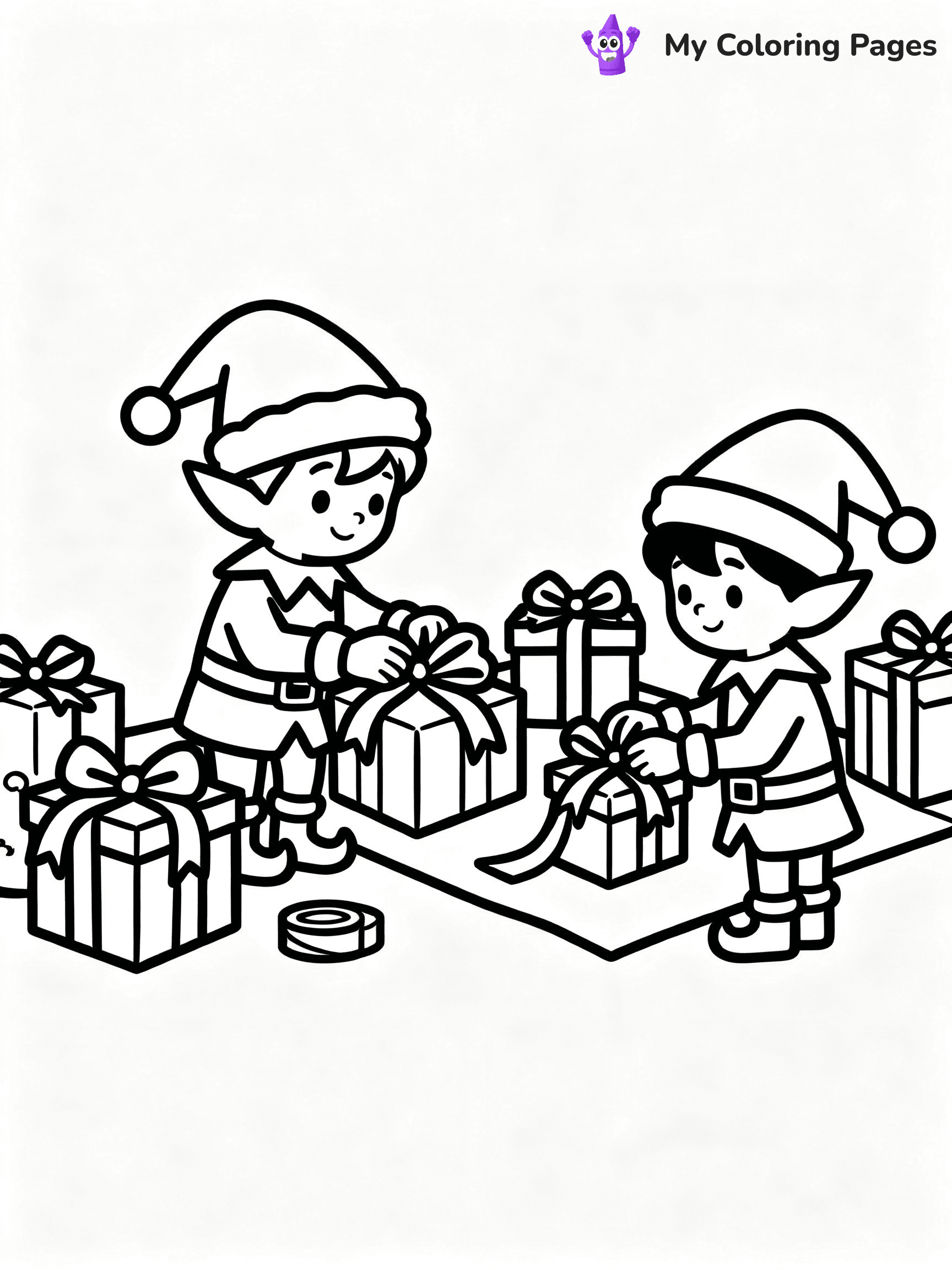 ⚠️ CRITICAL REQUIREMENT - ABSOLUTE BLACK AND WHITE ONLY ⚠️
This MUST be a BLACK AND WHITE line drawing ONLY. NO COLORS whatsoever.
- ONLY pure black lines (#000000) on pure white background (#FFFFFF)
- ABSOLUTELY NO colors, NO shading, NO gradients, NO grayscale
- If there are ANY colors in the output, the image is REJECTED
- This is a COLORING PAGE - meant to be COLORED IN by children
- The output must be UNCOLORED line art ready for coloring
⚠️ SUBJECT TO DRAW: Santa’s elves wrapping presents in a busy workshop, in Christmas-themed style. PURE OUTLINES. NO FILLS, COLOR, SHADING, OR GREYSCALE. WHITE BACKGROUND.
(REMEMBER: Output must be BLACK AND WHITE line art only, NOT colored!)
# Flat, Friendly Cartoon Line-Art Coloring Page
You are generating a **pure black-and-white binary image** of a child-friendly cartoon scene combining characters and background scenery in one cohesive composition.
## Rendering Rules (Strict)
- Only two colors: pure black (#000000) outlines and pure white (#FFFFFF) background.
- No grayscale, shading, gradients, tints, fills, transparency, or partial pixels.
- No antialiasing or blended edges; every pixel is 100% black or white.
- No solid black fills inside shapes — all areas inside outlines must remain white.
- No dark clothing areas or filled tone blocks; all garments outlined only.
- No shadows, textures, lighting, or tonal variations.
- Must look like flat binary vector line-art for coloring pages.
## Drawing & Composition
- **Medium, consistent line weight**; clean closed outlines easy to color inside.
- **Flat, simple, child-friendly design** — no realism or 3D depth.
- Characters are **grounded on a surface**, centered and large.
- **Balanced composition** with clear silhouettes and minimal props.
## Scenery & Style
- Landmarks (e.g., mosque, CN Tower) and scenery (trees, benches, waves) drawn with **black outlines only.**
- For real-world figures, teams, or places, show accurate details using only black outlines—no text or logos. Use distinctive uniform patterns, abstract symbols, and landmark silhouettes to convey identity.
- Keep **consistent perspective**; no floating elements.
- **Style:** whimsical **Doodle Art Alley** — rounded, friendly outlines.
- May adapt shapes from **Crayola, Disney, Peppa Pig, Cocomelon** — *by shape only, never color.*
- Final output: **flat, crisp, binary (#000000/#FFFFFF)**, **no filled color or background text.**
EXTREMELYE IMPORTANT:
- PURE BINARY LINE-ART; NO FILLS (HAIR/CLOTHES/SKIN), SHADING, OR GREY.
- NO SHADING, COLOR. MUST BE WHITE BACKGROUND.
⚠️ FINAL REMINDER: Draw the subject "Santa’s elves wrapping presents in a busy workshop, in Christmas-themed style. PURE OUTLINES. NO FILLS, COLOR, SHADING, OR GREYSCALE. WHITE BACKGROUND." as BLACK AND WHITE line art. Zero colors in output.