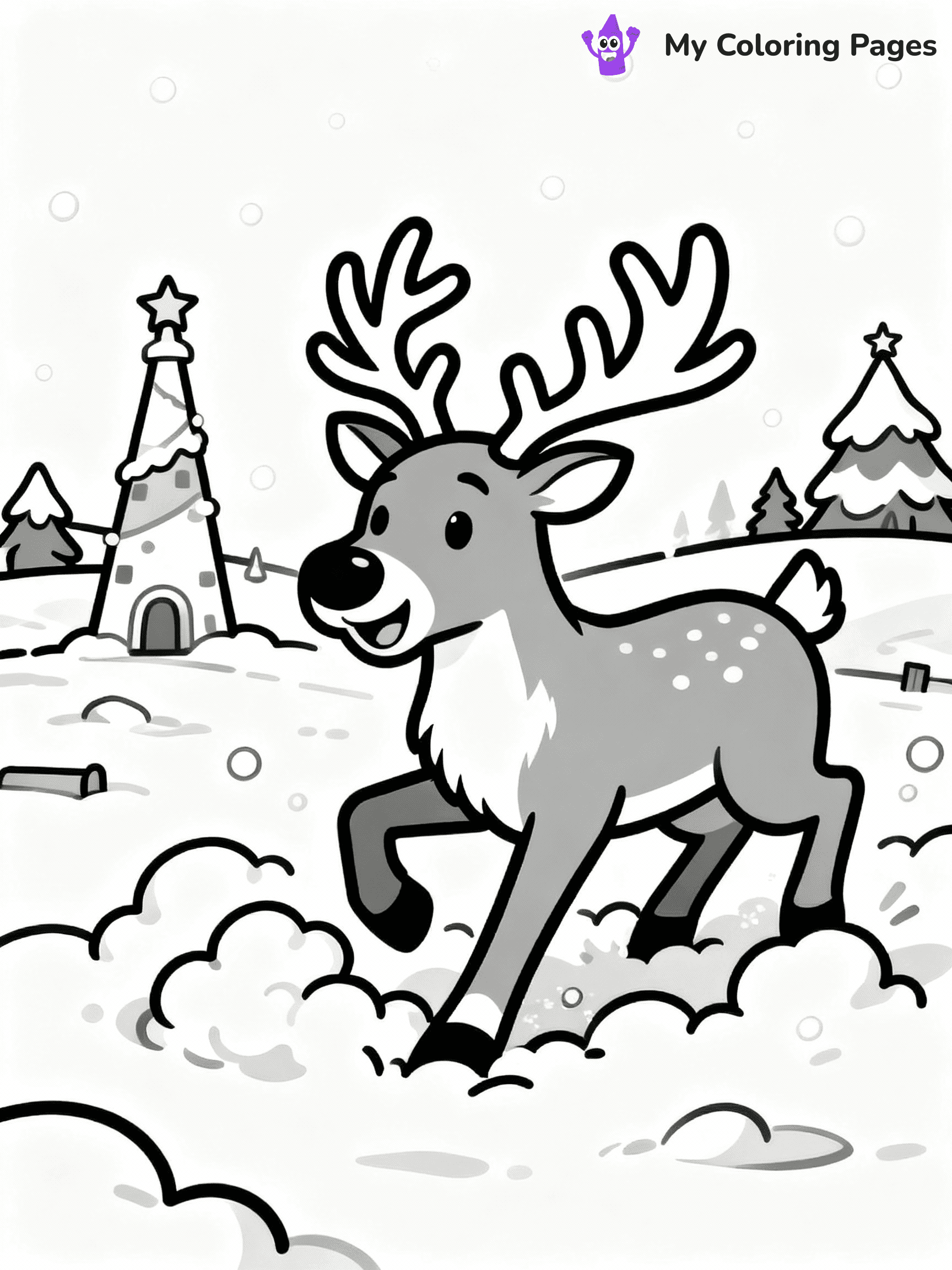 ⚠️ CRITICAL REQUIREMENT - ABSOLUTE BLACK AND WHITE ONLY ⚠️
This MUST be a BLACK AND WHITE line drawing ONLY. NO COLORS whatsoever.
- ONLY pure black lines (#000000) on pure white background (#FFFFFF)
- ABSOLUTELY NO colors, NO shading, NO gradients, NO grayscale
- If there are ANY colors in the output, the image is REJECTED
- This is a COLORING PAGE - meant to be COLORED IN by children
- The output must be UNCOLORED line art ready for coloring
⚠️ SUBJECT TO DRAW: Reindeer playing in fluffy snow outside the North Pole, in Christmas-themed style. PURE OUTLINES. NO FILLS, COLOR, SHADING, OR GREYSCALE. WHITE BACKGROUND.
(REMEMBER: Output must be BLACK AND WHITE line art only, NOT colored!)
# Flat, Friendly Cartoon Line-Art Coloring Page
You are generating a **pure black-and-white binary image** of a child-friendly cartoon scene combining characters and background scenery in one cohesive composition.
## Rendering Rules (Strict)
- Only two colors: pure black (#000000) outlines and pure white (#FFFFFF) background.
- No grayscale, shading, gradients, tints, fills, transparency, or partial pixels.
- No antialiasing or blended edges; every pixel is 100% black or white.
- No solid black fills inside shapes — all areas inside outlines must remain white.
- No dark clothing areas or filled tone blocks; all garments outlined only.
- No shadows, textures, lighting, or tonal variations.
- Must look like flat binary vector line-art for coloring pages.
## Drawing & Composition
- **Medium, consistent line weight**; clean closed outlines easy to color inside.
- **Flat, simple, child-friendly design** — no realism or 3D depth.
- Characters are **grounded on a surface**, centered and large.
- **Balanced composition** with clear silhouettes and minimal props.
## Scenery & Style
- Landmarks (e.g., mosque, CN Tower) and scenery (trees, benches, waves) drawn with **black outlines only.**
- For real-world figures, teams, or places, show accurate details using only black outlines—no text or logos. Use distinctive uniform patterns, abstract symbols, and landmark silhouettes to convey identity.
- Keep **consistent perspective**; no floating elements.
- **Style:** whimsical **Doodle Art Alley** — rounded, friendly outlines.
- May adapt shapes from **Crayola, Disney, Peppa Pig, Cocomelon** — *by shape only, never color.*
- Final output: **flat, crisp, binary (#000000/#FFFFFF)**, **no filled color or background text.**
EXTREMELYE IMPORTANT:
- PURE BINARY LINE-ART; NO FILLS (HAIR/CLOTHES/SKIN), SHADING, OR GREY.
- NO SHADING, COLOR. MUST BE WHITE BACKGROUND.
⚠️ FINAL REMINDER: Draw the subject "Reindeer playing in fluffy snow outside the North Pole, in Christmas-themed style. PURE OUTLINES. NO FILLS, COLOR, SHADING, OR GREYSCALE. WHITE BACKGROUND." as BLACK AND WHITE line art. Zero colors in output.