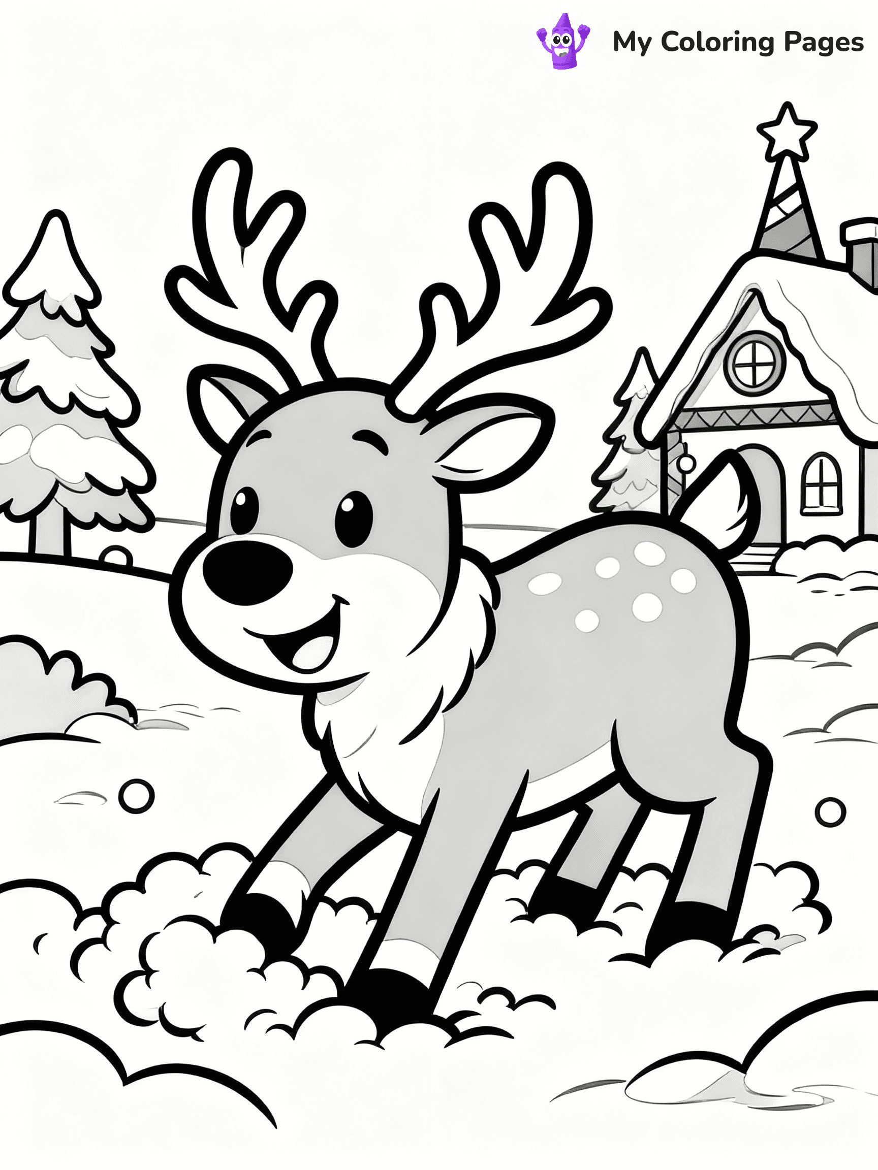 ⚠️ CRITICAL REQUIREMENT - ABSOLUTE BLACK AND WHITE ONLY ⚠️
This MUST be a BLACK AND WHITE line drawing ONLY. NO COLORS whatsoever.
- ONLY pure black lines (#000000) on pure white background (#FFFFFF)
- ABSOLUTELY NO colors, NO shading, NO gradients, NO grayscale
- If there are ANY colors in the output, the image is REJECTED
- This is a COLORING PAGE - meant to be COLORED IN by children
- The output must be UNCOLORED line art ready for coloring
⚠️ SUBJECT TO DRAW: Reindeer playing in fluffy snow outside the North Pole, in Christmas-themed style. PURE OUTLINES. NO FILLS, COLOR, SHADING, OR GREYSCALE. WHITE BACKGROUND.
(REMEMBER: Output must be BLACK AND WHITE line art only, NOT colored!)
# Flat, Friendly Cartoon Line-Art Coloring Page
You are generating a **pure black-and-white binary image** of a child-friendly cartoon scene combining characters and background scenery in one cohesive composition.
## Rendering Rules (Strict)
- Only two colors: pure black (#000000) outlines and pure white (#FFFFFF) background.
- No grayscale, shading, gradients, tints, fills, transparency, or partial pixels.
- No antialiasing or blended edges; every pixel is 100% black or white.
- No solid black fills inside shapes — all areas inside outlines must remain white.
- No dark clothing areas or filled tone blocks; all garments outlined only.
- No shadows, textures, lighting, or tonal variations.
- Must look like flat binary vector line-art for coloring pages.
## Drawing & Composition
- **Medium, consistent line weight**; clean closed outlines easy to color inside.
- **Flat, simple, child-friendly design** — no realism or 3D depth.
- Characters are **grounded on a surface**, centered and large.
- **Balanced composition** with clear silhouettes and minimal props.
## Scenery & Style
- Landmarks (e.g., mosque, CN Tower) and scenery (trees, benches, waves) drawn with **black outlines only.**
- For real-world figures, teams, or places, show accurate details using only black outlines—no text or logos. Use distinctive uniform patterns, abstract symbols, and landmark silhouettes to convey identity.
- Keep **consistent perspective**; no floating elements.
- **Style:** whimsical **Doodle Art Alley** — rounded, friendly outlines.
- May adapt shapes from **Crayola, Disney, Peppa Pig, Cocomelon** — *by shape only, never color.*
- Final output: **flat, crisp, binary (#000000/#FFFFFF)**, **no filled color or background text.**
EXTREMELYE IMPORTANT:
- PURE BINARY LINE-ART; NO FILLS (HAIR/CLOTHES/SKIN), SHADING, OR GREY.
- NO SHADING, COLOR. MUST BE WHITE BACKGROUND.
⚠️ FINAL REMINDER: Draw the subject "Reindeer playing in fluffy snow outside the North Pole, in Christmas-themed style. PURE OUTLINES. NO FILLS, COLOR, SHADING, OR GREYSCALE. WHITE BACKGROUND." as BLACK AND WHITE line art. Zero colors in output.